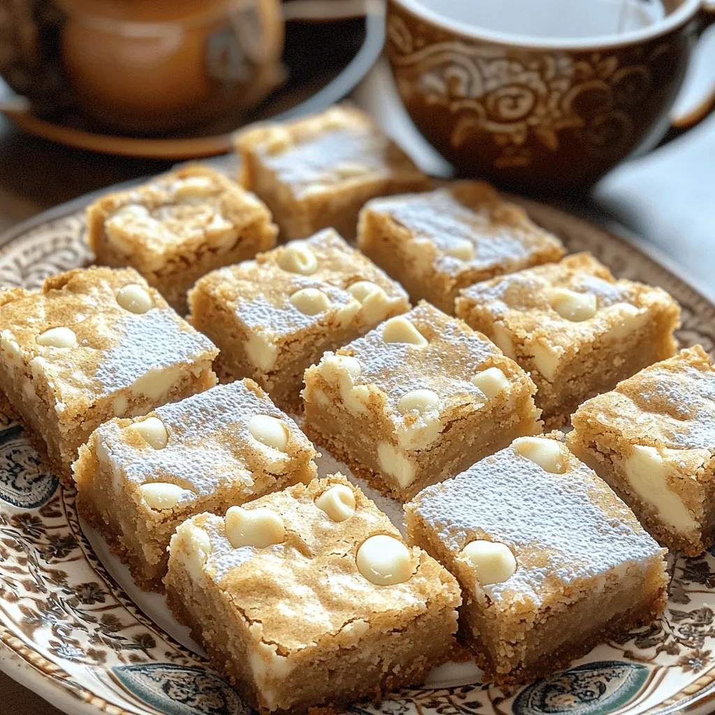 To make chai-spiced white chocolate blondies, you need the following ingredients: - 1 cup unsalted butter, melted - 1 cup brown sugar, packed - 1/2 cup granulated sugar - 2 large eggs - 2 teaspoons vanilla extract - 2 cups all-purpose flour - 1 teaspoon baking powder - 1/2 teaspoon salt - 1 teaspoon ground cinnamon - 1/2 teaspoon ground ginger - 1/4 teaspoon ground cardamom - 1/4 teaspoon ground cloves - 1 cup white chocolate chips - Optional: Chopped nuts (e.g., walnuts or pecans) Using the correct measurements is key for great blondies. Here’s a breakdown: - Butter: 1 cup, melted, adds richness. - Brown Sugar: 1 cup, packed, for that deep flavor. - Granulated Sugar: 1/2 cup, gives sweetness and a nice texture. - Eggs: 2 large, act as a binder. - Vanilla Extract: 2 teaspoons, for warmth and depth. - Flour: 2 cups, forms the base. - Baking Powder: 1 teaspoon, helps them rise. - Salt: 1/2 teaspoon, enhances flavor. - Spices: Cinnamon, ginger, cardamom, and cloves give the chai twist. - White Chocolate Chips: 1 cup, for sweet bursts in each bite. - Optional Nuts: Add 1/2 cup if you like crunch. You can swap some ingredients based on what you have. Here are some ideas: - Butter: Use coconut oil for a dairy-free version. - Sugars: Try coconut sugar for a less refined option. - Eggs: Use flax eggs (1 tablespoon ground flaxseed + 2.5 tablespoons water) for a vegan choice. - Flour: Substitute with almond flour for a gluten-free option. - White Chocolate Chips: Dark or milk chocolate can work too, but will change the flavor. - Nuts: Try different nuts or leave them out if you prefer. These ingredients come together to create blondies that are soft, sweet, and full of flavor. Adjust them to fit your taste or dietary needs! Start by preheating your oven to 350°F (175°C). Line a 9x9 inch baking pan with parchment paper. Leave some paper hanging over the edges. This helps you lift the blondies out easily later. In a large bowl, whisk the melted butter with brown and granulated sugar. Mix until it's smooth. Next, add each egg one at a time. Stir well after each egg. Then, mix in the vanilla extract. In another bowl, sift the flour, baking powder, salt, and spices—cinnamon, ginger, cardamom, and cloves. Slowly add the dry mix to the wet mix. Stir until just combined. Don’t overmix; this keeps the blondies light and fluffy. Finally, fold in the white chocolate chips and nuts if you want extra texture. Pour the batter into your lined pan. Use a spatula to spread it evenly. Bake in your preheated oven for 25-30 minutes. Check if the edges are set. Insert a toothpick in the center; it should come out with a few moist crumbs. Once done, take it out and let it cool for about 10 minutes. Lift the blondies from the pan using the parchment paper. Place them on a wire rack to cool completely. After they cool, cut them into squares. Enjoy these sweet treats! To bake the best chai-spiced white chocolate blondies, follow these steps: - Use Fresh Spices: Fresh spices give the best flavor. Buy whole spices and grind them if possible. - Melted Butter: Use melted butter for a rich taste. It helps blend the sugar well. - Mix Gently: When adding dry ingredients, mix gently. This keeps your blondies light. - Check Your Oven: Every oven is different. Use an oven thermometer for accuracy. Avoid these common mistakes when making blondies: - Overmixing: Mixing too much makes blondies dense. Stop mixing as soon as you see no dry flour. - Wrong Pan Size: Use a 9x9 inch pan. A smaller pan can lead to undercooked centers. - Not Cooling: Don’t cut blondies while hot. Let them cool to keep the texture nice. To make these blondies even better, try these ideas: - Add Nuts: Chopped walnuts or pecans add crunch. They pair well with the spices. - Extra Spice: For more warmth, add an extra pinch of cinnamon or ginger. - Flavor Pairing: Serve with chai tea. The flavors complement each other perfectly. - Drizzle Chocolate: A light drizzle of melted white chocolate on top adds elegance. {{image_2}} You can change the spice mix in these blondies. Try adding nutmeg for a warm touch. You can also use allspice for a different flavor. Mixing in some black pepper gives a bit of heat. Adjust the spices based on your taste. Each blend creates a unique twist on the classic recipe. Feel free to personalize your blondies with add-ins. Chopped nuts like walnuts or pecans add crunch. Dried fruit, such as cranberries or apricots, gives a sweet bite. For a richer flavor, try adding coconut flakes. You can also mix in dark or milk chocolate chips. Get creative with what you love! You can make these blondies gluten-free easily. Substitute all-purpose flour with almond flour or a gluten-free blend. For a dairy-free version, use coconut oil instead of butter. Swap white chocolate chips for dairy-free chocolate chips. These swaps keep the flavor while meeting dietary needs. Enjoy your blondies without worry! To keep your chai-spiced white chocolate blondies fresh, store them in an airtight container. Line the container with parchment paper to prevent sticking. Place a layer of blondies inside, and cover them with more parchment. This helps keep them soft and moist. Store them at room temperature for up to five days. If you live in a humid area, consider putting them in the fridge. If you want to save some blondies for later, freezing is a great option. First, let the blondies cool completely. Then, cut them into squares. Wrap each square tightly in plastic wrap. Place the wrapped squares in a freezer bag or container. Label the bag with the date. You can freeze them for up to three months. When you’re ready to enjoy, thaw them in the fridge overnight or at room temperature for a few hours. When serving leftovers, reheat them for a warm treat. Use the microwave for about 10-15 seconds. This makes the white chocolate chips melty and delicious. Serve with a cup of chai for a perfect pairing. You can also dust the tops with powdered sugar for a nice touch. If you have nuts, sprinkle some on top for extra crunch. Enjoy your blondies fresh and warm! Yes, you can use dark or milk chocolate. Each option brings a different taste. Dark chocolate adds a rich, bold flavor. Milk chocolate gives a sweeter, creamier touch. I suggest using the same amount as white chocolate chips in the recipe, one cup. You can check if the blondies are done by looking at the edges. They should be set and slightly golden. Insert a toothpick into the center. If it comes out with a few moist crumbs, they are ready. Baking time is about 25-30 minutes, but ovens can vary. These blondies pair well with chai tea for a cozy treat. You can also serve them with vanilla ice cream for a nice contrast. Add fresh fruit like berries for a burst of flavor. A drizzle of caramel sauce can also make them even more tempting. You now have everything to make amazing blondies. We covered the ingredients you need and how to measure them. You learned the steps to prepare and bake, plus tips to avoid common mistakes. I also shared ways to change up your recipe and how to store your treats. With these details, you can make blondies that taste great every time. Enjoy sharing your delicious creations with others, or keep them all to yourself! It’s your choice. Happy baking!