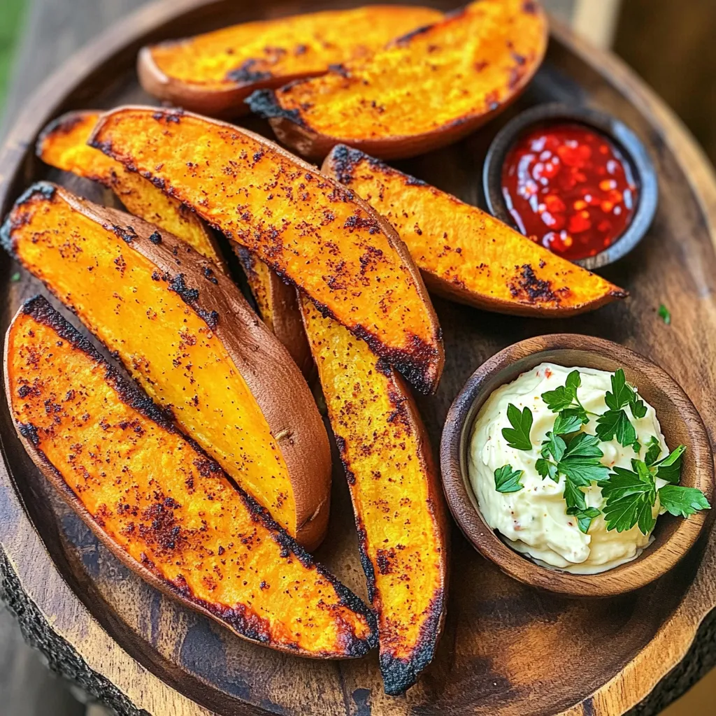 - 2 large sweet potatoes, scrubbed and cut into wedges - 2 tablespoons olive oil - 1 teaspoon smoked paprika - 1 teaspoon garlic powder - 1/2 teaspoon cayenne pepper (adjust to taste) - Salt and pepper to taste For the sweet potato wedges, I recommend using two large sweet potatoes. These will give you a nice amount to share. You will also need olive oil to help the spices stick. Smoked paprika adds a warm flavor. Garlic powder gives it depth, while cayenne pepper adds a nice kick. Don’t forget to add salt and pepper to enhance the taste. Adjust the cayenne to your spice preference. - 1/2 cup mayonnaise - 2 tablespoons lemon juice - 1 teaspoon sriracha sauce (or more for extra heat) - 1 garlic clove, minced - Salt to taste For the spicy aioli, you need half a cup of mayonnaise as the base. Add two tablespoons of fresh lemon juice for brightness. The sriracha sauce gives it heat, and you can use more if you like it spicier. One minced garlic clove will enhance the flavor. A pinch of salt will round out the taste. If you want to customize, consider adding herbs or more spices to fit your taste. To start, grab two large sweet potatoes. Scrub them well under running water. Then, cut each potato into wedges. Aim for wedges that are about 1 inch thick. This helps them cook evenly. In a large bowl, mix the wedges with olive oil, smoked paprika, garlic powder, cayenne pepper, salt, and pepper. Toss them until each wedge is well-coated. This seasoning mix brings out great flavors. Next, preheat your air fryer. Set it to 400°F (200°C) and let it heat for about 5 minutes. Preheating is very important. It helps the wedges cook evenly and get that nice crispiness. Without preheating, they may turn out soggy. Now, place the seasoned sweet potato wedges in the air fryer basket. Try to arrange them in a single layer. If your air fryer is small, you might need to work in batches. Cook the wedges for 15-20 minutes. Halfway through, shake the basket to help them cook evenly. You're looking for a golden color and a crispy texture. While the wedges cook, it's time to make the spicy aioli. In a small bowl, combine mayonnaise, lemon juice, sriracha, minced garlic, and a pinch of salt. Mix well until smooth. If you want more heat, add extra sriracha. This dip pairs perfectly with the sweet potato wedges. Once the wedges are done, take them out of the air fryer and let them cool for a minute. For a nice presentation, arrange the wedges on a serving platter. Sprinkle some fresh parsley on top for color. Place the spicy aioli in a small bowl at the center for dipping. Enjoy your delicious treat! To get those sweet potato wedges nice and crispy, I recommend cooking them at 400°F (200°C). Preheat your air fryer for about 5 minutes. Cook the wedges for 15-20 minutes, shaking the basket halfway through. This shake helps them cook evenly. If you want extra crunch, you can spray a little olive oil on them before cooking. You can easily change the heat level in the spicy aioli and the wedges. For the aioli, add more sriracha sauce if you like it spicier. Start with one teaspoon and taste it. For the sweet potato wedges, use cayenne pepper to adjust the heat. Add less for a mild flavor or more for a kick. Just remember, you can always add more spice, but you can't take it away! Avoid soggy wedges by not overcrowding the air fryer basket. Arrange the wedges in a single layer for best results. If they overlap, they won’t crisp up well. Also, make sure to coat the wedges evenly with olive oil and spices. This helps them cook properly and achieve that golden color we all love. If you notice they are not browning, you might need a bit more time in the fryer. {{image_2}} You can change up the flavor of your sweet potato wedges easily. Here are some fun ideas: - Cinnamon and Sugar: For a sweet twist, mix cinnamon and a little sugar. Sprinkle it on the wedges before cooking. - Italian Herbs: Use dried oregano, basil, and thyme. This makes a great herb blend. - Cajun Spice: Add a mix of cayenne, paprika, and garlic powder for a spicy kick. - Lemon Zest: Grate some lemon zest for a fresh, bright flavor. These simple changes can give your wedges new life. Making different aioli flavors is fun and easy. Here are some ideas to try: - Roasted Garlic Aioli: Roast garlic cloves and mash them into your aioli. This adds a rich flavor. - Herbed Aioli: Stir in fresh herbs like parsley or dill for a fresh taste. - Chipotle Aioli: Add chipotle peppers in adobo sauce for a smoky, spicy dip. - Curried Aioli: Mix in curry powder for a unique and bold flavor. Experimenting with these twists can make dipping even more exciting. Sweet potato wedges pair well with many dishes. Here are some tasty suggestions: - Grilled Chicken: The savory taste of grilled chicken complements the sweetness of the wedges. - Tacos: Serve with your favorite tacos for a fun meal. - Salads: Add wedges to a fresh salad for some crunch and flavor. - Dips: Try other dips like hummus or guacamole for variety. These pairings will take your meal to a new level. Enjoy your cooking! To keep your sweet potato wedges fresh, store them in an airtight container. Make sure to let them cool completely before sealing. Place the container in the fridge. They stay good for about three days. When you want to reheat them, use the air fryer. Set it to 350°F (175°C) and cook for 6-8 minutes. This helps them regain crispiness. For the spicy aioli, transfer it to a clean jar or container. Seal it tightly and store it in the fridge. The aioli can last up to a week. If you notice it thickening, just stir in a little water or lemon juice before using it again. This keeps the flavor fresh and tasty. Yes, you can! If you don’t have an air fryer, bake them in your oven. Preheat your oven to 425°F (220°C). Spread the wedges on a baking sheet in a single layer. Bake for about 25-30 minutes or until they turn golden and crispy. Make sure to flip them halfway through for even cooking. You can also fry them in oil for a crunchier texture. Just remember, frying adds more fat. Look for golden brown edges. Your wedges should be crispy on the outside and soft inside. You can test them with a fork; it should slide in easily. Also, listen for a nice sizzle while they cook. If they sound quiet, they may need more time. Sure! Regular potatoes work well too. Russets or Yukon Golds are great options. They will change the flavor a bit. Sweet potatoes are sweeter and more nutritious. If you use regular potatoes, adjust the spices to balance the taste. Sweet potato wedges and spicy aioli make a great snack. We covered the ingredients, step-by-step instructions, and helpful tips. Remember to preheat the air fryer for the best results. Customize your aioli and experiment with different seasonings. Store leftovers properly for later enjoyment. Feel free to try alternative potatoes; you may discover new favorites. Cooking can be fun and tasty. Enjoy creating and sharing these delicious treats with friends and family!