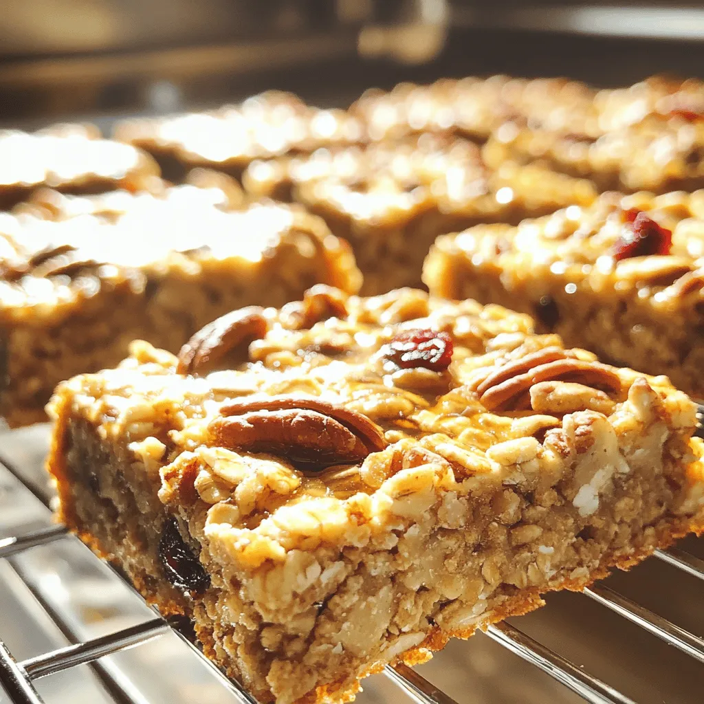 For these tasty bars, you'll need a few key ingredients: - 2 cups rolled oats - 1 cup unsalted almond butter - 1/2 cup pure maple syrup - 1/2 cup unsweetened apple sauce - 1/2 cup chopped pecans - 1/4 cup ground flaxseed - 1 teaspoon baking powder - 1 teaspoon vanilla extract - 1/2 teaspoon salt - 1/2 teaspoon cinnamon These ingredients work together to create a chewy and satisfying snack. Rolled oats provide fiber and texture. Almond butter adds creaminess and healthy fats. Maple syrup gives sweetness and a hint of flavor. You can add dried cranberries for a fruity touch. They bring a nice tartness to balance the sweetness. Here’s how you can enhance the flavor: - 1/2 cup dried cranberries (optional) Feel free to get creative! You could try adding chocolate chips or coconut flakes for extra flavor. If you don't have almond butter, peanut butter is a great swap. It gives a different taste but still works well. For a nut-free version, use sunflower seed butter. Here are some other substitutions: - Maple syrup can be replaced with honey or agave syrup. - You can swap apple sauce for mashed banana or yogurt. - Rolled oats can be replaced with quick oats, but the texture may change. These substitutions help you customize the bars to your taste and dietary needs. Enjoy experimenting with different flavors! First, you need to preheat your oven to 350°F (175°C). This step is important for even baking. While the oven heats, take a 9x9 inch baking pan. Grease it lightly with oil or use parchment paper. This ensures the bars come out easily after baking. Next, grab a large mixing bowl. Add 2 cups of rolled oats, 1/4 cup of ground flaxseed, 1 teaspoon of baking powder, 1/2 teaspoon of salt, and 1/2 teaspoon of cinnamon. Mix these dry ingredients well. Stirring helps to blend the flavors throughout. In another bowl, you will mix the wet ingredients. Combine 1 cup of unsalted almond butter, 1/2 cup of pure maple syrup, 1/2 cup of unsweetened apple sauce, and 1 teaspoon of vanilla extract. Stir until the mixture is smooth and creamy. This texture is key for a good flavor. Now, pour the wet mixture into the dry ingredients. Mix until just combined. If you want, fold in 1/2 cup of chopped pecans and 1/2 cup of dried cranberries for extra flavor. Spread this mixture evenly in the prepared pan. Press it down firmly to help it hold together. Bake for 25-30 minutes. The edges should turn golden brown, and a toothpick should come out clean when inserted in the center. Once baked, let it cool for about 10 minutes in the pan. Then transfer it to a wire rack to cool completely. Cut into bars and enjoy! To get the best texture in your Maple Pecan Baked Oatmeal Bars, use rolled oats. They give a chewy feel that quick oats can't match. Ground flaxseed adds a nice touch, making the bars hold together well. Press the mixture firmly into the pan before baking. This step helps the bars stay together after they cool. You can adjust the sweetness of your bars to fit your taste. Start with the amount of maple syrup in the recipe. If you want more sweetness, add a little extra syrup or some honey. For a less sweet option, use less syrup or skip the dried cranberries. The apple sauce adds natural sweetness, so keep that in mind! Having the right tools makes baking easier. A 9x9 inch baking pan works best for this recipe. Greasing it or using parchment paper helps with easy removal. A large mixing bowl is great for combining the dry ingredients. A sturdy spatula is perfect for mixing the wet and dry ingredients. Finally, use a toothpick to check if your bars are baked through. {{image_2}} If you want to make these bars nut-free, it's easy! Just swap almond butter for sunbutter or soy nut butter. Both options taste great and keep your bars creamy. You can also skip the pecans entirely. Instead, use seeds like pumpkin or sunflower seeds. They add a nice crunch without nuts. You can get creative with fruits and seeds! Try adding fresh or dried fruits like blueberries, bananas, or apples. They add natural sweetness and flavor. Dried cranberries are a nice touch too, but feel free to mix them up. If you want extra nutrition, add chia seeds or hemp seeds for a boost. Making these bars vegan is simple! Use maple syrup as your sweetener, and ensure your almond butter is vegan-friendly. For gluten-free options, make sure your oats are labeled gluten-free. This way, everyone can enjoy these tasty treats without worry. Just remember to check the labels of all ingredients to keep it safe. Store your Maple Pecan Baked Oatmeal Bars in an airtight container. This keeps them fresh and prevents them from drying out. You can place parchment paper between the bars to avoid sticking. They will stay good in the fridge for up to a week. To freeze, wrap each bar tightly in plastic wrap or foil. Place them in a freezer-safe bag or container. Make sure to label the bag with the date. These bars can last for about three months in the freezer. When you are ready to eat them, simply thaw overnight in the fridge. Reheat your bars for a warm treat. You can use a microwave or an oven. In the microwave, heat for 15-20 seconds. If you prefer the oven, set it to 350°F (175°C) and warm for about 10 minutes. This will make them soft and tasty again. Enjoy your delicious snack! Yes, you can use quick oats. However, the texture will change. Quick oats cook faster and can make the bars softer. Rolled oats provide a chewier bite. If you want that chewy texture, stick with rolled oats. These bars last up to a week in the fridge. Store them in an airtight container. If you freeze them, they can last for about three months. This way, you always have a tasty snack ready! Yes, you can make them ahead of time. Bake the bars, cool them, and store in the fridge. They are great for meal prep. Just grab a bar when you need a snack or breakfast. You can use peanut butter or sunflower seed butter. Both will work well in this recipe. Each option adds its own flavor. Choose one based on your taste or any allergies. Maple pecan baked oatmeal bars are tasty and easy to make. We covered key, optional, and substitute ingredients. You learned step-by-step instructions, tips for texture, and ways to customize. We explored nut-free, vegan, and gluten-free options to fit your needs. Plus, we shared storage tips for freshness. Remember, these bars are flexible and great for any diet. Enjoy your baking and let these bars delight your taste buds!