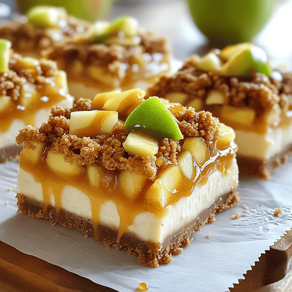 - 1 ½ cups graham cracker crumbs - ½ cup unsalted butter, melted - ¼ cup granulated sugar The crust gives the bars a nice crunch. I use graham cracker crumbs mixed with melted butter and sugar. This mix forms a tasty base. Press it into a baking pan firmly for best results. Bake it for ten minutes to set before adding the next layer. - 16 oz cream cheese, softened - ½ cup granulated sugar - 2 large eggs - 1 tsp vanilla extract - 1 tsp cinnamon The cheesecake layer is creamy and smooth. I beat softened cream cheese with sugar until it’s fluffy. Then, I add eggs, vanilla, and cinnamon. This mix creates a rich cheesecake flavor. Pour it over the crust and spread it evenly. - 2 large apples, peeled, cored, and diced - 2 tbsp lemon juice - 1 tbsp brown sugar - ½ tsp cinnamon For the apple filling, I use two large apples. I peel, core, and dice them first. Toss the apple pieces with lemon juice, brown sugar, and cinnamon. This mix adds a sweet and tart flavor that complements the cheesecake. - ½ cup all-purpose flour - ½ cup rolled oats - ⅓ cup brown sugar - ½ tsp cinnamon - ¼ cup unsalted butter, melted The streusel topping adds a crispy texture. I mix flour, oats, brown sugar, and cinnamon. Then, I drizzle in melted butter and mix it until crumbly. This topping goes on last, adding a beautiful crunch. - ½ cup caramel sauce (store-bought or homemade) Finally, a drizzle of caramel sauce makes these bars special. You can use store-bought caramel for ease or make your own. This sweet sauce ties all the flavors together perfectly. First, you want to preheat your oven to 350°F (175°C). While it heats, line a 9x9-inch baking pan with parchment paper. Leave some paper hanging over the edges. This helps you lift the bars out later. In a mixing bowl, combine 1 ½ cups of graham cracker crumbs, ½ cup of melted unsalted butter, and ¼ cup of granulated sugar. Mix everything until it looks like wet sand. Next, press this mixture firmly into the bottom of your lined pan. Bake the crust for 10 minutes, then take it out and let it cool slightly. In another bowl, beat 16 oz of softened cream cheese with ½ cup of granulated sugar until it is smooth. Add 2 large eggs, 1 tsp of vanilla extract, and 1 tsp of cinnamon. Mix well until all the ingredients blend together. Pour the cheesecake mixture over the cooled crust, spreading it evenly. Take 2 large apples, peel, core, and dice them. In a medium bowl, toss the diced apples with 2 tbsp of lemon juice, 1 tbsp of brown sugar, and ½ tsp of cinnamon. Make sure every piece is coated well. Spoon this apple mixture over the cheesecake layer, spreading it out evenly. For the streusel topping, combine ½ cup of all-purpose flour, ½ cup of rolled oats, ⅓ cup of brown sugar, and ½ tsp of cinnamon in a bowl. Drizzle in ¼ cup of melted unsalted butter and mix until it becomes crumbly. Sprinkle this topping generously over the apple layer. Now, place your pan in the preheated oven. Bake for 35-40 minutes. The edges should turn golden, and the center should feel set. Once done, let the bars cool in the pan for about 20 minutes. After that, refrigerate them for at least 2 hours to let them set completely. To get the best crust, start with fresh graham cracker crumbs. Mix them with melted butter and granulated sugar. Press this mixture firmly into your baking pan. Use the bottom of a measuring cup to make it even. Bake it for 10 minutes at 350°F. Let it cool slightly before adding the cheesecake layer. This step sets a solid base for your bars. Mixing your cheesecake layer gently is key to a smooth texture. Beat the cream cheese until soft first. Then, add sugar and mix until there are no lumps. Adding eggs one at a time helps, too. Overmixing can add air, which leads to cracks. Bake the cheesecake layer until it is just set in the middle. This ensures a creamy, crack-free result. Be sure to coat your diced apples evenly with lemon juice, brown sugar, and cinnamon. This not only adds flavor but also helps keep the apples from browning. When you spoon the apple mixture over the cheesecake, spread it out gently. Aim for even coverage. This way, every bite will have a taste of delicious apples. For a delightful presentation, cut the bars into squares. Drizzle warm caramel sauce over each piece. Add a sprinkle of cinnamon for extra flair. Serve with whipped cream or vanilla ice cream on the side. These treats are perfect for gatherings or a cozy night in. Enjoying them fresh from the fridge gives a tasty contrast to the warm caramel. {{image_2}} You can make these bars gluten-free by using a few simple swaps. Instead of graham cracker crumbs, use gluten-free cookies or almond flour. For the streusel, replace all-purpose flour with gluten-free flour. This keeps the taste while meeting dietary needs. While apples are the star, feel free to mix it up. Pears, peaches, or berries can also work well. Use the same amount of diced fruit in the filling. Each fruit adds its own flavor, making the bars unique. Adding spices or extracts can boost flavor. Consider nutmeg, ginger, or even cardamom for warmth. You can also add a splash of maple or almond extract to the cheesecake mix. These small changes can create a new twist on a classic. To keep your leftover caramel apple streusel cheesecake bars fresh, wrap them well. Use plastic wrap or aluminum foil to cover them tightly. You can also place them in an airtight container. This way, they stay moist and tasty in the fridge for up to five days. If you want to save them longer, freeze the bars. First, cut them into squares. Then, wrap each square in plastic wrap. Place wrapped bars in a freezer-safe bag. They will keep well for up to three months. When you're ready to enjoy your leftover bars, you can reheat them. Preheat your oven to 300°F (150°C). Place the bars on a baking sheet and warm them for about 10 minutes. This method brings back their creamy texture. If you're in a hurry, you can use the microwave. Heat each bar for about 15-20 seconds. Just be careful not to overheat, as this can make them too soft. These cheesecake bars are best when fresh, but they can last. In the fridge, they stay good for five days. If you freeze them, they will stay fresh for three months. However, for the best taste and texture, try to eat them within a month. Enjoying them sooner means you get the best caramel and apple flavor! Yes, you can use a pre-made crust. It saves time and makes baking easy. Store-bought graham cracker crusts work well. Just check the size to fit your pan. This option gives you a tasty base without the extra work. To cut cheesecake bars, use a sharp knife. Dip the knife in warm water before each cut. Wipe it clean after each slice to keep edges neat. This method gives you clean, even pieces. It helps the bars look great for serving. Yes, you can make these bars ahead of time. Prepare and bake them, then cool completely. Store in the fridge for up to three days. They taste great chilled and are ready to serve. Just drizzle the caramel just before serving for freshness. Serve caramel sauce on the side or drizzle it on top. Warm the sauce for a nice touch. You can use homemade or store-bought caramel. Adding a sprinkle of sea salt can enhance the flavor. This makes each bite even more delicious. This recipe guide walks you through making delicious cheesecake bars with apple filling. You learned about the key ingredients, step-by-step instructions, and useful tips to ensure success. The variations cater to different dietary needs and preferences. Storing and reheating tips help you enjoy your bars longer. Remember, baking is an adventure. Use this guide to create a treat that everyone loves. Enjoy the process and savor every bite of your creation!