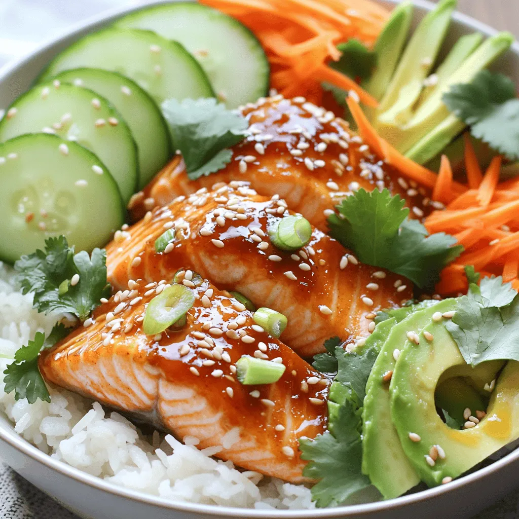 For these tasty bowls, you need: - 2 salmon fillets - 2 tablespoons honey - 1 tablespoon soy sauce - 1 teaspoon sriracha (adjust for spice level) - 1 tablespoon olive oil - 1 cup jasmine rice - 2 cups water - 1 cucumber, thinly sliced - 1 avocado, sliced - 1 carrot, julienned - 2 green onions, chopped - Sesame seeds for garnish - Fresh cilantro for garnish - Salt and pepper to taste These ingredients create a great balance of sweet, spicy, and fresh flavors. The key to the flavor in this dish lies in a few essential items: - Honey adds sweetness. - Soy sauce brings depth. - Sriracha gives heat. Mixing these three creates a lovely marinade for the salmon. You can adjust the sriracha to fit your spice preference. To make your rice bowl even better, consider these toppings: - Sesame seeds add crunch. - Fresh cilantro gives brightness. - Extra green onions enhance flavor. You can mix and match these toppings. They add color and flavor, making the meal more fun and tasty. Start by rinsing the jasmine rice. Place it in a fine mesh sieve under cold water. Keep rinsing until the water runs clear. This step removes excess starch. Next, in a medium saucepan, combine the rinsed rice and 2 cups of water. Bring this mixture to a boil over high heat. Once it boils, reduce the heat to low. Cover the pot and let it simmer for about 15 minutes. The water should be fully absorbed. Afterward, remove it from heat and let it sit covered for 5 more minutes. This resting time makes the rice fluffy. Grab a small bowl and mix honey, soy sauce, and sriracha. Stir it well to combine. You can adjust the sriracha to your taste. If you like it spicy, add more! Next, place the salmon fillets in a shallow dish or a ziplock bag. Pour the marinade over the salmon, ensuring it gets coated well. Cover the dish or seal the bag. Let the salmon marinate in the fridge for 15 to 30 minutes. This step makes the salmon flavorful and tender. Heat olive oil in a skillet over medium-high heat. While it heats, take the salmon from the marinade. Remember to keep the marinade for later. Season the salmon with salt and pepper on both sides. Place the salmon fillets skin-side down in the hot skillet. Cook for about 4 to 5 minutes until it’s golden brown. Flip the fillets and cook for another 3 to 4 minutes. Brush the salmon occasionally with the reserved marinade. The salmon should flake easily with a fork when done. Once the rice is ready, fluff it gently with a fork. Divide the rice evenly into serving bowls. Place a piece of the cooked salmon on top of the rice in each bowl. Now, it’s time for some color! Arrange cucumber slices, avocado, and julienned carrots around the salmon. This makes the dish look vibrant and fresh. For the final touch, garnish each bowl with chopped green onions, sesame seeds, and fresh cilantro. These add flavor and a nice crunch. If you have any remaining marinade, drizzle it over each bowl. This gives an extra boost of flavor. Now you are ready to enjoy your spicy honey salmon rice bowls! To cook the salmon just right, start with a hot skillet. Heat olive oil on medium-high heat. Once the oil shimmers, place the salmon skin-side down. Cook for 4-5 minutes. This helps the skin crisp up. Flip the salmon and cook for another 3-4 minutes. The salmon should flake easily when done. Use a fork to check. If it breaks apart, it’s ready! Brush it with leftover marinade for extra flavor. The marinade is key to this dish. You can adjust the flavors to suit your taste. Add more sriracha for extra heat or reduce it for less spice. Try using maple syrup instead of honey for a different sweetness. You can also mix in garlic or ginger for added depth. Let the salmon soak in the marinade for at least 15 minutes. This allows the flavors to infuse well into the fish. When serving, arrange the toppings nicely. Place cucumber, avocado, and carrot around the salmon for color. Don’t forget to sprinkle with green onions and sesame seeds. These add crunch and flavor. Drizzling extra marinade over the top gives it a nice finish. Pair these bowls with a light salad or steamed veggies for a full meal. Enjoy your beautiful and tasty creation! {{image_2}} You can easily swap salmon for other proteins. Chicken breast works great. Just use the same marinade for flavor. Tofu is another good option. It soaks up the marinade well. Cook it until golden brown for a nice texture. You can also try shrimp. They cook fast and add a nice bite. For a vegetarian twist, use grilled vegetables. Bell peppers, zucchini, and mushrooms add great flavor. You can also use chickpeas. Roast them with a little olive oil and spices. This gives a crunchy texture. Another fun idea is to use quinoa instead of rice. It adds protein and a nutty taste. Feel free to change the marinade to fit your taste. You can use maple syrup instead of honey. It gives a different sweetness. Try adding lime juice for a zesty kick. Swap out sriracha with your favorite hot sauce for a unique twist. If you like garlic, add minced garlic to the marinade. This gives a rich flavor to the dish. Store your leftover Spicy Honey Salmon Rice Bowls in an airtight container. This keeps the flavors fresh and tasty. Let the salmon cool down to room temperature before you seal it. Always use the leftovers within three days for best quality. To reheat, place the salmon and rice in a microwave-safe dish. Cover it with a damp paper towel. Heat on medium for one to two minutes. Check if it's warm enough. If not, heat for an extra 30 seconds. This method keeps the salmon moist and the rice fluffy. You can freeze the salmon and rice separately. Wrap them tightly in plastic wrap or foil, then place in a freezer bag. This helps avoid freezer burn. Use the frozen salmon within three months for best taste. When ready to eat, thaw in the fridge overnight before reheating. You can prepare the rice and salmon ahead of time. Cook the rice and let it cool. Store it in the fridge for up to three days. Marinate the salmon and keep it in the fridge, too. When ready to eat, just cook the salmon fresh. This keeps the taste bright and helps you save time. Absolutely! You can swap jasmine rice for brown rice, basmati, or even quinoa. Each type adds its unique flavor and texture. Just adjust the cooking time based on your choice. Brown rice takes longer, while sushi rice may need less time. To change the spice, add more or less sriracha in the marinade. You can also choose a milder or hotter brand. For a sweet twist, add more honey to balance the heat. You can even serve with a side of yogurt or sour cream to cool it down. Salmon is done when it flakes easily with a fork. It should also have a light pink color in the center. Use a meat thermometer for precision; it should reach 145°F. If you’re unsure, slightly undercooked salmon is usually better than overcooked. Yes, you can use other fish like trout or tilapia. Chicken or pork works well, too. Just adjust the cooking time based on the protein you choose. For chicken, ensure it reaches 165°F. For pork, aim for 145°F. Each option gives a different flavor to your rice bowl. This blog post covered how to make Spicy Honey Salmon Rice Bowls. We talked about key ingredients and spices that bring flavor. I shared step-by-step instructions for cooking and serving. Tips will help you get the best salmon every time. You can even explore variations with different proteins or rice types. In the end, enjoy personalizing these bowls to fit your taste. You can create a meal that feels right for you. Happy cooking, and enjoy every bite!