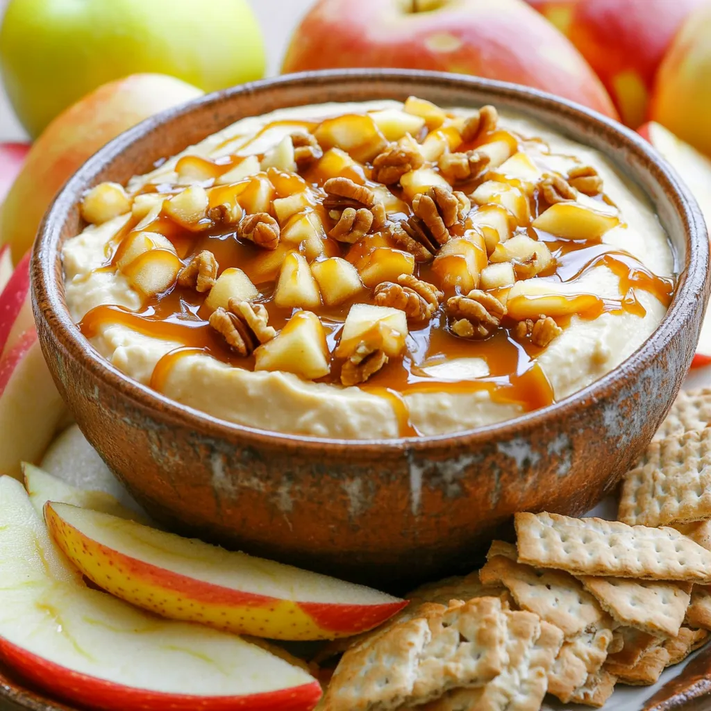 To make this delicious caramel apple cheesecake dip, gather these items: - 8 oz cream cheese, softened - 1/2 cup powdered sugar - 1 cup sour cream - 1 teaspoon vanilla extract - 1 teaspoon ground cinnamon - 1 medium apple, finely chopped (Granny Smith or Honeycrisp) - 1/2 cup caramel sauce (store-bought or homemade) - 1/4 cup chopped walnuts or pecans (optional) - Apple slices and graham crackers for serving These ingredients come together to create a creamy, sweet treat that everyone will love. The apples add a nice crunch, while the caramel brings sweetness. You can tweak this dip for fun. Here are some ideas: - 1/4 cup mini chocolate chips for a chocolate twist - A splash of lemon juice for a zing - Other nuts like almonds or hazelnuts for extra crunch - A sprinkle of sea salt on top for a sweet and salty flavor These optional items allow you to make this dip your own. To prepare this dip, you will need a few tools: - A medium mixing bowl - An electric mixer for smooth mixing - A spatula for folding in the ingredients - A serving bowl to display your dip Having these tools will make the process easy and fun. To make this dip, you need to start with the cream cheese. Take 8 oz of softened cream cheese and put it in a medium mixing bowl. The cream cheese should be soft, so it mixes well. Use an electric mixer to beat it until it's smooth. This step makes the base creamy and delicious. Next, add 1/2 cup of powdered sugar. Mix it in slowly. This sugar gives the dip a sweet taste. Once the sugar is mixed in, add 1 cup of sour cream. This makes the dip richer. Then, stir in 1 teaspoon of vanilla extract and 1 teaspoon of ground cinnamon. These flavors make it taste like fall! Now, chop 1 medium apple into small pieces. You can use Granny Smith or Honeycrisp apples. Fold the chopped apple into the cream mixture. This adds a nice crunch. Finally, mix in half of the 1/2 cup of caramel sauce. This adds a sweet and sticky flavor. After you combine all the ingredients, it’s time to transfer the dip. Use a spatula to move the mixture into a serving bowl. Drizzle the remaining caramel sauce on top for a lovely finish. This makes the dip look good and adds more sweetness. If you want some crunch, sprinkle 1/4 cup of chopped walnuts or pecans on top. This step is optional but adds great texture. Now your dip is ready to serve! Serve your caramel apple cheesecake dip with fresh apple slices and graham crackers. The crisp apples pair well with the creamy dip. The graham crackers add a nice crunch, making it fun to eat. You can also use pretzels or cookies for dipping. Enjoy this tasty treat at parties or as a sweet snack at home! To get a smooth and creamy dip, start with softened cream cheese. I let the cream cheese sit at room temperature for about 30 minutes. This softening helps it blend better with other ingredients. Use an electric mixer to beat the cream cheese first. Mix it until it's fluffy. Gradually add the powdered sugar next. This method keeps the texture light. You can also add sour cream slowly while mixing. This keeps the dip creamy and helps it stay smooth. For this dip, I love using Granny Smith or Honeycrisp apples. Granny Smith apples add a nice tartness that balances the sweetness of the caramel. Honeycrisp apples offer a sweet and crunchy bite. Both types of apples provide great flavor and texture. Make sure to chop the apples finely. This will help them mix well into the dip. You can also try Fuji or Golden Delicious if you want more sweetness. Garnishing makes your dip look fancy and fun! I like to drizzle extra caramel sauce on top. It adds a beautiful shine and extra sweetness. You can also sprinkle chopped walnuts or pecans for crunch. They add a nice texture contrast to the creamy dip. Fresh apple slices can make a great garnish too. Just arrange them around the bowl. This makes your dip inviting and ready to serve. {{image_2}} You can mix in flavors to make this dip unique. Try adding a pinch of nutmeg for warmth. If you like chocolate, fold in mini chocolate chips. You can also swap the apple for pears or peaches. Each fruit gives a different taste and texture. Want a fun twist? Add a splash of maple syrup for extra sweetness. For a lighter version, use Greek yogurt instead of sour cream. It adds protein and reduces fat. You can also use low-fat cream cheese for fewer calories. If you want to cut sugar, try using a sugar substitute. Applesauce can replace half the caramel sauce for a tasty change. These swaps keep the flavor while making it healthier. Instead of apple slices, use other fruits like strawberries or bananas. They dip well and taste great with the cheesecake mix. Try serving it with pretzel sticks for a salty-sweet combo. You could even put it on whole-grain crackers for a crunchy snack. Each option brings a new twist to the classic dip. To keep your dip fresh, store leftovers in an airtight container. Place it in the fridge right after serving. This helps keep the flavors and texture intact. If you want to keep it longer, use a tight lid or wrap it well with plastic wrap. You can freeze this dip, but some texture may change. To freeze, first, place it in a freezer-safe container. Make sure to leave space for expansion. When ready to enjoy, let it thaw in the fridge overnight before serving. Stir it well to restore some creaminess. In the fridge, this dip lasts about 3-5 days. If you freeze it, it can last up to 2 months. However, try to eat it sooner for the best taste. Always check for any off smells or changes in texture before eating. Enjoy your dip while it's fresh for the best flavors! Yes, you can make this dip ahead of time. Mix all the ingredients, then store it in the fridge. It keeps well for up to two days. Just cover it tightly to keep it fresh. Before serving, give it a good stir. This helps restore its creamy texture. You can serve this dip with many tasty options. Here are some ideas: - Apple slices - Graham crackers - Pretzels - Vanilla wafers - Cinnamon sugar pita chips These pair nicely with the sweet and creamy dip. The dip lasts about three to four days in the fridge. Store it in an airtight container. This keeps the flavors fresh and tasty. If you see any change in color or smell, it's best to toss it. Enjoy your dip while it’s still fresh! This blog post covered the key ingredients, preparation, and tips needed to make a delicious Caramel Apple Cheesecake Dip. You now have the tools to create a creamy, flavorful treat. Remember to experiment with different flavors and garnishes to make it your own. Proper storage will ensure you enjoy it longer. Whether for a party or a cozy night in, this dip is sure to impress. Keep these steps in mind, and you will create a dish that everyone loves. Enjoy making and sharing this tasty recipe!