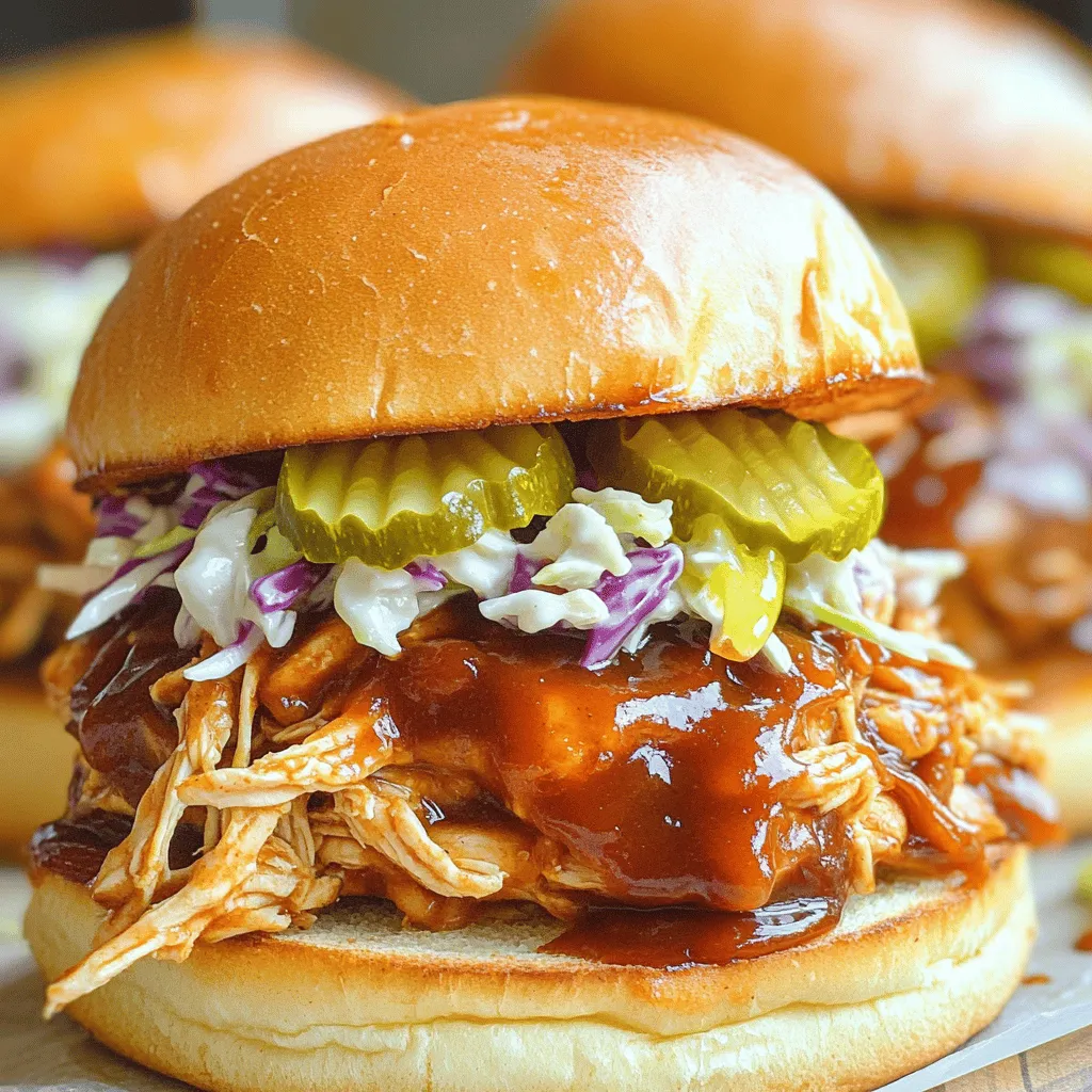 To make slow cooker pulled BBQ chicken sandwiches, you need a few key items. Here’s what you will need: - 2 lbs boneless, skinless chicken breasts - 1 cup BBQ sauce - 1/2 cup chicken broth - 1 tablespoon apple cider vinegar - 1 tablespoon brown sugar - 1 teaspoon smoked paprika - 1 teaspoon garlic powder - 1/2 teaspoon onion powder - 1/2 teaspoon black pepper - Salt to taste - 6 hamburger buns - Optional toppings: coleslaw, pickles Each ingredient plays an important role. The chicken is the star, tender and juicy after slow cooking. The BBQ sauce adds that beloved tang and sweetness. Chicken broth keeps the dish moist. Apple cider vinegar gives a nice zing. Brown sugar balances the flavors. Spices like smoked paprika and garlic powder elevate the taste. When you gather these ingredients, it’s like collecting magic for your meal. Ready to make something great? Let's dive into the next steps! To start, I place the boneless chicken breasts directly into the slow cooker. Make sure the chicken is fresh and fully thawed. Frozen chicken will not cook evenly. Good chicken leads to tasty pulled BBQ sandwiches. Next, I mix the BBQ sauce. In a bowl, I combine these ingredients: - 1 cup BBQ sauce - 1/2 cup chicken broth - 1 tablespoon apple cider vinegar - 1 tablespoon brown sugar - 1 teaspoon smoked paprika - 1 teaspoon garlic powder - 1/2 teaspoon onion powder - 1/2 teaspoon black pepper - Salt to taste I mix well until everything blends. If you want to save time, store-bought sauce works fine. But homemade sauce adds a personal touch and flavor depth. Now it’s time to cook. I pour the sauce over the chicken in the slow cooker. I make sure every piece is coated. I then cover the slow cooker with its lid. For cooking times, I choose low for 6-8 hours or high for 3-4 hours. Covering the pot keeps moisture in and makes the chicken tender. Once the chicken is cooked, I take it out and place it on a plate. I use two forks to shred the chicken into bite-sized pieces. After shredding, I return the chicken to the slow cooker. I mix it with the remaining sauce and let it cook for an extra 15-30 minutes. For serving, I like to toast the hamburger buns. I place a generous portion of pulled chicken on each bun. I often top it with coleslaw and pickles for a tasty crunch. Serve while hot, with extra BBQ sauce on the side if anyone wants more flavor. To avoid dry chicken, choose boneless, skinless chicken breasts. The slow cooker keeps the chicken moist. Always use enough liquid. In this recipe, the BBQ sauce and chicken broth help. This adds flavor and keeps the chicken tender. For cooking times, I suggest these options: - Low setting: Cook for 6-8 hours for super tender chicken. - High setting: Cook for 3-4 hours if you’re short on time. You can boost the flavor with extra spices. Here are a few ideas: - Add cayenne pepper for heat. - Mix in some Worcestershire sauce for depth. - A splash of lemon juice brightens the taste. If you want to make your own BBQ sauce, here’s a simple mix: - Combine ketchup, brown sugar, apple cider vinegar, and spices. For great sides, try these options: - Baked beans add a smoky taste. - Corn on the cob is sweet and crunchy. - Potato salad is a classic pairing. To garnish your sandwiches, consider: - Coleslaw adds crunch and creaminess. - Pickles give a tangy kick. Enjoy your meal! {{image_2}} BBQ sauce can change your dish’s flavor. You can choose from sweet, tangy, or spicy sauces. Sweet sauces, like Kansas City style, are thick and rich. Tangy sauces, like South Carolina mustard sauce, have a zing. Spicy sauces, like Texas-style, add heat. If you want to try something new, make a homemade BBQ sauce. Start with basic ingredients like ketchup, vinegar, and brown sugar. Mix in spices like smoked paprika or garlic powder. Taste as you go and adjust it to your liking. This way, you get a unique sauce that fits your taste. You can switch the chicken for other meats or plant-based options. Pulled pork is a great choice. It cooks well and has a deep flavor. Turkey is another lean option that works nicely. If you prefer plants, use jackfruit or mushrooms. They soak up flavor and shred like meat. When cooking different proteins, adjust the cooking time. Pork and turkey may need longer, about 8 hours on low. For jackfruit, just a few hours will do. Always check for tenderness. While coleslaw and pickles are great, you can get creative with toppings. Try adding avocado or spicy jalapeños for a kick. Different cheeses, like sharp cheddar or pepper jack, can add a nice touch. You might also drizzle extra BBQ sauce or ranch dressing for more flavor. These toppings can change the meal and make it more fun. Experiment with different combinations to find what you like best. Each addition can create a new taste experience. To keep your pulled BBQ chicken fresh, store it in a cool place. Use an airtight container. Glass or plastic containers work well. Keep the chicken in the fridge for up to four days. This way, you can enjoy it later! When reheating chicken, be careful. I suggest using a microwave or stovetop. For the microwave, heat in short bursts. Stir between each burst to keep it juicy. If using the stove, add a splash of water. This helps keep the chicken moist. For buns, it’s best to toast them lightly. You can use a toaster or a skillet. This gives a nice crunch and keeps them from getting soggy. If you want to keep pulled BBQ chicken longer, freeze it. Place the chicken in a freezer-safe bag. Remove as much air as you can. Label the bag with the date. It will stay good for up to three months. When you’re ready to eat, thaw the chicken in the fridge overnight. To reheat, warm it up on the stove or in the microwave. Just remember to add a bit of liquid to keep it moist. You can keep pulled BBQ chicken in the fridge for about 3-4 days. Store it in an airtight container to keep it fresh. If you want to enjoy it later, make sure to label it with the date. This way, you can track how long it has been stored. Yes, you can use frozen chicken in this recipe. The slow cooker will safely cook the chicken while it thaws. Just add a little extra time to the cooking process. If you use frozen chicken, cook it on high for about 4-5 hours, or on low for 7-8 hours. This ensures the chicken cooks well and stays tender. If you want to change the BBQ sauce, try using hot sauce or teriyaki sauce. You can also make a homemade version. Mix ketchup, vinegar, and a little brown sugar for a quick alternative. For those on special diets, use a sugar-free or low-sodium BBQ sauce. Just keep in mind that it might change the flavor. You can cook pulled BBQ chicken on the stovetop or in the oven. For stovetop cooking, use a large pot. Cook the chicken on medium heat for about 30-40 minutes. For oven cooking, place the chicken and sauce in a covered dish. Bake at 300°F for about 2-3 hours, until the chicken is tender. This recipe shows you how to make delicious pulled BBQ chicken with ease. We went through the ingredients, cooking steps, and tips to ensure great flavor. You learned how to customize your dish with different sauces and toppings. Remember, using fresh chicken and the right cooking times keeps it juicy. Enjoy your tasty sandwiches with family or friends. Try new flavors and have fun with it. Simple steps lead to great meals everyone will love.