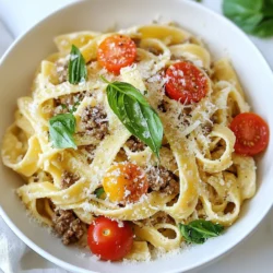 To make creamy beef pasta, gather these ingredients: - 8 ounces of pasta (fettuccine or penne) - 1 pound ground beef - 1 small onion, finely chopped - 2 cloves garlic, minced - 1 cup heavy cream - 1 cup beef broth - 1 cup cherry tomatoes, halved - 1 teaspoon dried Italian herbs - 1 tablespoon olive oil - Salt and pepper to taste - Fresh basil leaves for garnish - Grated Parmesan cheese for serving You can easily swap some ingredients if needed: - Use whole wheat pasta for a healthier option. - Ground turkey or chicken works well instead of beef. - If you lack heavy cream, try using milk or a plant-based cream. - For a fresh taste, swap cherry tomatoes with diced bell peppers. - Any fresh herbs can replace dried Italian herbs. Selecting fresh ingredients is key to great flavor: - Choose pasta that feels firm, with no cracks or holes. - Ground beef should be bright red and have a fresh smell. - Pick onions that feel heavy and have smooth skin. - Fresh garlic should feel firm and have a strong aroma. - Cherry tomatoes should be bright and firm, with no soft spots. - Always check the expiry date on cream and broth before buying. {{ingredient_image_1}} Making creamy beef pasta is easy and fun. You start by cooking the pasta. Then you cook the beef with onions and garlic. Finally, you mix everything together with a creamy sauce. It takes just 30 minutes from start to finish. 1. Cook the Pasta: Bring a large pot of salted water to a boil. Add 8 ounces of your favorite pasta, like fettuccine or penne. Cook according to the package instructions until it's al dente. Drain the pasta and set it aside. 2. Sauté the Onion: In a large skillet, heat 1 tablespoon of olive oil over medium heat. Add 1 small chopped onion. Sauté until the onion looks clear, about 3-4 minutes. 3. Add Garlic: Next, add 2 minced garlic cloves to the skillet. Cook for 1 minute until it smells great. 4. Brown the Beef: Turn up the heat to medium-high. Add 1 pound of ground beef. Cook it, stirring often, until it's browned all over, which takes about 5-7 minutes. If there's extra fat, drain it out. 5. Add Tomatoes: Toss in 1 cup of halved cherry tomatoes. Cook for about 2 minutes until they soften a bit. 6. Make the Sauce: Pour in 1 cup of beef broth. Bring the mixture to a light simmer. Cook for 5 more minutes to let the flavors mix. 7. Creamy Finish: Lower the heat to low. Stir in 1 cup of heavy cream and 1 teaspoon of dried Italian herbs. Let it simmer for 3-4 minutes until it thickens slightly. 8. Season the Dish: Taste the sauce and add salt and pepper as needed. 9. Combine with Pasta: Add the cooked pasta to the skillet. Toss everything together until the pasta is covered in the creamy sauce. 10. Serve: Serve hot, topped with fresh basil leaves and grated Parmesan cheese. - Prep Time: 10 minutes - Cook Time: 20 minutes - Total Time: 30 minutes - Servings: 4 Enjoy this creamy beef pasta as a quick and tasty dinner! To make the sauce truly creamy, use heavy cream. It adds richness that regular milk cannot. When you stir in the cream, do it slowly over low heat. This keeps the sauce smooth and prevents it from curdling. If you want even more flavor, add a splash of white wine before the cream. Let it cook for a minute to reduce. This little step can boost the taste. Overcooked pasta becomes mushy and loses its charm. To avoid this, cook your pasta until it's al dente. This means it should be firm when you bite it. Follow the package instructions for timing. Make sure to taste it a minute or two before the time is up. After draining, toss the pasta with a bit of olive oil. This keeps it from sticking together while you finish the sauce. Serving creamy beef pasta can be fun and creative. Try garnishing with fresh basil leaves. They add color and a fresh taste. A sprinkle of grated Parmesan cheese enhances the dish further. You could pair the pasta with a simple side salad. A mixed green salad with a light vinaigrette balances the richness of the pasta. For a heartier meal, crusty garlic bread is an excellent choice. Enjoy your meal with a glass of red wine for a special touch. Pro Tips Use Fresh Herbs: Fresh basil can elevate the dish with its vibrant flavor. Add it just before serving for maximum freshness. Customize the Pasta: Switch up the pasta type based on your preference; whole wheat or gluten-free options work well too. Adjust the Creaminess: For a lighter version, substitute half of the heavy cream with low-fat milk or Greek yogurt. Make it Spicy: Add a pinch of red pepper flakes or diced jalapeños to the beef for an extra kick. {{image_2}} You can swap out fettuccine or penne for other pasta types. Try using spaghetti for a classic twist. Or, use shells to hold the sauce better. Gluten-free pasta works well too. Just cook it as directed on the package. Each pasta shape gives a new look and texture. Adding vegetables is a great way to boost flavor and nutrition. Spinach adds vibrant color and a fresh taste. Just stir it in during the last few minutes of cooking. Bell peppers or zucchini can add crunch and sweetness. You can also use broccoli for a hearty touch. Cooking these with the beef enhances their flavors. You don’t have to stick with ground beef. Ground turkey or chicken can be lighter choices. If you want something different, try sausage for a spicy kick. For a vegetarian option, use lentils or mushrooms for a meaty feel. Each protein brings a unique taste to the dish. Store your creamy beef pasta in an airtight container. Make sure it cools down first. Place it in the fridge. It will stay fresh for about three days. Always label the container with the date. This helps you keep track. When reheating, use a skillet for best results. Add a splash of beef broth or cream. This keeps the pasta moist. Heat it on medium-low. Stir often to prevent sticking. You can also use the microwave. Cover the bowl to keep moisture in. Heat in short bursts, checking often. To freeze, let the dish cool completely. Transfer it to a freezer-safe container. Leave some space for expansion. You can freeze it for up to three months. For best taste, eat it within a month. Thaw it in the fridge overnight before reheating. You can use milk and butter as a substitute for heavy cream. Mix ¾ cup of milk with ¼ cup of melted butter. This mix will give you a similar creamy texture. You can also use half-and-half if you have it on hand. It will work well, but it may not be as rich. For a lighter option, try using Greek yogurt. It adds creaminess and tanginess to the dish. To make creamy beef pasta ahead, cook the pasta and meat sauce separately. You can store them in the fridge for up to two days. When you are ready to eat, reheat the sauce in a pan. Then, add the cooked pasta and stir. You may want to add a splash of broth or cream to loosen the sauce. This keeps everything nice and creamy. Yes, you can easily make this dish without beef. Ground turkey or chicken works well as a substitute. If you want a vegetarian option, use mushrooms or lentils. They provide a hearty texture and soak up flavors well. You can still use the same creamy sauce for a tasty meal. This blog post covered all you need to know about making creamy beef pasta. We explored important ingredients and how to pick fresh ones. I shared step-by-step cooking instructions, cooking times, and tips for perfecting that creamy sauce. You learned about variations, like pasta choices and adding vegetables, plus proper storage methods. Now you’re ready to create a delicious meal. Enjoy cooking, and don’t hesitate to try your own twists!