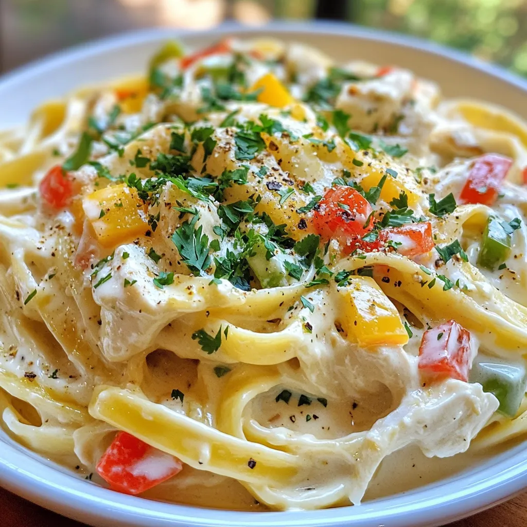 For this creamy delight, you will need: - 2 cups rotisserie chicken, shredded - 12 oz fettuccine pasta - 1 tablespoon olive oil - 1 green bell pepper, diced - 1 red bell pepper, diced - 1 small red onion, finely chopped - 2 cloves garlic, minced - 1 cup heavy cream - 1 cup shredded Monterey Jack cheese - 1/2 cup grated Parmesan cheese These main ingredients blend together to create a rich, savory dish. The rotisserie chicken adds depth and flavor. The fettuccine provides a hearty base, making every bite satisfying. To enhance the taste, we use: - 1 teaspoon cumin - 1 teaspoon chili powder - Salt and pepper to taste Cumin gives a warm, earthy taste. Chili powder adds a mild kick. Adjust salt and pepper to fit your taste. These spices bring the Southwest flair to your Alfredo sauce. For a fresh finish, consider: - Fresh cilantro, for garnish The cilantro adds color and a bright flavor. Sprinkle it on top just before serving. This simple touch makes your dish look and taste even better. {{ingredient_image_1}} To start, fill a large pot with water. Add salt to the water. Bring it to a boil. Once boiling, add the fettuccine pasta. Cook it following the package directions until it is al dente, which means it is firm but not hard. This usually takes about 10 to 12 minutes. After cooking, drain the pasta in a colander. Save half a cup of the pasta water for later. Set the pasta aside. Next, take a large skillet. Heat one tablespoon of olive oil over medium heat. Add the diced green and red bell peppers along with the chopped red onion. Sauté these for about 5 minutes. You want them to soften but not turn mushy. After that, add the minced garlic. Cook this mixture for one more minute. The garlic should smell nice and fragrant. Now it's time for the sauce. Lower the heat to keep it gentle. Pour in one cup of heavy cream. Stir it slowly to combine with the veggies. Then, add one cup of shredded Monterey Jack cheese and half a cup of grated Parmesan cheese. Stir until the cheeses are melted and the sauce is smooth. Add the shredded rotisserie chicken into the sauce. Mix it well so the chicken is covered in the sauce. Now, toss in the cooked fettuccine. Make sure the pasta is well coated with the creamy sauce. Allow the mixture to heat together for 2 to 3 minutes. Stir it often. This helps everything warm up and blend together. If the sauce seems too thick, add a little reserved pasta water until it reaches the right consistency. Once heated, serve your Southwest Rotisserie Chicken Alfredo. Garnish with fresh cilantro for a splash of color and taste. Enjoy! To cook fettuccine just right, start with a big pot. Fill it with water and add salt. Bring the water to a rolling boil. This helps the pasta taste great. Add the fettuccine and cook it according to the package. I like to stir it often. This keeps the pasta from sticking. When it's al dente, drain it but save some water. This water can help fix a thick sauce later. Cheese makes this dish creamy and rich. I love using Monterey Jack for its meltiness. It pairs well with the spicy flavors. Grated Parmesan adds a sharp bite. You can mix them for a balanced taste. Always use fresh cheese when you can. It melts better and tastes so much nicer. Seasoning is key to a tasty Alfredo. I use cumin and chili powder for a southwest twist. They add warmth and depth. Don’t forget salt and pepper; they bring out all the other flavors. Taste your sauce as you cook. This way, you can adjust the spices to your liking. If the sauce needs a lift, try adding a splash of lime juice. It brightens everything up! Pro Tips Use Fresh Ingredients: Always opt for fresh bell peppers and onions for a vibrant flavor and better texture in your Alfredo. Adjust Spice Levels: Feel free to increase or decrease the amount of cumin and chili powder based on your preference for heat and flavor. Make it Creamier: For an extra creamy sauce, consider adding a bit more heavy cream or even a splash of cream cheese. Garnish Generously: Don't skip the fresh cilantro garnish; it adds a burst of freshness that balances the richness of the dish. {{image_2}} You can switch up the protein in this dish. If you prefer beef, use cooked ground beef. For pork lovers, shredded pork works well too. You can also try turkey for a leaner option. Each protein brings a unique taste. Adjust your cooking time based on your choice. If you want a meat-free meal, skip the chicken. Use extra veggies instead. Try adding mushrooms, zucchini, or spinach. These add great flavor and texture. You can also include beans for protein. A blend of different colors makes your dish bright and fun. Want some heat? Add more chili powder or a pinch of cayenne. You can also toss in jalapeños for a fresh kick. If you like it mild, cut back on spices. Adjust the flavor to fit your taste. Finding the right spice level makes this dish your own. After enjoying your Southwest Rotisserie Chicken Alfredo, store leftovers in an airtight container. This helps keep flavors fresh and prevents drying out. Let the dish cool to room temperature before sealing. Proper storage can last about 3 to 4 days in the fridge. Reheating is simple. Place the leftovers in a skillet over low heat. Add a splash of water or cream to keep it moist. Stir often to heat evenly. You can also use a microwave. Heat in short bursts, stirring in between, until warm. If you want to save your Alfredo for later, freezing is a great option. Allow the dish to cool fully. Then, transfer it to a freezer-safe container. It can last up to 2 months in the freezer. To reheat, thaw in the fridge overnight before warming. Yes, you can use other pasta shapes. Try penne, rigatoni, or rotini. Each shape holds the sauce well. Choose a pasta you enjoy. Just keep cooking times in mind. Follow the package's instructions for best results. If you want to skip heavy cream, use half-and-half or whole milk. For a lighter option, blend plain yogurt with a splash of milk. This will still give you a creamy texture. Choose a substitute based on your taste and dietary needs. To make this dish gluten-free, swap regular pasta for gluten-free pasta. Many brands offer great options that taste good. Always check labels to confirm they are certified gluten-free. This way, you can enjoy your meal without worry. We covered the main ingredients for your dish and explored the cooking steps. I shared tips for perfect fettuccine and seasoning. You learned about variations, storage options, and answered common questions. Remember, cooking is about joy and flavor. Don't hesitate to try new ingredients or methods. Each meal is a chance to create something special. Enjoy your cooking journey!