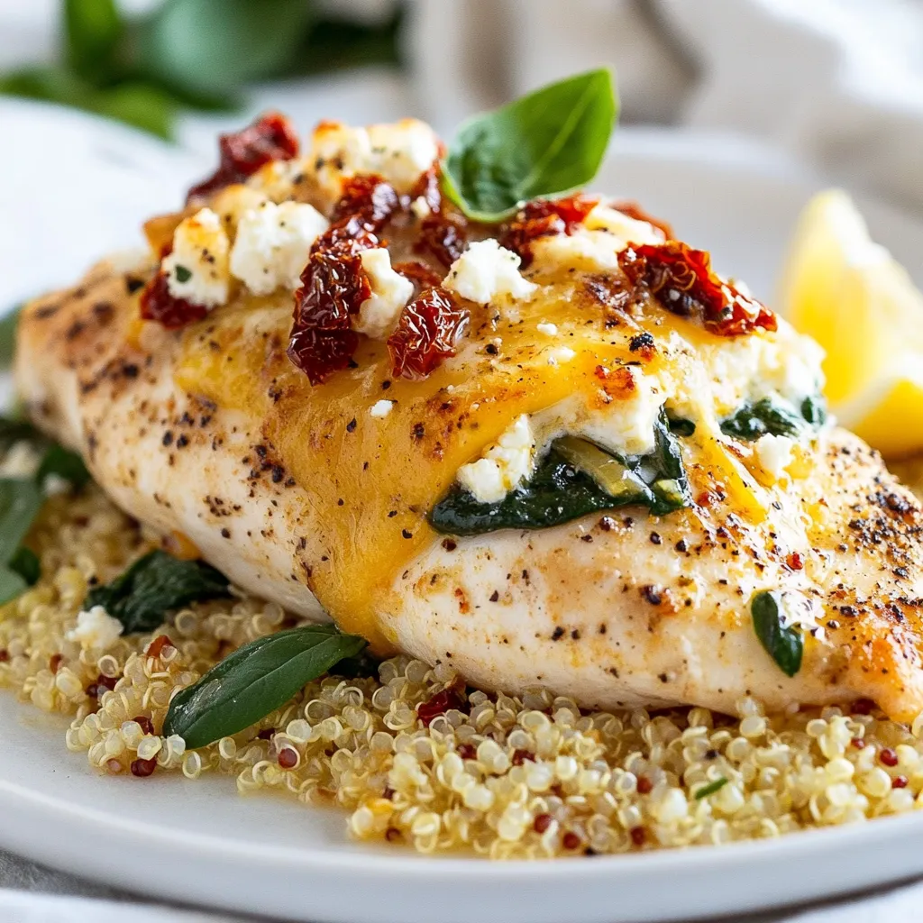 - 4 boneless, skinless chicken breasts - 2 cups fresh spinach, chopped - 1 cup ricotta cheese - 1/2 cup feta cheese, crumbled - 2 cloves garlic, minced - 1/4 cup sun-dried tomatoes, chopped - 1/2 teaspoon dried oregano - 1/4 teaspoon black pepper - 1/4 teaspoon salt - 1 tablespoon olive oil - 1/2 cup grated Parmesan cheese - 1 tablespoon lemon juice The main ingredients for this spinach stuffed chicken breast include juicy chicken, fresh spinach, and creamy cheeses. The chicken breasts are the canvas for your delicious filling. Fresh spinach adds color and nutrition, making every bite vibrant and healthy. Ricotta cheese brings a rich, creamy texture. Feta cheese adds a tangy flavor that pairs perfectly with spinach. As for the seasonings and extras, garlic gives a warm, savory taste. Sun-dried tomatoes add a sweet, chewy texture. Oregano provides an earthy note. Olive oil helps with cooking and adds richness. With just a sprinkle of salt and pepper, you enhance the flavors without overwhelming them. These ingredients come together to create a dish that is not only tasty but also visually appealing. The grated Parmesan on top adds a lovely crust when baked. This recipe combines simple ingredients with bold flavors to make a meal everyone will love. {{ingredient_image_1}} 1. Preheat the oven: Start by setting your oven to 375°F (190°C). This will make sure it is hot enough when your chicken goes in. 2. Sautéing the garlic and spinach: In a skillet, heat 1 tablespoon of olive oil over medium heat. Once hot, add 2 cloves of minced garlic. Cook it for about 1 minute until it smells great. Then, add 2 cups of chopped fresh spinach. Cook this for about 2-3 minutes, or until the spinach is wilted. Remove it from heat and let it cool a bit. 1. Combining cheeses and seasonings: In a mixing bowl, add the sautéed spinach, 1 cup of ricotta cheese, and 1/2 cup of crumbled feta cheese. Then, mix in 1/4 cup of chopped sun-dried tomatoes, 1/2 teaspoon of dried oregano, 1/4 teaspoon of black pepper, and 1/4 teaspoon of salt. Lastly, add 1 tablespoon of lemon juice. Blend all these ingredients well. 2. Stuffing the chicken breasts: Take 4 boneless, skinless chicken breasts and slice them horizontally. Create a pocket, but be careful not to cut all the way through. Stuff each chicken breast with the spinach mixture. If needed, use toothpicks to hold the openings closed. 1. Placing in a baking dish: After stuffing, place the chicken breasts in a baking dish. Top with 1/2 cup of grated Parmesan cheese for a tasty crust. 2. Cooking time and temperature: Bake the chicken in the preheated oven for 25-30 minutes. The chicken should be cooked through and reach an internal temperature of 165°F (75°C). Once it's done, take it out and let it rest for 5 minutes before serving. To avoid overcooked chicken, focus on the internal temperature. Use a meat thermometer. The chicken should reach 165°F (75°C). Remove it from the oven at 160°F (71°C). It will continue cooking while resting. When stuffing chicken breasts, use a sharp knife. Carefully slice each breast to create a pocket. Do not cut all the way through. This helps keep your filling inside. After stuffing, secure the opening with toothpicks. This keeps the filling from spilling out while cooking. To elevate the taste, consider adding fresh herbs. Basil, parsley, or thyme work well. You can also sprinkle in a pinch of red pepper flakes for heat. Pair your stuffed chicken with sides like quinoa or brown rice. These add a nutty flavor and texture. Roasted vegetables or a crisp salad also complement the dish nicely. A squeeze of fresh lemon juice brightens the meal and balances the flavors. Pro Tips Secure the Filling: Use kitchen twine instead of toothpicks for a more professional finish and to prevent any spillage of the filling during cooking. Flavor Boost: Marinate the chicken breasts in a mixture of lemon juice, olive oil, and herbs for at least 30 minutes before stuffing to enhance the flavor. Cheese Variations: Experiment with different cheeses like goat cheese or mozzarella for a unique twist on the filling. Resting Time: Allow the chicken to rest for 5 to 10 minutes after baking to let the juices redistribute, ensuring a moist and flavorful dish. {{image_2}} You can easily switch some ingredients in this recipe to fit your taste. Here are a few ideas: - Alternative cheeses to use: - Cream cheese gives a rich, creamy texture. - Mozzarella melts nicely and adds a stretchy bite. - Goat cheese brings a tangy flavor that pairs well with spinach. - Other veggies to include in the filling: - Chopped bell peppers add sweetness and crunch. - Mushrooms offer an earthy taste and nice texture. - Zucchini is light and blends well with other flavors. Want to try something different? Here are two fun cooking methods: - Air-fryer version: - Preheat your air fryer to 375°F (190°C). - Place the stuffed chicken breasts in the basket. - Cook for about 20-25 minutes until they reach 165°F (75°C). - Grilling options: - Preheat your grill to medium heat. - Brush the chicken with olive oil before grilling. - Grill for about 6-7 minutes per side, checking for doneness. These variations keep the dish exciting and let you play with flavors! To store leftover spinach stuffed chicken, first let it cool. Wrap each piece in plastic wrap or foil. Then, place it in an airtight container. This keeps the chicken fresh for up to three days in the fridge. If you want to store it longer, freezing works well too. Wrap the stuffed chicken tightly in plastic wrap and foil. Place it in a freezer bag. This way, it can last up to three months. When you are ready to eat, reheating is key. The best way to keep the chicken moist is to use the oven. Preheat the oven to 350°F (175°C). Place the chicken in a baking dish, and add a splash of chicken broth. Cover with foil to help keep the moisture in. Heat for about 20 minutes. You can also use a microwave. Place the chicken on a microwave-safe plate. Add a few drops of water and cover it with a damp paper towel. Heat for about 2-3 minutes. Check that it is hot all the way through before serving. How to know when chicken is fully cooked? To check if chicken is done, use a meat thermometer. The center should reach 165°F (75°C). If you don’t have a thermometer, cut into the chicken. The meat should no longer be pink, and the juices should run clear. This ensures your chicken is safe to eat. Can I make this recipe ahead of time? Yes, you can make this dish ahead. Stuff the chicken and store it in the fridge. You can prepare it a day in advance. Just bake it when you are ready to eat. This saves time for busy nights. What to do if the stuffing is too watery? If the stuffing is too watery, try adding a bit more ricotta cheese or Parmesan cheese. This will help absorb the extra moisture. You can also add breadcrumbs for more texture. This will make the filling thicker and hold better. How to fix dry chicken breast? If your chicken breast turns out dry, try serving it with a sauce. A creamy sauce or a drizzle of olive oil can help add moisture. You can also slice the chicken and serve it over a bed of quinoa or rice. This can help balance out the dryness. What to serve with Spinach Stuffed Chicken Breast? This dish pairs well with many sides. You can serve it with quinoa, brown rice, or a fresh salad. Roasted vegetables also complement the flavors nicely. The bright colors make your plate look great too. Ideas for sauces and dressings to complement the dish Consider a lemon butter sauce or a simple balsamic glaze. These add brightness and flavor. You can also use a yogurt sauce with herbs. It provides a cool contrast to the warm chicken. In this blog post, we explored how to make delicious spinach stuffed chicken breasts. We covered the main ingredients and the seasonings that make it tasty. You learned step-by-step how to prep, mix, and bake your chicken. Tips for cooking techniques and flavor enhancements also help you create the best dish. Don't forget about variations and storage options to make your meal even easier. With this guide, you're ready to impress at your next dinner. Enjoy your cooking adventure!