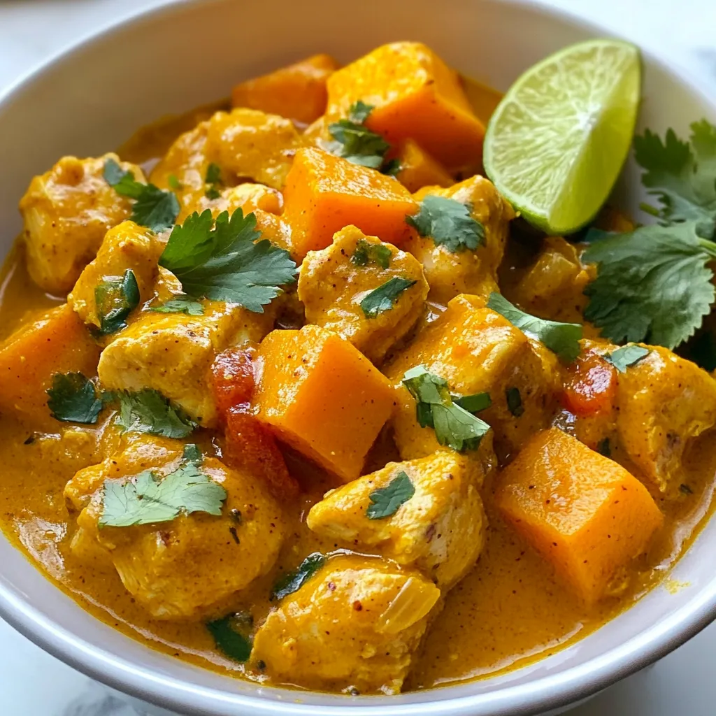 - Chicken, Sweet Potatoes, and Aromatics - 1 lb (450g) chicken breast, diced - 2 medium sweet potatoes, peeled and cubed - 1 onion, finely chopped - 3 cloves garlic, minced - 1 tablespoon ginger, grated - Spices and Seasoning - 1 can (400ml) coconut milk - 2 tablespoons red curry paste - 1 tablespoon olive oil - 1 teaspoon turmeric powder - 1 teaspoon cumin powder - 1 teaspoon coriander powder - Salt and pepper to taste - Garnishes and Serving Suggestions - Fresh cilantro for garnish - 1 lime, cut into wedges Each ingredient plays a special role in this dish. The chicken provides protein and a hearty texture. Sweet potatoes add sweetness and creaminess when cooked. The onion, garlic, and ginger create a flavorful base. The spices bring warmth and depth. Coconut milk adds richness and balances the heat from the curry paste. Fresh cilantro and lime give bright flavors, making the dish refreshing. This list gives you everything needed to create a delightful chicken sweet potato curry. Enjoy the process of cooking and the delicious results! {{ingredient_image_1}} Sautéing Onions and Aromatics Start by heating olive oil in a large pot over medium heat. Add the finely chopped onion. Sauté for about five minutes until it turns soft and translucent. This step builds a nice base for your curry. Next, stir in the minced garlic and grated ginger. Cook for another one to two minutes. You want to release those amazing aromas. Preparing the Chicken Now, it’s time to add the diced chicken breast. Make sure to season it with salt and pepper. Cook the chicken for about five to seven minutes. You want it browned on all sides. This adds flavor to the dish and keeps the chicken juicy. Incorporating Curry Paste and Spices Once the chicken is ready, mix in the red curry paste, turmeric, cumin, and coriander powder. Stir well so the chicken gets coated in the spices. This is where the magic begins. The heat from the curry paste will bring warmth and depth to the dish. Combining Sweet Potatoes and Coconut Milk Next, add the cubed sweet potatoes to the pot. Pour in the coconut milk and stir everything together. This creamy mix will balance the spices and add richness. It’s the perfect combination for a comforting curry. Cooking Time and Techniques Bring the mixture to a gentle simmer. Cover the pot and cook for about 20 to 25 minutes. Stir occasionally to stop it from sticking. You want the sweet potatoes to become tender but not mushy. Adjusting Consistency and Seasoning After simmering, taste your curry. Adjust the seasoning with salt and pepper as needed. If you want a thicker curry, let it simmer uncovered for an extra five to ten minutes. This helps concentrate the flavors. Enjoy your delicious Chicken Sweet Potato Curry, garnished with fresh cilantro and lime wedges! Achieving the Right Thickness To get the perfect thickness, simmer your curry longer. After adding the coconut milk, let it cook uncovered. This helps reduce the liquid. If you want it thicker, stir occasionally and keep an eye on it. Balancing Flavors and Seasonings Taste your curry as it cooks. Adjust the salt and pepper to fit your taste. If it’s too spicy, add more coconut milk. A squeeze of lime at the end can brighten flavors too. Avoiding Overcooked Sweet Potatoes Cut your sweet potatoes into uniform cubes. This helps them cook evenly. Start checking for tenderness after 20 minutes. If they are too soft, they will break apart. Tips for Browning Chicken Use medium-high heat for browning chicken. Make sure the pieces are not crowded in the pot. Give them room to sear well. This adds flavor and texture to your curry. Pro Tips Use Fresh Ingredients: Fresh garlic, ginger, and cilantro will elevate the flavors of your curry. Always opt for fresh over dried when possible. Adjust Spice Levels: If you like it spicy, add more red curry paste or some chopped fresh chili. For a milder dish, stick to the recipe's measurements. Let it Rest: Allowing the curry to sit for a few minutes after cooking helps the flavors meld together. It can taste even better the next day! Pairing Suggestions: This curry pairs wonderfully with jasmine rice, but for a healthier option, try serving it with cauliflower rice or a simple side salad. {{image_2}} If you want to switch things up, try different proteins. Tofu works great as a meat swap. Chickpeas add protein and texture too. These options give you a tasty twist on the classic recipe. You can also mix in different veggies. Bell peppers, spinach, or carrots can add color and flavor. Just chop them up and toss them in when you add the sweet potatoes. This keeps your curry exciting and full of nutrients. To add some heat, use fresh chilies. Slice them up and add them with the onions. This gives your curry a nice kick. You can adjust the amount to fit your taste. Adding lime or lemon zest brightens the dish. Just grate a little zest into the curry before serving. The citrus lifts the flavors and makes each bite pop. You can also squeeze lime juice over the top for extra freshness. To store leftovers, let the chicken sweet potato curry cool down first. Place it in an airtight container. This keeps it fresh for up to three days. When you're ready to eat, just reheat it on the stove or in the microwave. Stir well to make sure it heats evenly. You can also add a splash of coconut milk for extra creaminess. For freezing, divide the curry into meal-sized portions. Use freezer-safe containers or bags. Squeeze out air to prevent freezer burn. Chicken sweet potato curry can last for three months in the freezer. When you want to enjoy it again, thaw it overnight in the fridge. Reheat gently on the stove or microwave. Stir often to avoid hot spots. Enjoy that comforting flavor just like the first time! How to Make Chicken Sweet Potato Curry Vegan? To make this dish vegan, swap the chicken for chickpeas or tofu. Use vegetable broth instead of chicken stock for more flavor. Choose a vegan curry paste to keep it plant-based. Coconut milk remains a great option for creaminess. This way, you keep the rich taste and texture of the curry. Can I Use Different Types of Curry Paste? Yes, you can use different curry pastes! Green curry paste adds a fresh, herbal taste. Yellow curry paste is milder and sweeter. Adjust the amount based on your spice preference. Each paste will change the flavor but still work well with sweet potatoes. What Goes Well with Chicken Sweet Potato Curry? This curry pairs nicely with steamed jasmine rice or cauliflower rice. You can also serve it with warm naan bread for a comforting touch. A fresh side salad adds a nice crunch and balances the dish's richness. Lime wedges enhance the flavors and add a bright note. How to Adjust the Recipe for Meal Prep? To prep for the week, cook the curry and let it cool. Store it in airtight containers in the fridge for up to four days. For longer storage, freeze portions in freezer bags. Reheat thoroughly before serving. This makes it easy to enjoy a delicious meal anytime! This blog post detailed how to create a flavorful chicken sweet potato curry. We discussed key ingredients, including spices and aromatics, and shared step-by-step cooking instructions. I highlighted tips to perfect your curry, explore variations, and store leftovers properly. In conclusion, cooking this curry is both simple and rewarding. Feel free to experiment with flavors and ingredients. Enjoy crafting your own version, and don’t hesitate to share it with others. A great meal brings joy, and this curry is sure to impress.