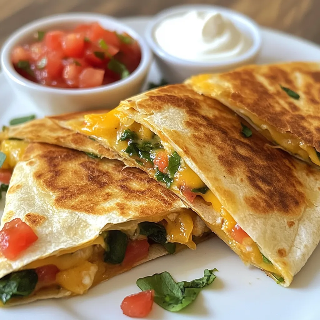 - 4 large flour tortillas - 1 cup shredded cheddar cheese - 1 cup shredded pepper jack cheese - 1 cup cooked chicken, diced (or black beans for a vegetarian option) - 1/2 cup fresh spinach, chopped - 1/2 cup diced tomatoes - 1/4 cup sour cream - 1/4 cup salsa - 1 teaspoon taco seasoning - Cooking oil, for frying The crunchwrap quesadilla has key parts that make it tasty. The tortillas hold everything together. Use large flour tortillas for the best shape and size. Cheese adds richness and flavor. I like a mix of cheddar and pepper jack for a creamy kick. Chicken gives protein and heartiness, but black beans work great for vegetarians. Fresh spinach and tomatoes add color and nutrition. Sour cream and salsa bring a creamy and tangy touch, while taco seasoning gives that classic zest. You can easily change some ingredients to fit your needs. If you want it dairy-free, use vegan cheese and skip the sour cream. For a gluten-free option, choose gluten-free tortillas. You can swap chicken for tofu or lentils for plant-based protein. No spinach? Try kale or bell peppers instead. These swaps let you enjoy the crunchwrap while meeting your dietary choices. {{ingredient_image_1}} Start by gathering all your ingredients. In a large bowl, mix the diced chicken or black beans. Add the chopped spinach and diced tomatoes. Next, add the sour cream and taco seasoning. Use a spatula or spoon to mix everything well. Finally, stir in half of both the cheddar and pepper jack cheeses. This filling should be creamy and flavorful. Now, take one large flour tortilla and lay it flat. In the center of the tortilla, place a generous scoop of your filling. Make sure to leave some space at the edges. Sprinkle the remaining cheeses on top of the filling. This will make it extra cheesy and tasty. Heat a non-stick skillet over medium heat. Add a small amount of cooking oil to the pan. Carefully place your folded crunchwrap seam-side down in the skillet. Cook it for about 3 to 4 minutes until it turns golden brown and crispy. Flip it over and cook the other side for the same time. Once done, remove the crunchwrap and keep it warm. Repeat with the rest of the tortillas and filling. Cut each crunchwrap in half before serving. Enjoy the melty goodness with salsa on the side! To make the best Crunchwrap Quesadilla, use medium heat on your skillet. It cooks the crunchwrap evenly without burning it. Always preheat the skillet for a few minutes before adding oil. This step helps achieve that golden color. Flip the crunchwrap gently to keep the filling inside. Avoid overfilling your crunchwrap. Too much filling makes it hard to fold. Make sure to seal the edges tightly. If the filling spills out, it can burn in the skillet. Use fresh ingredients for the best taste. If you use old veggies or dairy, it may ruin the flavor. For extra crunch, use a bit more oil in your skillet. This adds crispiness to the tortilla. You can also try cooking it longer on each side. Just watch it closely to prevent burning. Another great tip is to press down lightly on the crunchwrap with a spatula while it cooks. This helps it crisp up nicely. Pro Tips Use Fresh Ingredients: Fresh spinach and ripe tomatoes can enhance the flavor and texture of your crunchwrap significantly. Experiment with Fillings: Feel free to swap out the chicken for other proteins like beef or tofu, or mix in different vegetables to suit your taste. Achieve Perfect Crispiness: Ensure your skillet is preheated properly before adding the crunchwrap; this helps achieve a golden, crispy exterior. Serve with Dips: Pair your crunchwrap with guacamole or a spicy cheese sauce for an extra layer of flavor and fun! {{image_2}} You can easily make a vegetarian crunchwrap. Just swap chicken for black beans. Black beans add fiber and protein. You can also add more veggies like bell peppers or zucchini. These extra ingredients make it colorful and tasty. Do you like heat? You can change the spice level. Add diced jalapeños for extra kick. You can also use spicy salsa instead of mild. If you want less heat, skip the jalapeños. This way, you make it just how you like it. Feel free to get creative with your ingredients. Use different cheeses like Monterey Jack or feta. You can even add avocado for creaminess. If you don’t have tortillas, use large lettuce leaves for a low-carb option. Each swap will give your crunchwrap a new twist. To keep your Crunchwrap Quesadilla fresh, store it in an airtight container. Let it cool first. Place a paper towel inside to absorb extra moisture. This helps keep it crispy. Seal the container tightly and put it in the fridge. Use within three days for the best taste. You can freeze your Crunchwrap Quesadilla for later. Wrap each quesadilla in plastic wrap. Then, place them in a freezer bag. Remove as much air as you can to prevent freezer burn. They can stay frozen for up to three months. To reheat, take one out of the freezer. Let it thaw in the fridge overnight. Heat a skillet over medium heat. Cook the quesadilla for about 3-4 minutes on each side. This will make it crispy again. In the fridge, your Crunchwrap Quesadilla lasts about three days. If you freeze it, eat it within three months. Always check for any off smells or changes in texture before eating. If in doubt, throw it out. Keep food safety in mind to avoid any issues. A Crunchwrap Quesadilla is a tasty twist on a classic dish. It combines a quesadilla with a fun, folded shape. You fill a tortilla with cheese, meat, and veggies, then fold it up like a gift. When you cook it, the outside gets crispy, and the inside melts. It's easy to hold and eat! Yes, you can make this recipe ahead of time. You can prepare the filling earlier in the day. Just store it in the fridge until you're ready to cook. You can also assemble the crunchwraps and keep them in the fridge. Just remember to cook them within a day or two for the best taste. To make a Crunchwrap Quesadilla without chicken, use black beans instead. Swap out the diced chicken for one cup of canned or cooked black beans. You can keep all the other ingredients the same. This keeps it tasty and filling while also being vegetarian-friendly. The Crunchwrap Quesadilla is a tasty and fun dish you can make at home. We covered the key ingredients, how to prepare the filling, and the steps to cook it perfectly. I shared tips to avoid mistakes and make it crispy. You can customize it with veggies, spices, or your favorite ingredients. Store leftovers safely and enjoy later. This recipe is easy and fun, and I hope you try it. Enjoy the process and savor each bite!