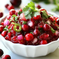 To make this tasty relish, you will need: - 1 cup fresh cranberries - 1 small jalapeño pepper, seeded and finely chopped - 1/2 cup sugar - 1/2 cup orange juice (freshly squeezed if possible) - 1/4 cup red onion, finely chopped - 2 tablespoons cilantro, chopped - 1 tablespoon lime juice - 1/2 teaspoon salt Each ingredient plays a role in creating a balanced flavor. The cranberries provide tartness, while the jalapeño adds heat. The sugar and orange juice balance the taste nicely. If you can’t find fresh cranberries, you can use frozen ones. Just make sure to thaw and drain them first. You can switch the jalapeño for a milder pepper if you prefer less heat. Honey works well in place of sugar for a natural sweetener. Also, if you want a different flavor, try using lemon juice instead of lime juice. You can substitute cilantro with parsley if you don’t like cilantro. Fresh ingredients are key to a great Jalapeño Cranberry Relish. Fresh cranberries burst with flavor and tartness. Fresh jalapeños provide a crisp bite. Fresh herbs like cilantro add brightness. Each ingredient shines when it is in its prime. Using fresh items ensures your relish tastes vibrant and delicious. {{ingredient_image_1}} To make Jalapeño Cranberry Relish, start with fresh cranberries. Rinse them under cold water. Remove any stems or bad berries. Pat them dry with a clean towel. This helps your relish taste fresh and bright. Next, grab a medium saucepan. Combine the rinsed cranberries, sugar, and orange juice in it. Cook over medium heat. Stir occasionally until the cranberries begin to pop. This should take about 5 to 7 minutes. When they pop, the mixture thickens. Once bubbly, take it off the heat. Let it cool for a few minutes. Now, add the finely chopped jalapeño, red onion, cilantro, lime juice, and salt. Stir well to mix everything together. Finally, let the relish cool to room temperature. Transfer it to an airtight container. Refrigerate it for at least an hour before serving. This step helps the flavors blend nicely. Keep an eye on the cranberries as they cook. You want them to pop, but not burn. Stir regularly to prevent sticking. If the mixture looks too thick too soon, add a splash of water. This keeps it juicy and delicious. Chilling the relish is key. It allows the flavors to meld and develop. The heat from the jalapeño softens, making it less sharp. The sweetness from the cranberries and sugar gets balanced. This wait makes every bite a burst of flavor! You can easily change the heat of your jalapeño cranberry relish. If you want more spice, add more jalapeños. Try using a serrano pepper for extra kick. For less heat, remove the seeds and ribs. You can also use a milder pepper, like a green bell pepper. This allows you to enjoy the flavor without too much heat. To boost the taste, consider adding some unique flavors. A pinch of cinnamon can bring warmth. Chopped mint adds a fresh note. You might try a dash of hot sauce for more zing. If you like sweetness, mix in diced apples or pears. All these options add depth and variety to your relish. Make your relish look as great as it tastes. Serve it in a colorful bowl to catch the eye. Garnish with a sprig of cilantro or whole cranberries. You can also use a slice of lime on the side. This makes the dish pop on your table. Pair it with turkey or grilled meats for a tasty and beautiful spread. Pro Tips Fresh Ingredients: Always use fresh cranberries and jalapeños for the best flavor and texture in your relish. Balance the Heat: If you prefer a milder relish, remove the seeds and membranes from the jalapeño, as they contain most of the heat. Flavor Infusion: Allow the relish to chill in the refrigerator for at least an hour before serving to help the flavors meld together beautifully. Serving Suggestions: This relish pairs wonderfully with cream cheese on crackers or as a topping for grilled chicken and fish. {{image_2}} You can switch up the jalapeño for a milder pepper. Try a poblano or a green bell pepper for less heat. For a sweeter twist, add diced apples or pears. You can also mix in spices like cumin or cinnamon. Both will add a new layer of flavor. This relish is not just for turkey. You can use it on grilled chicken or fish. It also makes a tasty topping for tacos or nachos. Spread it on sandwiches instead of mustard for a zing. You can even serve it with cream cheese on crackers for a fun appetizer. In fall, add chopped pecans for crunch. In winter, mix in some diced orange segments for a fresh taste. For spring, consider adding mint leaves for a bright flavor. In summer, try using berries like blueberries or strawberries for a fruity twist. Each season offers new ways to enjoy this versatile relish. To keep your Jalapeño Cranberry Relish fresh, use an airtight container. Glass jars work great. Make sure the relish cools to room temperature before sealing. This prevents moisture build-up, which can spoil the relish. Store it in the fridge away from strong-smelling foods. This keeps its bright flavors intact. When stored properly, Jalapeño Cranberry Relish lasts about one week in the fridge. After this time, check for any changes in smell or color. If it looks or smells off, it’s best to toss it. Always trust your senses to guide you. You can freeze Jalapeño Cranberry Relish for up to three months. Use a freezer-safe container to save space. Leave some room at the top for the relish to expand. Thaw it in the fridge overnight when you’re ready to use it. It may lose some texture but will still taste great. Serve Jalapeño Cranberry Relish in a nice bowl. A sprig of cilantro on top adds color. Whole cranberries can also make it look pretty. This relish tastes great with turkey or grilled meats. You can use it on sandwiches too. The sweet and spicy mix is a crowd-pleaser. Yes, you can make this relish ahead of time. It tastes even better after chilling. I recommend making it one day before you plan to serve it. Store it in an airtight container in the fridge. This gives flavors time to blend and develop fully. Jalapeño Cranberry Relish pairs well with many dishes. It shines next to roasted turkey or chicken. Grilled meats like steak or pork benefit from its zing. You can also serve it with cheese and crackers for a fun snack. This relish adds a bright kick to many meals. This blog post covered making Jalapeño Cranberry Relish. We explored ingredients, cooking steps, and storage tips. Fresh ingredients make a big difference in taste. Chilling the relish lets flavors blend well. You can customize the heat or try variations for new tastes. Proper storage keeps it fresh longer. Use this relish to brighten meals and impress guests. Enjoy creating your own delicious dish!