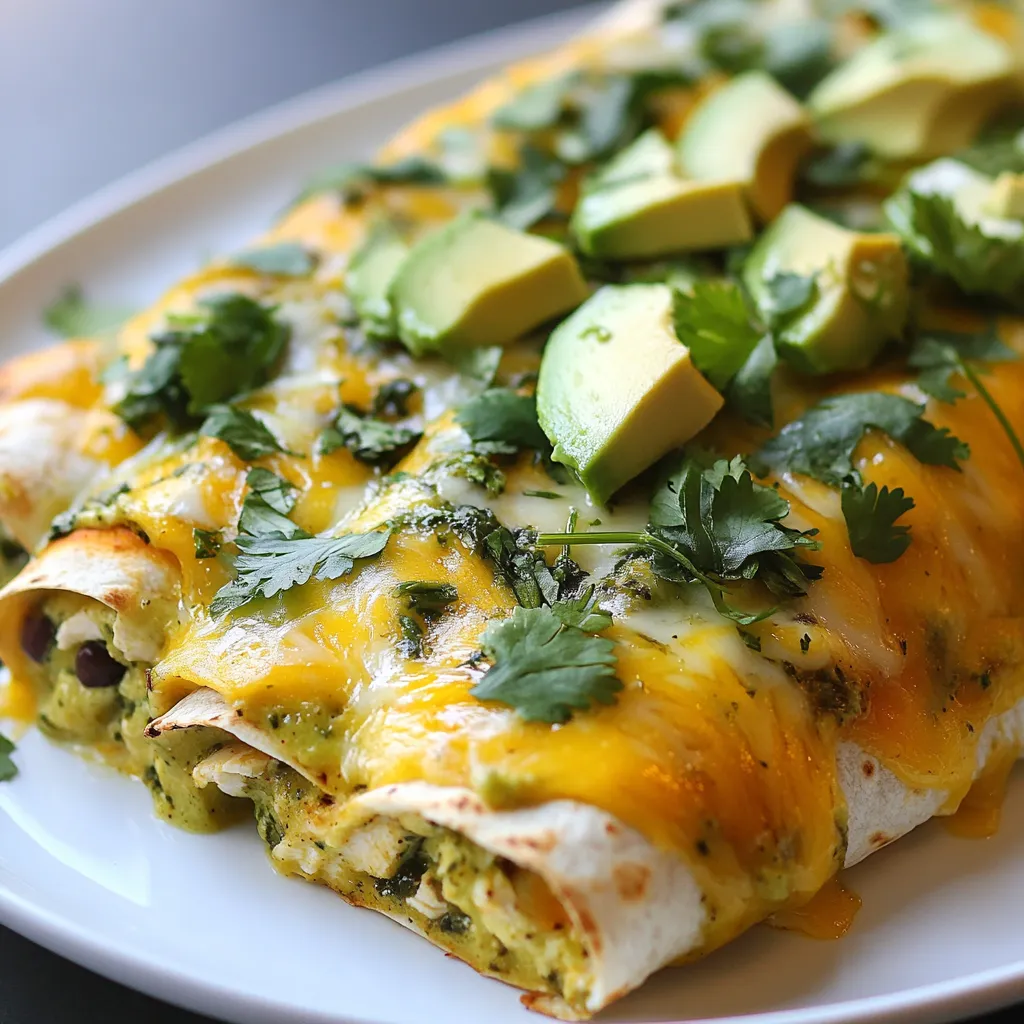 To make green chicken enchiladas, gather these ingredients: - 2 cups cooked chicken, shredded - 1 cup green enchilada sauce - 1 cup fresh spinach, chopped - 1 cup cheese (Monterey Jack or a blend) - 8 small corn tortillas - 1/2 cup black beans, rinsed and drained - 1/4 cup fresh cilantro, chopped - 1/2 teaspoon cumin - 1/2 teaspoon garlic powder - Salt and pepper to taste - 1 tablespoon olive oil - Slices of avocado and additional cilantro for garnish If you need to swap some ingredients, try these options: - Use shredded rotisserie chicken for quick prep. - Try salsa verde in place of green enchilada sauce for added flavor. - Spinach can be replaced with kale or Swiss chard. - Use any cheese blend you like, such as cheddar or pepper jack. - Black beans can be swapped for pinto beans or even lentils. Seasoning makes a big difference in flavor. Here are some tips: - Always taste as you go. This helps you adjust the salt and spice levels. - Adding a squeeze of lime juice can brighten up the dish. - Fresh herbs, like cilantro, add a burst of freshness. - Consider adding a pinch of chili powder for extra heat. - If you want more depth, try smoked paprika or onion powder. {{ingredient_image_1}} Start by gathering all your ingredients. This makes cooking easy and fun. You need: - 2 cups cooked chicken, shredded - 1 cup green enchilada sauce - 1 cup fresh spinach, chopped - 1 cup cheese (Monterey Jack or a blend) - 8 small corn tortillas - 1/2 cup black beans, rinsed and drained - 1/4 cup fresh cilantro, chopped - 1/2 teaspoon cumin - 1/2 teaspoon garlic powder - Salt and pepper to taste - 1 tablespoon olive oil Next, preheat your oven to 375°F (190°C). In a large bowl, mix the shredded chicken, spinach, black beans, and half the cheese. Add the green enchilada sauce, cumin, and garlic powder. Season with salt and pepper. Stir until well blended. Now, it’s time to fill the tortillas. Warm the corn tortillas in a dry skillet for about 30 seconds on each side. This makes them soft and easy to roll. Take one tortilla and fill it with about 1/4 cup of the chicken mixture. Roll it tightly and place it seam-side down in a greased baking dish. Repeat this with all the tortillas. Before you add the sauce, spread about 1/4 cup of the remaining enchilada sauce on the bottom of the dish. This helps prevent sticking. Once all tortillas are rolled, pour the rest of the enchilada sauce over the top. Sprinkle the remaining cheese on top. Cover your dish with aluminum foil. Bake for 20 minutes. After that, remove the foil and bake for another 10 minutes. You want the cheese to be bubbly and golden. Once baked, take them out and let them cool for a few minutes. For a fresh touch, garnish with chopped cilantro and avocado slices. Serve the enchiladas on a colorful platter. Drizzle with extra green sauce for a beautiful finish. Enjoy your tasty meal! To make your corn tortillas soft, warm them up. Heat a dry skillet over medium heat. Place each tortilla in the skillet for about 30 seconds on each side. This quick step helps them roll better. To boost flavors, add more spices. Try adding extra cumin or a pinch of chili powder. Fresh herbs like cilantro also brighten up the dish. You can even mix in some lime juice for a zesty kick. Avoid using cold tortillas. Cold tortillas crack easily. Also, do not overload the tortillas with filling. Filling them too much makes rolling hard. Lastly, don’t skip the baking step. Baking helps meld the flavors together and makes the cheese melt beautifully. Pro Tips Warm Your Tortillas: Warming the corn tortillas in a skillet makes them more pliable and less likely to tear when rolling. Extra Creamy Filling: For an even creamier filling, consider adding a dollop of sour cream or cream cheese to the chicken mixture. Customize Your Cheese: Experiment with different cheeses like pepper jack or queso fresco for a unique flavor profile. Make Ahead: Prepare the enchiladas ahead of time and store them in the refrigerator for up to 24 hours before baking for a quick weeknight meal. {{image_2}} I love vegetarian green enchiladas. They are packed with flavor and nutrients. To make them, swap the chicken for more veggies. You can use zucchini, mushrooms, or bell peppers. Add black beans for protein. Use the same spices to keep the taste vibrant. Top with cheese and bake just like the chicken version. You’ll enjoy a tasty meal that everyone will love. If you want to switch up the protein, you have options! Ground turkey or beef works well. Simply cook it before mixing with the sauce and veggies. You can also try shredded pork or even tofu for a unique spin. Each protein brings its own flavor to the dish. Feel free to experiment and find your favorite. For a gluten-free option, use corn tortillas. They work great in this recipe. Make sure to check the label when buying. Some brands add gluten. You can also try using lettuce leaves instead of tortillas for a lighter dish. This adds crunch and freshness while keeping the meal gluten-free. Enjoy your enchiladas without worry! To freeze your green chicken enchiladas, let them cool first. Wrap each enchilada in plastic wrap. Place them in a freezer-safe bag. Make sure to remove as much air as possible. Label the bag with the date. They will stay fresh in the freezer for up to three months. For short-term storage, keep the enchiladas in the fridge. Place them in a covered dish. They will last in the refrigerator for about three to four days. Make sure to cover them well to prevent drying out. To reheat, you can use an oven or a microwave. For the oven, preheat to 350°F (175°C). Place the enchiladas in a baking dish and cover with foil. Heat for about 15-20 minutes, or until warm. If using a microwave, place one enchilada on a plate. Heat for 1-2 minutes, checking to ensure it’s hot throughout. Enjoy your meal again! Yes, you can use rotisserie chicken. It saves time and adds great flavor. Just shred the chicken and mix it with the other ingredients. This step makes your cooking faster and easier. Green chicken enchiladas pair well with various sides. Here are some ideas: - Mexican rice - Refried beans - A fresh salad - Corn on the cob - Sliced avocado These sides add color and taste to your meal. Green enchiladas are usually milder than red ones. They often use green chilies, which have a gentle heat. Red enchiladas use red chilies, which can be hotter. If you want more heat, add jalapeños or hot sauce to your green enchiladas. In this blog post, we covered all you need for great green chicken enchiladas. We stated the key ingredients and their substitutes, plus helpful seasoning tips. I broke down the steps for prepping, assembling, and baking your enchiladas. You learned ways to enhance flavors and avoid common mistakes. We also discussed fun variations, storage tips, and answered common questions. Whip up these tasty enchiladas for a satisfying meal! Enjoy experimenting in your kitchen.