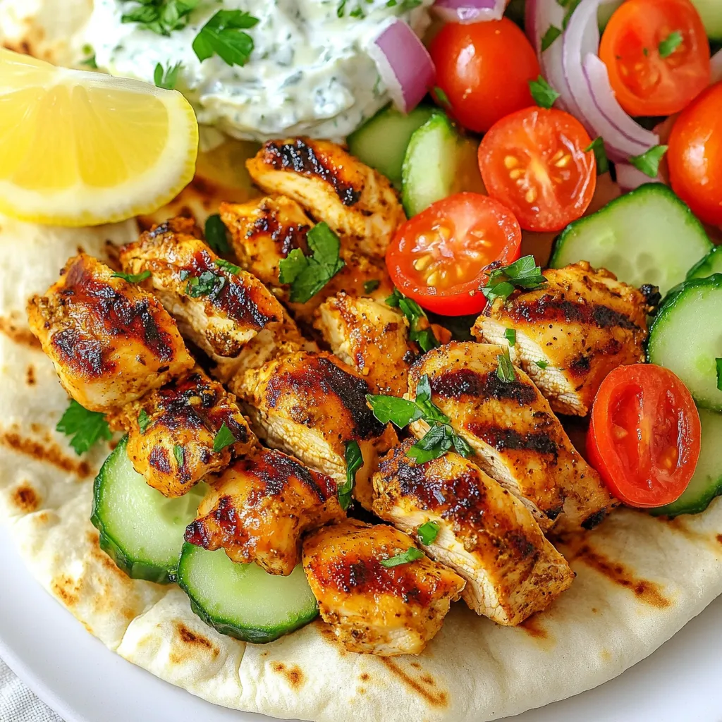 To make Fast Mediterranean Chicken Gyros, you will need: - 500g boneless chicken thighs, cut into strips - 2 tablespoons olive oil - 2 teaspoons garlic powder - 1 teaspoon smoked paprika - 1 teaspoon ground cumin - 1 teaspoon dried oregano - Salt and pepper to taste - 4 pita bread - 1 cup tzatziki sauce (store-bought or homemade) - 1 cup fresh tomatoes, diced - 1 cup cucumber, diced - ½ red onion, thinly sliced - Handful of fresh parsley, chopped - Lemon wedges for serving For this recipe, gather these tools: - Large mixing bowl - Grill pan or skillet - Spatula or tongs - Knife and cutting board - Microwave or pan for warming pita Tzatziki sauce adds a refreshing touch to gyros. You can use store-bought tzatziki for quick meals. It saves time and still tastes great. Look for brands that list fresh ingredients. Making it fresh at home is fun and easy. Just mix Greek yogurt, grated cucumber, garlic, lemon juice, and salt. Fresh tzatziki has a bright flavor and a creamy texture. It can elevate your gyros. Choose based on your time and taste! {{ingredient_image_1}} First, grab a large bowl. Add 500 grams of boneless chicken thighs cut into strips. Pour in 2 tablespoons of olive oil. Then sprinkle in 2 teaspoons of garlic powder, 1 teaspoon of smoked paprika, 1 teaspoon of ground cumin, and 1 teaspoon of dried oregano. Don’t forget to add salt and pepper to taste! Mix everything well. Make sure the chicken gets coated with all those tasty spices. Let it sit for about 10 minutes. This helps the flavors soak in. Next, heat a grill pan or skillet over medium-high heat. When it's hot, add the marinated chicken strips. Cook for about 5 to 7 minutes. Stir occasionally until the chicken is golden brown and fully cooked. You’ll know it’s done when it’s no longer pink inside. Once cooked, remove the chicken from the heat and set it aside. Now it’s time to build your gyros! Start by warming up 4 pita breads in a pan or microwave for a few seconds. This makes them soft and easy to roll. Take one warmed pita and spread a good amount of tzatziki sauce on it. Then, add a portion of your grilled chicken. Top it with diced tomatoes, diced cucumber, and thinly sliced red onion. Sprinkle some chopped parsley over the top for freshness. Roll the pita tightly, folding in the edges to keep everything inside. Serve it right away with a wedge of lemon. Enjoy your delicious meal! To make the best marinade, use fresh ingredients. I like to mix olive oil, garlic powder, smoked paprika, ground cumin, dried oregano, salt, and pepper. Let the chicken marinate for at least 30 minutes. This helps the flavors soak in. If you are short on time, even 10 minutes works well. The key is to coat each piece well. This step makes a huge difference in taste. You can cook the chicken in two ways: grill or skillet. Grilling gives a smoky flavor. It also creates nice grill marks. If you use a grill, preheat it to medium-high. Cook the chicken for about 5-7 minutes. A skillet is a great option too. Preheat it over medium-high heat. Add a bit of olive oil to help with sticking. The chicken cooks quickly and stays juicy. Both methods work well, so choose what you have. Warming pita bread is simple. You can use a skillet or microwave. For the skillet, heat it for a minute on low. Then, place the pita inside for about 20 seconds. Flip it over for even warmth. If you prefer a microwave, wrap the pita in a damp paper towel. Heat it for 10-15 seconds. This keeps it soft and warm. Warm pita makes a big difference in your gyros. Enjoy every bite! Pro Tips Marinate for Flavor: For an even more flavorful chicken, marinate the strips for at least 30 minutes, or up to overnight in the refrigerator. Perfect Pita Preparation: To achieve the best texture, warm the pita bread in a dry skillet instead of the microwave, which can make them chewy. Customize Your Toppings: Feel free to add other toppings like feta cheese, olives, or pickled vegetables for an extra burst of flavor and texture. Serving Suggestion: Serve the gyros with a side of Greek salad or roasted vegetables for a complete Mediterranean meal experience. {{image_2}} If you want a vegetarian gyros, try using grilled vegetables or chickpeas. For vegetables, use zucchini, bell peppers, and mushrooms. Slice them and toss with olive oil and spices. For chickpeas, use canned, drained, and rinsed. You can season them with garlic powder, cumin, and paprika. Cook them in a skillet until they are warm and slightly crispy. Both options work well with tzatziki and fresh veggies. For a spicy kick, add some heat to your gyros. Use spicy marinated chicken or add hot sauce to the tzatziki. You can also mix in red pepper flakes with the chicken spices. If you enjoy jalapeños, slice them up and add them to your filling. This will give your gyros a nice, zesty flavor. Experimenting with spice can make your meal more exciting! If you need gluten-free options, choose corn or rice tortillas instead of pita bread. Many stores sell gluten-free pita, too. For the filling, keep the chicken and veggies the same. Just make sure your tzatziki is gluten-free. Check labels or make your own with yogurt and herbs. Enjoy a tasty, gluten-free meal that everyone will love! To keep your leftover gyros fresh, wrap them tightly in plastic wrap or foil. You can also place them in an airtight container. This helps to lock in moisture and flavor. Store the gyros in the fridge for up to three days. If you have extra toppings, store those separately to prevent sogginess. To reheat your gyros, you can use a skillet or a microwave. If you use a skillet, heat it over medium heat. Place the gyro in the pan for about 2-3 minutes on each side. This warms the chicken nicely. If you use a microwave, place the gyro on a microwave-safe plate. Heat it for 30 seconds to 1 minute. Check if it’s warm all the way through. You can freeze the chicken and toppings separately for later use. For the chicken, let it cool completely. Then, place it in a freezer-safe bag or container. This will keep it fresh for up to three months. When you’re ready to eat, thaw it in the fridge overnight. Reheat it as mentioned above. Avoid freezing the pita or tzatziki sauce, as they don’t thaw well. The best chicken for gyros is boneless chicken thighs. They stay juicy and tender when cooked. Thighs also soak up the marinade well, enhancing the flavor. You can use chicken breasts, but they can dry out faster. For a richer taste, stick with thighs. Yes, you can make gyros ahead of time. Marinate the chicken a few hours or overnight for better flavor. Cook the chicken, then store it in the fridge. You can warm it up later. Prepare the toppings ahead too, keeping them fresh in the fridge. Assemble the gyros just before serving. Traditional toppings for gyros include diced tomatoes, cucumbers, and red onions. Fresh parsley adds color and taste. Tzatziki sauce is a must for creaminess. You can also add lettuce or feta cheese for extra flavor. Lemon wedges bring a fresh kick, enhancing the taste. In this blog, we explored making gyros, from ingredients to variations. You learned about marinating chicken and cooking it right. We covered tips for the perfect pita and shared storage tricks. Remember, fresh tzatziki can elevate your dish. You can also try vegetarian or gluten-free options for more choices. Whatever you choose, gyros offer a tasty meal you can customize. Enjoy this flavorful journey and share it with others!