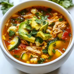 - 2 boneless, skinless chicken breasts - 1 tablespoon olive oil - 1 medium onion, diced - 3 cloves garlic, minced - 1 bell pepper, diced (any color) - 1 can (14.5 oz) diced tomatoes, undrained - 4 cups chicken broth - 1 teaspoon ground cumin - 1 teaspoon paprika - 1 teaspoon chili powder - Salt and pepper to taste - 1 cup zucchini, diced - 1 cup cauliflower florets - 1 cup fresh cilantro, chopped - 1 avocado, diced (for topping) - 1 lime, cut into wedges (for serving) - Crumbled tortilla chips (low carb) for garnish Each of these ingredients plays a key role in flavor and texture. The chicken provides protein, while the veggies add crunch. The spices bring warmth and depth. If you need to swap some ingredients, here are some ideas: - Use turkey instead of chicken for a leaner option. - Swap diced tomatoes with fire-roasted ones for more flavor. - Replace zucchini with yellow squash for a different taste. - Use coconut oil instead of olive oil for a slight sweetness. These substitutions can change the flavor but keep the dish low carb. This soup serves 4 and is nutrient-packed. Each serving has roughly: - Calories: 250 - Protein: 30g - Carbohydrates: 10g - Fiber: 3g - Fat: 10g This information helps you stay aware of your meal’s health impact. Enjoy this tasty and low carb soup guilt-free! {{ingredient_image_1}} 1. Gather all your ingredients. This makes cooking easy and fun. 2. Dice the onion and bell pepper. Mince the garlic. 3. Cut the zucchini into small pieces and chop the cauliflower into florets. 4. Shred the chicken using two forks after it is cooked. 1. Heat the olive oil in a large pot over medium heat. 2. Add the diced onion and cook for 3-4 minutes. It should look clear. 3. Stir in the minced garlic and diced bell pepper. Cook for 2 more minutes. 4. Add the chicken breasts, diced tomatoes, chicken broth, cumin, paprika, and chili powder. 5. Season with salt and pepper. Bring the mix to a boil, then lower the heat. 6. Cover the pot and let it simmer for 20-25 minutes. Check if the chicken is done. 7. Take the chicken out and shred it. Put it back in the pot. 8. Add the zucchini and cauliflower. Let it cook for another 10-15 minutes. 1. Stir in the fresh cilantro just before you serve. 2. Taste and adjust the seasoning if needed. 3. Serve the soup hot in bowls. Top with diced avocado and crumbled tortilla chips. 4. Add a lime wedge on the side for a fresh twist. Enjoy! To get the best flavor in your low carb chicken tortilla soup, focus on fresh herbs. Use fresh cilantro at the end for a vibrant taste. The spices are key too. Cumin, paprika, and chili powder bring warmth and depth. Sauté your onions and garlic well. This step builds a nice base for your soup. Chop your veggies ahead of time. This helps you get cooking fast. You can also use pre-diced tomatoes to save time. If you’re short on time, consider using rotisserie chicken. Just shred it and add it to your soup. This cuts down cooking time and still tastes great. Serve your soup hot in bowls. Top with diced avocado for creaminess. Crumbled low carb tortilla chips add crunch. A lime wedge on the side gives a fresh zing. Pair your soup with a side salad for a fuller meal. It balances well and adds more veggies. Enjoy your tasty creation! Pro Tips Use Fresh Ingredients: Always opt for fresh vegetables and herbs to enhance the flavor of your soup. Fresh cilantro and ripe avocados can make a significant difference. Adjusting Spice Level: If you prefer a spicier soup, consider adding diced jalapeños or a splash of hot sauce. Start with a little and taste as you go. Make It Ahead: This soup tastes even better the next day! Prepare it in advance and store it in the fridge for a quick meal. Garnish Creatively: Besides avocado and tortilla chips, try adding a dollop of sour cream or Greek yogurt for creaminess. A sprinkle of cheese can also elevate the dish. {{image_2}} You can easily make this soup vegetarian or vegan. Start by omitting the chicken. Use vegetable broth instead of chicken broth. For protein, add beans or lentils. These options will keep the soup hearty and filling. You can also add more vegetables, like corn or mushrooms, for extra flavor. Season to taste with spices like cumin or chili powder. This way, you get a tasty soup that's still low in carbs. To spice up your soup, add jalapeños or hot sauce. These ingredients can bring heat and flavor. You can also increase the chili powder or paprika in the recipe. If you like smoky flavors, try adding chipotle peppers in adobo sauce. Just be careful with the amount if you want to keep it mild. This spicy twist will warm you up on a chilly day. Toppings can make your soup even better. Try adding sliced radishes for crunch. A dollop of sour cream or Greek yogurt adds creaminess. Fresh lime juice gives a zesty kick. Don’t forget the diced avocado for richness. Crumbled low-carb tortilla chips add crunch and texture. You can mix and match these toppings to suit your taste. Enjoy customizing your bowl! To store leftover Low Carb Chicken Tortilla Soup, let it cool first. Transfer the soup into an airtight container. This helps keep it fresh. It will last in the fridge for about 3-4 days. Just make sure the lid is tight. You can also label the container with the date. This way, you won’t forget when you made it. If you want to keep the soup longer, freezing is a great option. Use freezer-safe containers or heavy-duty freezer bags. Pour the soup into the bags, leaving some space at the top. Liquid expands when frozen. Seal the bags tightly and label them with the date. Your soup can last for about 2-3 months in the freezer. When you're ready to eat, just thaw it in the fridge overnight. To reheat your soup, you can use a pot on the stove or the microwave. If using the stove, heat it on low. Stir it often to keep it from sticking. If using the microwave, place it in a microwave-safe bowl. Heat it in short intervals, stirring in between. This way, you keep the flavor and texture nice. Always check the temperature to ensure it’s hot all the way through. Enjoy your tasty soup again! Yes, you can use rotisserie chicken. It saves time and adds great flavor. Just shred the chicken and add it to the pot after the broth boils. This will cut your cooking time in half. It’s a quick way to enjoy your soup without losing taste. To spice up your soup, add more chili powder or diced jalapeños. You can also include a pinch of cayenne pepper for extra heat. If you like it really hot, try adding hot sauce to each bowl. Adjust the spice to your taste as you cook. For low carb toppings, consider using crushed pork rinds or cheese crisps. They add crunch without the carbs. You can also use sliced radishes or cucumber for a fresh bite. These options keep your soup tasty while staying low in carbs. This blog post covered how to make a tasty low-carb chicken tortilla soup. We discussed key ingredients, cooking steps, and tips for the best flavor. You learned about variations, storage, and frequently asked questions. Now you can make a fulfilling meal that fits your diet. Remember to adjust ingredients to your taste. Enjoy cooking and sharing this warm soup with friends or family. Simple and tasty meals can bring happiness to your day.