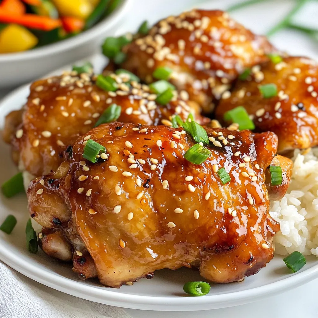 - 4 bone-in, skin-on chicken thighs - 4 tablespoons soy sauce - 3 tablespoons honey - 4 cloves garlic, minced - 1 tablespoon fresh ginger, grated - 1 tablespoon sesame oil - 1 teaspoon black pepper - 1 teaspoon red pepper flakes (optional, for heat) - 1 tablespoon green onions, chopped (for garnish) If you don’t have all the ingredients, don't worry! You can swap some items. - Use low-sodium soy sauce for less salt. - Maple syrup works in place of honey. - Ground ginger is a quick swap for fresh ginger. - Try olive oil instead of sesame oil for a lighter taste. - Omit red pepper flakes if you like milder flavors. When choosing chicken thighs, look for these signs: - Skin should be smooth and shiny. - The meat should have a pink color, not grey. - Avoid any packages with liquid pooling. - Choose thighs that feel firm but not tough. - If possible, buy organic for better taste and health. Selecting the right ingredients makes a big difference in flavor! {{ingredient_image_1}} To make the marinade, grab a mixing bowl. Add the soy sauce, honey, minced garlic, grated ginger, sesame oil, black pepper, and red pepper flakes if you want heat. Whisk all the ingredients together until they blend well. This mix brings great flavor to the chicken. Take your chicken thighs and place them in a large resealable plastic bag or a shallow dish. Pour the marinade over the chicken, making sure each piece is coated. Seal the bag or cover the dish. Let it sit in the fridge for at least 30 minutes, or up to 2 hours for more flavor. This step is key for juicy and tasty chicken. Before you start air frying, preheat your air fryer to 400°F (200°C). Take the chicken out of the marinade, letting the extra drip off. Save some marinade for basting later. Place the chicken thighs skin-side down in the air fryer basket. Cook for 15 minutes. After that, flip the chicken so the skin is up. Brush the top with some marinade you set aside. Cook for another 10-12 minutes until the skin is crispy and the chicken reaches 165°F (75°C) inside. Let it rest for a few minutes, then garnish with chopped green onions. Enjoy your crispy, flavorful dish! To get that perfect, crispy skin, start by drying the chicken thighs well. Use paper towels to remove moisture. The drier the skin, the better it will crisp in the air fryer. Another tip is to cook the chicken thighs skin-side down first. This helps render out fat and makes the skin extra crisp. When you flip the chicken, brush it with marinade. This adds flavor and helps with browning. Basting is key for adding more depth to your dish. After the first cooking time, flip the chicken and brush it with the reserved marinade. This will keep the meat juicy and add a rich flavor on top. You can baste once or twice during cooking. Just make sure to use a clean brush every time. This keeps everything safe and tasty. For best results, preheat your air fryer to 400°F (200°C) before cooking. Start with 15 minutes skin-side down. Then, flip and baste the chicken, cooking for another 10 to 12 minutes. Keep an eye on the internal temperature. It should reach 165°F (75°C) for safe eating. If you want extra crisp, you can add a couple of minutes to the cooking time. Just be sure not to overcook the chicken. Enjoy your meal! Pro Tips Marinate for Maximum Flavor: For the best taste, marinate the chicken thighs for at least 2 hours, or overnight if possible. This allows the flavors to penetrate deeply into the meat. Ensure Crispy Skin: Pat the chicken dry with paper towels before air frying. This helps to achieve that desired crispy skin by removing excess moisture. Monitor Cooking Time: Cooking times may vary based on the size of the chicken thighs. Always use a meat thermometer to ensure they reach an internal temperature of 165°F (75°C). Use Fresh Ingredients: For the best flavor, use fresh garlic and ginger rather than powdered versions. Fresh ingredients can elevate the dish significantly. {{image_2}} You can spice things up with many flavors. Try adding smoked paprika for a smoky taste. If you love heat, add more red pepper flakes. For a sweet twist, sprinkle in some cinnamon. Each spice brings a unique touch to the dish. So, don’t be afraid to mix and match! While soy sauce and honey are great, you can explore other marinades. Try adding orange juice for a citrus kick. If you want a tangy taste, use rice vinegar. You can also mix in some herbs like thyme or rosemary. This gives the chicken new flavors and keeps it exciting. You can use either boneless or bone-in chicken thighs. Bone-in thighs are juicier and have more flavor. They take a bit longer to cook, but they’re worth it. Boneless thighs are quicker and easier to eat. Just adjust your cooking time to ensure they’re cooked through. Both options work well in the air fryer! To store leftover soy garlic chicken thighs, let them cool to room temperature. Place the chicken in an airtight container. You can keep the chicken in the fridge for up to three days. Make sure to separate the thighs from any sauce to keep the skin crispy. When ready to eat, you can reheat the chicken in the air fryer. Set it to 350°F (175°C) and cook for 5 to 7 minutes. This helps regain that crispy skin. If you prefer, you can also use a microwave. Heat on medium for about 1 to 2 minutes, but this may make the skin less crispy. If you want to freeze the chicken, wrap each piece tightly in plastic wrap. Then, place them in a freezer-safe bag. These can last for up to three months in the freezer. When you’re ready to eat, thaw the chicken overnight in the fridge before reheating. This helps keep the chicken juicy and flavorful. To lower the salt in your chicken, use low-sodium soy sauce. You can also add a bit more honey to balance the flavors. Mixing in some water or chicken broth with the marinade helps too. These small changes keep the taste good while cutting back on salt. Yes, you can use chicken breasts if you prefer. They cook faster than thighs, so adjust the time. Cook them for about 10-12 minutes at 400°F. Check the internal temperature; it should be 165°F for safety. The soy garlic flavor will still shine through. Serve these chicken thighs with steamed rice and sautéed veggies for a great meal. You can also add a fresh salad or some grilled corn. For a fun twist, try pairing it with stir-fried noodles. The flavors will blend well! Check the chicken’s internal temperature to know when it’s done. Use a meat thermometer; it should read 165°F. If you don’t have one, cut into the thickest part. The juices should run clear, not pink. This ensures your chicken is safe and tasty! In this article, we explored how to make delicious soy garlic chicken thighs. We discussed the key ingredients, smart substitutions, and tips for picking the best chicken. I walked you through easy steps for marinating and air frying. We examined ways to get that crispy skin and shared storage tips. Finally, I answered common questions to help you succeed in the kitchen. With these insights, you can create a flavorful meal that impresses everyone.