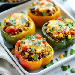 To make taco stuffed peppers, gather these essential ingredients: - 4 large bell peppers (any color) - 1 pound ground turkey or beef - 1 cup cooked rice (white or brown) - 1 can (15 oz) black beans, rinsed and drained - 1 cup corn kernels (fresh or frozen) - 1 packet taco seasoning (or homemade mix) - 1 cup salsa - 1 cup shredded cheese (cheddar or Mexican blend) - 2 tablespoons olive oil - Salt and pepper to taste - Fresh cilantro for garnish (optional) - Sour cream for serving (optional) These ingredients blend to create a tasty meal. The bell peppers act as a healthy vessel for the filling. The ground turkey or beef adds protein and flavor. Cooked rice makes the dish hearty. Black beans and corn contribute fiber and texture. Taco seasoning gives the mixture a spicy kick. Salsa adds moisture and zest. Shredded cheese makes everything better with its gooey goodness. You can adjust ingredients based on your taste. Want more spice? Add more taco seasoning or hot salsa. Prefer veggies? Use more black beans and corn. Each ingredient plays a part in making these taco stuffed peppers a hit. They are easy to prepare and perfect for any meal. {{ingredient_image_1}} Start by washing the bell peppers. Any color works here. Cut the tops off each pepper. Use a sharp knife for better control. Remove all seeds and membranes inside. This will help the peppers cook evenly. Set them aside while you prepare the taco mixture. Grab a large skillet and place it on medium heat. Pour in two tablespoons of olive oil. Once hot, add one pound of ground turkey or beef. Cook it until it's browned, breaking it apart with a spoon. This should take about 5-7 minutes. Drain any excess fat. Next, sprinkle in one packet of taco seasoning. Stir it well and cook for another two minutes. Now, add one cup of cooked rice, one can of black beans, and one cup of corn. Mix everything together. Pour in half a cup of salsa and stir again. Heat for another 3-5 minutes until warm. Now it’s time to stuff the peppers! Take the taco mixture and fill each pepper. Press down gently to pack them well. Place the stuffed peppers upright in a baking dish. Pour the remaining salsa over the top of each pepper. Finally, sprinkle one cup of shredded cheese on top. Cover the dish with aluminum foil. Bake in your preheated oven at 375°F for 25 minutes. After that, remove the foil and bake for another 10-15 minutes. The peppers should be tender, and the cheese bubbly and golden. Let them cool slightly before serving. Enjoy with fresh cilantro and a dollop of sour cream if you like! When picking peppers, look for large, firm ones. They should feel heavy for their size. Choose peppers with smooth skin and vibrant colors. Red, yellow, or green all work well. Avoid any that have soft spots or wrinkles. These may spoil quickly. Fresh peppers taste better and hold up during cooking. For juicy ground meat, do not overcook it. Brown the meat in a hot skillet to seal in moisture. Break it apart gently with a spoon as it cooks. Drain any excess fat after browning. This keeps your dish from being greasy. Always season the meat while cooking. This helps the flavor spread throughout the dish. Baking times can vary based on your oven and pepper size. Start with the recommended time of 25 minutes covered. Then, remove the foil and bake for another 10-15 minutes. Check if the peppers are tender and the cheese is bubbly. If they need more time, return them to the oven. Just keep an eye on them to avoid burning. Pro Tips Choose Colorful Peppers: Using a mix of red, yellow, and green bell peppers not only enhances the visual appeal but also adds subtle variations in flavor. Customize the Filling: Feel free to add your favorite vegetables, such as diced tomatoes or zucchini, to the stuffing for extra nutrition and flavor. Make Ahead: You can prepare the stuffed peppers a day in advance. Simply cover and refrigerate them before baking; this saves time on busy weeknights. Experiment with Toppings: Top your peppers with sliced jalapeños, avocado, or a sprinkle of lime juice for an extra punch of flavor just before serving. {{image_2}} You can easily make these taco stuffed peppers meat-free. Replace meat with a mix of beans, quinoa, and veggies. Try using 1 can of black beans and 1 cup of cooked quinoa. Add diced zucchini or mushrooms for more flavor and texture. You can also use lentils for a hearty base. Top with cheese for a rich, creamy taste. This version is full of protein and fiber, making it a healthy choice. For a low-carb option, skip the rice and use cauliflower rice instead. Cauliflower rice is light and absorbs flavors well. You can also reduce the number of beans to lower carbs. Use extra veggies like chopped spinach or diced bell peppers in the filling. This keeps the meal filling without the extra carbs. You can still enjoy all the taco flavors while sticking to your diet. You can change the flavor of your stuffed peppers by using different seasonings. Instead of taco seasoning, try a mix of cumin, paprika, and chili powder for a smoky taste. For a Mediterranean twist, use oregano and feta cheese. If you enjoy a kick, add jalapeños or chili flakes to the mix. Each variation offers a new taste adventure, keeping your meals exciting and fresh. Store leftover taco stuffed peppers in an airtight container. Keep them in the fridge. They stay fresh for about three to four days. Make sure to let them cool before sealing. This helps prevent moisture buildup. To reheat, preheat your oven to 350°F (175°C). Place the peppers in a baking dish. Cover with foil to keep them moist. Heat for about 20 minutes or until warm. You can also use the microwave. Heat for two to three minutes. Check that they are hot all the way through. To freeze, let the peppers cool completely. Wrap each pepper in plastic wrap. Then place them in a freezer-safe bag. They can last up to three months in the freezer. When ready to eat, thaw them in the fridge overnight. Reheat them as mentioned above. Enjoy the flavors again! Yes, you can use frozen peppers. Just thaw them before stuffing. Frozen peppers are softer, so they may cook faster. Keep an eye on them to avoid overcooking. You can use several options instead of meat. Try black beans, lentils, or quinoa for protein. You can also use tofu or tempeh for a vegetarian choice. All these options mix well with the other flavors. Peppers are done when they are tender and the cheese is golden. You can check by inserting a fork into the peppers. If the fork goes in easily, they are ready to eat. Yes, you can prepare taco stuffed peppers ahead of time. Stuff the peppers and place them in the fridge. You can bake them the next day. Just add a few extra minutes to the baking time. Taco stuffed peppers go well with many sides. Consider serving them with a fresh salad, rice, or tortilla chips. You can also add guacamole or salsa for extra flavor. Taco stuffed peppers are simple to make and very tasty. You learned about the best ingredients, step-by-step cooking, and useful tips. Remember, you can switch up the recipe to fit your needs. Store leftovers easily and enjoy them later. Whether you chose meat or made it vegetarian, these peppers bring a fun twist to dinner. Try different flavors each time. I hope you feel excited to make this dish at home!