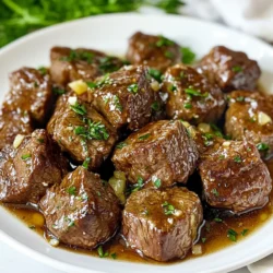 - 2 pounds beef sirloin, cut into bite-sized cubes - 1/2 cup unsalted butter - 6 cloves garlic, minced - 1 tablespoon fresh rosemary, chopped - 1 tablespoon fresh thyme, chopped - 1 teaspoon black pepper - 1 teaspoon salt - 1/2 cup beef broth - 1 tablespoon soy sauce - 1 tablespoon Worcestershire sauce - Fresh parsley, chopped (for garnish) For this recipe, I use beef sirloin. It has great flavor and texture. Cutting it into bite-sized cubes helps it cook evenly. Next, I add unsalted butter. It creates a rich taste and perfectly blends with garlic. Speaking of garlic, I use six cloves, minced finely. Garlic brings a nice aroma and flavor. Fresh herbs like rosemary and thyme give depth to the dish. They make the beef taste even better. I also include black pepper and salt for seasoning. Beef broth adds moisture and enhances the beef's flavor. Lastly, soy sauce and Worcestershire sauce bring umami to the mix. For garnish, I chop fresh parsley. It adds color and freshness to the dish, making it look appealing. {{ingredient_image_1}} To start, you need to sear the beef cubes. Grab a large skillet and heat it over medium-high heat. Add 1/4 cup of unsalted butter. Once the butter melts, add the beef sirloin cubes. Season them with salt and black pepper. Sear the beef for about 5 to 7 minutes. You want them browned on all sides. This step adds flavor to the dish. After searing, transfer the beef to the slow cooker. Make sure to scrape up any brown bits from the skillet. Those bits carry great taste. Next, it’s time to make the garlic butter sauce. In the same skillet, add the rest of the butter. Toss in the minced garlic, chopped rosemary, and thyme. Sauté this mixture for about 2 minutes. You want it fragrant but not burnt. Now, pour in the beef broth, soy sauce, and Worcestershire sauce. Stir well to combine all the ingredients. Let this mix simmer for 2 to 3 minutes. This will deepen the flavors. Then, pour the garlic butter sauce over the beef in the slow cooker. Make sure the beef is well coated. Now it’s time to cook the beef bites. You have two options: low or high settings. Cooking on low takes 6 to 8 hours. If you're short on time, use high for 3 to 4 hours. Check the beef for tenderness before serving. It should be juicy and easy to pull apart with a fork. If you need to, adjust the seasoning before serving. Enjoy your delicious beef bites! When cooking beef bites, high heat is key. It helps create a nice brown crust. This crust adds flavor and keeps the meat juicy. If you cook on low heat, the beef will not brown well. It might also become tough and chewy. To avoid overcrowding the pan, cook in batches. If you add too much beef at once, the heat will drop. This will lead to steaming instead of searing. Sear the beef for about 5-7 minutes. You want a deep brown color on all sides. You can adjust the seasoning to fit your taste. If you enjoy a bit of spice, add some red pepper flakes. For a more savory flavor, try a dash of smoked paprika. Fresh herbs like basil or oregano can also work well. Feel free to add more herbs or spices based on what you love. Thyme and rosemary provide a great depth of flavor. You can even experiment with different combinations if you feel adventurous! For serving, lay the beef bites on a large platter. Drizzle the garlic butter sauce over the top. This way, everyone can enjoy that rich flavor. Sprinkle some chopped parsley on top for a pop of color. It makes the dish look fresh and inviting. You can also serve with toothpicks for easy eating. This is perfect for parties or casual get-togethers! Pro Tips Use Quality Beef: Selecting high-quality beef sirloin will yield more tender and flavorful bites. Look for marbling as it enhances the taste. Don't Rush the Browning: Searing the beef cubes properly develops a rich flavor. Ensure your skillet is hot enough before adding the meat. Customize Herbs: Feel free to experiment with herbs like thyme or oregano according to your preference. Fresh herbs will always elevate the dish. Thicken the Sauce: If you prefer a thicker sauce, mix a bit of cornstarch with cold water and stir it into the sauce during the last 30 minutes of cooking. {{image_2}} You can easily swap out the beef sirloin for other cuts. Chuck roast or flank steak work well too. They add rich flavor and tenderness. For a lighter option, try using chicken. If you're dairy-free, there are great butter alternatives. Look for plant-based butters made from oils. These work well in recipes and still give that creamy taste. To add more flavor, toss in some veggies. Bell peppers or onions add crunch and sweetness. You can also include mushrooms for an earthy taste. Don’t be afraid to play with marinades. A splash of teriyaki or barbecue sauce can change the whole dish. Mix up the herbs too. Adding basil or cilantro brings a fresh twist. You can adapt this recipe for the stovetop. Just sear the beef in a large pot, then add the sauce. Simmer until the beef is tender. If you prefer the oven, you can bake the beef bites. Preheat your oven to 350°F. Place the beef in a baking dish and cover it with sauce. Bake for about 1.5 hours for tender bites. To store leftovers, let the beef bites cool first. Place them in an airtight container. Make sure to seal it tightly to keep them fresh. You can store them in the fridge for up to three days. When you want to reheat, use a microwave or stovetop. If using a microwave, heat in short intervals to avoid overcooking. For the stovetop, add a splash of beef broth and warm over medium heat until hot. To freeze beef bites, let them cool completely. Use a freezer-safe container or bag. Remove as much air as you can before sealing. These bites can last up to three months in the freezer. For thawing, the best way is to move them to the fridge overnight. If you need them quick, you can thaw them in the microwave on the defrost setting. After thawing, reheat as mentioned above to enjoy them again. Yes, you can prepare the beef bites ahead of time. Here are some tips for meal prep: - Marinate the beef: You can season and marinate the beef cubes a day before. This helps the flavors soak in. - Chop ingredients: Pre-chop garlic and herbs. Store them in airtight containers in the fridge. - Use the slow cooker: You can assemble everything in the slow cooker the night before. Just refrigerate it overnight. In the morning, set the cooker to start. These beef bites pair well with many sides. Here are some tasty suggestions: - Mashed potatoes: Creamy potatoes soak up the sauce well. - Rice: Fluffy rice balances the rich flavors of the beef. - Steamed veggies: Green beans or broccoli add color and nutrition. - Bread: Crusty bread is perfect for dipping into the sauce. You can tell the beef is done by these signs: - Tenderness: The beef should be fork-tender, easily breaking apart. - Color: It should be dark brown all over. - Juices: Clear juices, not pink, show that it’s cooked. Check these signs around the 6-hour mark on low or 3-hour mark on high. Adjust the time if needed for perfect bites. This blog post covered all you need to know about making Slow Cooker Garlic Butter Beef Bites. We explored key ingredients like beef sirloin and garlic, plus the steps for perfect preparation. You learned tips for enhancing flavor and presentation, along with storage advice. My final thought is simple: this dish is easy to make and enjoy. With a few tweaks, you can make it your own. Now, get cooking and enjoy a tasty meal!