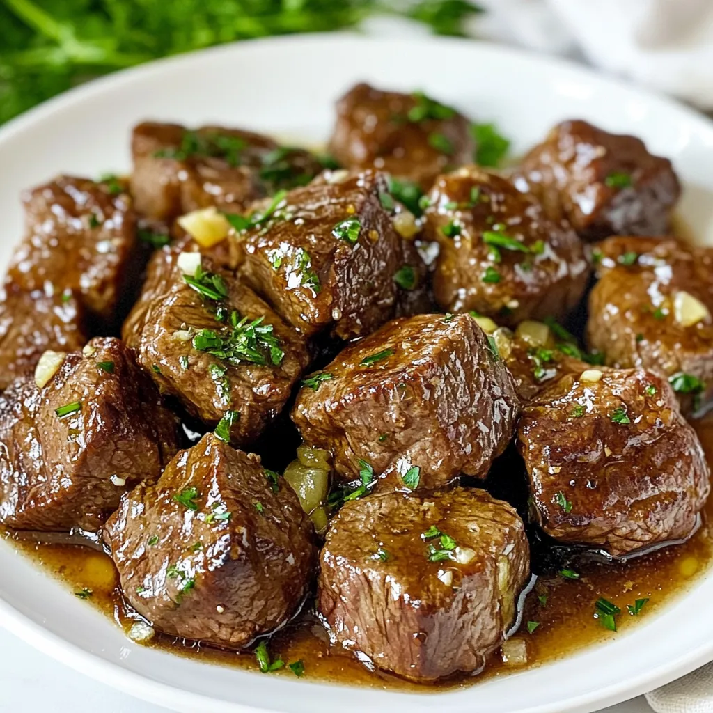 - 2 pounds beef sirloin, cut into bite-sized cubes - 1/2 cup unsalted butter - 6 cloves garlic, minced - 1 tablespoon fresh rosemary, chopped - 1 tablespoon fresh thyme, chopped - 1 teaspoon black pepper - 1 teaspoon salt - 1/2 cup beef broth - 1 tablespoon soy sauce - 1 tablespoon Worcestershire sauce - Fresh parsley, chopped (for garnish) For this recipe, I use beef sirloin. It has great flavor and texture. Cutting it into bite-sized cubes helps it cook evenly. Next, I add unsalted butter. It creates a rich taste and perfectly blends with garlic. Speaking of garlic, I use six cloves, minced finely. Garlic brings a nice aroma and flavor. Fresh herbs like rosemary and thyme give depth to the dish. They make the beef taste even better. I also include black pepper and salt for seasoning. Beef broth adds moisture and enhances the beef's flavor. Lastly, soy sauce and Worcestershire sauce bring umami to the mix. For garnish, I chop fresh parsley. It adds color and freshness to the dish, making it look appealing. {{ingredient_image_1}} To start, you need to sear the beef cubes. Grab a large skillet and heat it over medium-high heat. Add 1/4 cup of unsalted butter. Once the butter melts, add the beef sirloin cubes. Season them with salt and black pepper. Sear the beef for about 5 to 7 minutes. You want them browned on all sides. This step adds flavor to the dish. After searing, transfer the beef to the slow cooker. Make sure to scrape up any brown bits from the skillet. Those bits carry great taste. Next, it’s time to make the garlic butter sauce. In the same skillet, add the rest of the butter. Toss in the minced garlic, chopped rosemary, and thyme. Sauté this mixture for about 2 minutes. You want it fragrant but not burnt. Now, pour in the beef broth, soy sauce, and Worcestershire sauce. Stir well to combine all the ingredients. Let this mix simmer for 2 to 3 minutes. This will deepen the flavors. Then, pour the garlic butter sauce over the beef in the slow cooker. Make sure the beef is well coated. Now it’s time to cook the beef bites. You have two options: low or high settings. Cooking on low takes 6 to 8 hours. If you're short on time, use high for 3 to 4 hours. Check the beef for tenderness before serving. It should be juicy and easy to pull apart with a fork. If you need to, adjust the seasoning before serving. Enjoy your delicious beef bites! When cooking beef bites, high heat is key. It helps create a nice brown crust. This crust adds flavor and keeps the meat juicy. If you cook on low heat, the beef will not brown well. It might also become tough and chewy. To avoid overcrowding the pan, cook in batches. If you add too much beef at once, the heat will drop. This will lead to steaming instead of searing. Sear the beef for about 5-7 minutes. You want a deep brown color on all sides. You can adjust the seasoning to fit your taste. If you enjoy a bit of spice, add some red pepper flakes. For a more savory flavor, try a dash of smoked paprika. Fresh herbs like basil or oregano can also work well. Feel free to add more herbs or spices based on what you love. Thyme and rosemary provide a great depth of flavor. You can even experiment with different combinations if you feel adventurous! For serving, lay the beef bites on a large platter. Drizzle the garlic butter sauce over the top. This way, everyone can enjoy that rich flavor. Sprinkle some chopped parsley on top for a pop of color. It makes the dish look fresh and inviting. You can also serve with toothpicks for easy eating. This is perfect for parties or casual get-togethers! Pro Tips Use Quality Beef: Selecting high-quality beef sirloin will yield more tender and flavorful bites. Look for marbling as it enhances the taste. Don't Rush the Browning: Searing the beef cubes properly develops a rich flavor. Ensure your skillet is hot enough before adding the meat. Customize Herbs: Feel free to experiment with herbs like thyme or oregano according to your preference. Fresh herbs will always elevate the dish. Thicken the Sauce: If you prefer a thicker sauce, mix a bit of cornstarch with cold water and stir it into the sauce during the last 30 minutes of cooking. {{image_2}} You can easily swap out the beef sirloin for other cuts. Chuck roast or flank steak work well too. They add rich flavor and tenderness. For a lighter option, try using chicken. If you're dairy-free, there are great butter alternatives. Look for plant-based butters made from oils. These work well in recipes and still give that creamy taste. To add more flavor, toss in some veggies. Bell peppers or onions add crunch and sweetness. You can also include mushrooms for an earthy taste. Don’t be afraid to play with marinades. A splash of teriyaki or barbecue sauce can change the whole dish. Mix up the herbs too. Adding basil or cilantro brings a fresh twist. You can adapt this recipe for the stovetop. Just sear the beef in a large pot, then add the sauce. Simmer until the beef is tender. If you prefer the oven, you can bake the beef bites. Preheat your oven to 350°F. Place the beef in a baking dish and cover it with sauce. Bake for about 1.5 hours for tender bites. To store leftovers, let the beef bites cool first. Place them in an airtight container. Make sure to seal it tightly to keep them fresh. You can store them in the fridge for up to three days. When you want to reheat, use a microwave or stovetop. If using a microwave, heat in short intervals to avoid overcooking. For the stovetop, add a splash of beef broth and warm over medium heat until hot. To freeze beef bites, let them cool completely. Use a freezer-safe container or bag. Remove as much air as you can before sealing. These bites can last up to three months in the freezer. For thawing, the best way is to move them to the fridge overnight. If you need them quick, you can thaw them in the microwave on the defrost setting. After thawing, reheat as mentioned above to enjoy them again. Yes, you can prepare the beef bites ahead of time. Here are some tips for meal prep: - Marinate the beef: You can season and marinate the beef cubes a day before. This helps the flavors soak in. - Chop ingredients: Pre-chop garlic and herbs. Store them in airtight containers in the fridge. - Use the slow cooker: You can assemble everything in the slow cooker the night before. Just refrigerate it overnight. In the morning, set the cooker to start. These beef bites pair well with many sides. Here are some tasty suggestions: - Mashed potatoes: Creamy potatoes soak up the sauce well. - Rice: Fluffy rice balances the rich flavors of the beef. - Steamed veggies: Green beans or broccoli add color and nutrition. - Bread: Crusty bread is perfect for dipping into the sauce. You can tell the beef is done by these signs: - Tenderness: The beef should be fork-tender, easily breaking apart. - Color: It should be dark brown all over. - Juices: Clear juices, not pink, show that it’s cooked. Check these signs around the 6-hour mark on low or 3-hour mark on high. Adjust the time if needed for perfect bites. This blog post covered all you need to know about making Slow Cooker Garlic Butter Beef Bites. We explored key ingredients like beef sirloin and garlic, plus the steps for perfect preparation. You learned tips for enhancing flavor and presentation, along with storage advice. My final thought is simple: this dish is easy to make and enjoy. With a few tweaks, you can make it your own. Now, get cooking and enjoy a tasty meal!