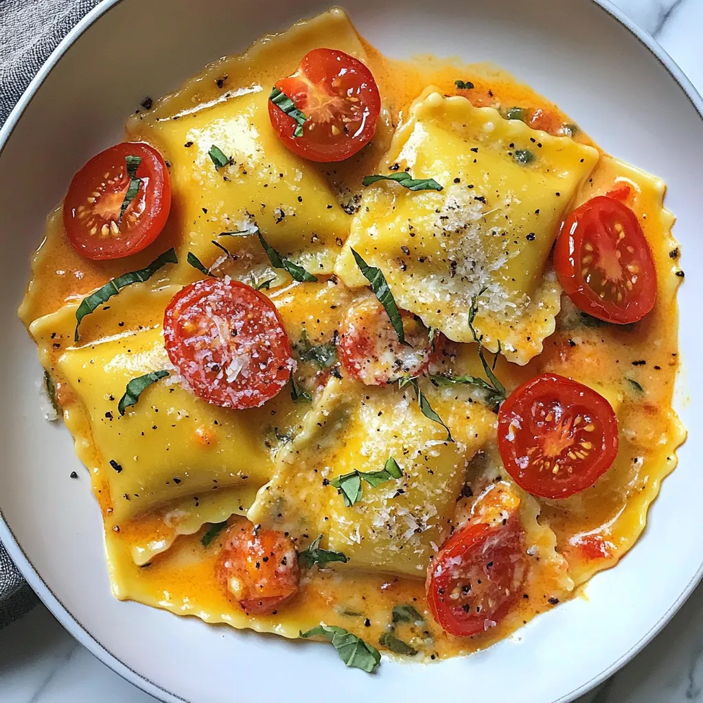 To make the creamy tomato ravioli, gather these simple ingredients: - 12 oz store-bought or homemade cheese ravioli - 1 cup cherry tomatoes, halved - 1 tablespoon olive oil - 3 cloves garlic, minced - 1 cup heavy cream - 1 teaspoon dried basil - 1 teaspoon sugar - Salt and pepper to taste - Fresh basil leaves for garnish - Grated Parmesan cheese for serving These ingredients come together to create rich flavors and a creamy texture that you’ll love. You can add a twist to your ravioli dish with these optional ingredients: - Spinach for extra greens - Red pepper flakes for heat - Mushrooms for earthy flavors - A splash of white wine for depth - Sun-dried tomatoes for a tangy kick Feel free to mix and match these options to suit your taste. If you need to make swaps, here are some easy substitutions: - Use ricotta or spinach ravioli instead of cheese ravioli - Swap heavy cream with coconut milk for a lighter sauce - Use fresh basil in place of dried basil for a brighter flavor - Try cherry tomatoes with grape tomatoes for a change - Replace Parmesan with nutritional yeast for a dairy-free option These substitutions keep the recipe flexible while still being delicious. {{ingredient_image_1}} First, bring a large pot of water to boil. Add a pinch of salt to the water. Once boiling, add 12 oz of cheese ravioli. Cook them until they are al dente, which takes about 3 to 5 minutes. Check the package for exact cooking time. When done, drain the ravioli and set them aside. In a large skillet, heat 1 tablespoon of olive oil over medium heat. Add 3 minced garlic cloves to the hot oil. Sauté for about 1 minute until the garlic smells nice. Next, add 1 cup of halved cherry tomatoes to the skillet. Cook them for 4 to 5 minutes until they soften and start to burst. Now, pour in 1 cup of heavy cream. Stir everything well to mix. Add 1 teaspoon of dried basil, 1 teaspoon of sugar, and salt and pepper to taste. Let the sauce simmer for about 5 minutes until it thickens a bit. Now it’s time to combine! Gently fold the cooked ravioli into the creamy tomato sauce. Make sure each ravioli gets a good coating of the sauce. Heat everything together for about 2 minutes. Once done, serve the ravioli on plates. Garnish with fresh basil leaves and a sprinkle of grated Parmesan cheese for a lovely finish. Enjoy your meal! - Always cook ravioli in salted water. This adds flavor to the pasta. - Don’t overcook the ravioli. Al dente is key for the best bite. - Stir gently while cooking to prevent sticking. This keeps the ravioli intact. - Drain ravioli carefully. Use a slotted spoon to avoid breaking them. - Use fresh garlic for a stronger taste. It makes a big difference. - Sauté the cherry tomatoes until they burst. This brings out their sweetness. - A pinch of sugar balances the sauce's acidity. It creates a smoother taste. - Adding fresh basil at the end brightens the dish. It adds a lovely aroma. - Store leftovers in an airtight container. It keeps them fresh for up to three days. - Reheat gently on the stove. Add a splash of cream to keep it creamy. - Avoid microwaving if possible. It can make the ravioli mushy. - For longer storage, freeze the sauce and ravioli separately. They’ll taste great later! Pro Tips Use Fresh Ingredients: Fresh cherry tomatoes will enhance the flavor of your sauce significantly compared to canned or older tomatoes. Adjust the Creaminess: If you prefer a lighter sauce, substitute half of the heavy cream with chicken or vegetable broth for a thinner consistency. Customize the Herbs: Feel free to experiment with different herbs like oregano or thyme to give your sauce a unique twist. Save Pasta Water: Reserve some pasta cooking water before draining. A splash can help loosen the sauce if it becomes too thick. {{image_2}} You can easily make this dish vegetarian or vegan. For a vegetarian option, use cheese ravioli. Look for brands that offer a variety filled with spinach or ricotta. For a vegan alternative, choose plant-based ravioli made from mushrooms or lentils. Replace heavy cream with coconut cream or cashew cream. This change keeps the sauce creamy and adds a nice flavor twist. Ravioli comes in many flavors. You can switch things up by using different fillings. Try butternut squash or mushroom ravioli for a sweet and savory mix. If you love spinach, use spinach and ricotta ravioli. Each filling will change the taste of your dish. Feel free to experiment and find your favorite combination! Want to add some heat? Mix in red pepper flakes to your sauce for a spicy kick. You can also add fresh herbs like parsley or oregano for extra flavor. Another fun idea is to use sun-dried tomatoes for a richer taste. You can even swap out the dried basil for fresh basil. Each variation will give your dish a unique twist! To store leftover ravioli, let it cool first. Place the ravioli in an airtight container. Make sure to add some sauce if you have any left. This helps prevent the pasta from sticking. Store in the fridge for up to 3 days. If you want to freeze ravioli, follow these steps. First, let the ravioli cool completely. Spread them out on a baking sheet. Place them in the freezer for about an hour. Once frozen, transfer them to a freezer-safe bag. They can last for up to 3 months. To keep your ravioli fresh, avoid adding sauce until serving. Keep the pasta and sauce separate. Use the airtight container for both, if needed. For the best taste, consume the ravioli soon after cooking. If you freeze, thaw them in the fridge overnight before reheating. The best way to cook ravioli is by boiling it. Use a large pot filled with salted water. Bring the water to a boil. Add the ravioli and cook until al dente. This usually takes about 3 to 5 minutes. Fresh ravioli cooks faster than frozen. Always check the package for specific times. After cooking, drain the ravioli and toss it in your sauce right away. This keeps it warm and helps the flavors blend. Yes, you can use fresh tomatoes. Just chop them into small pieces. You will need about 1 to 1.5 cups of fresh tomatoes. Remove the seeds for a smoother sauce. Cooking time may change slightly. You want to cook them until they soften and start to break down. This adds a nice, rich flavor to your sauce. Fresh tomatoes give a different taste but are just as tasty. To make this dish dairy-free, swap out the heavy cream. Use coconut cream or a plant-based cream. You can also use cashew cream for a rich texture. Make sure your ravioli is dairy-free too. You can find options made with spinach or other fillings. Use nutritional yeast instead of cheese for a cheesy flavor. Fresh herbs can add depth without dairy. This way, you can still enjoy a creamy sauce. This blog covered how to make delicious ravioli with sauce. We discussed key ingredients and tips for cooking. You also learned about different variations and storage methods. Remember, cooking can be fun and creative. Use these pointers to make your dish perfect next time. Explore your own flavors and share your meals. Enjoy your culinary journey and try new things with ravioli!