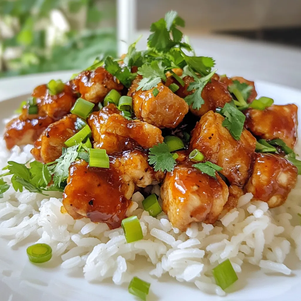 - 2 cups jasmine rice - 1 pound chicken breast, diced - 1/2 cup honey - 1/2 cup barbecue sauce - 1 tablespoon olive oil - 1 teaspoon garlic powder - 1 teaspoon onion powder - Salt and pepper to taste - 1/2 cup green onions, sliced - 1/4 cup cilantro, chopped Gather these ingredients before you start. Jasmine rice gives a lovely aroma. The chicken adds protein and texture. Honey and barbecue sauce bring sweetness and tang. Olive oil helps in cooking. Garlic and onion powder add flavor. Don’t forget salt and pepper to make everything pop! For garnishing, green onions and cilantro give a fresh look. They also add a nice flavor. You can adjust the amount of the sauces to suit your taste. This recipe is flexible, so feel free to mix it up! {{ingredient_image_1}} Rinsing jasmine rice Start by rinsing 2 cups of jasmine rice under cold water. This removes extra starch. Rinse until the water runs clear. This step helps the rice stay fluffy and not sticky. Boiling and simmering instructions In a saucepan, combine the rinsed rice with 4 cups of water and a pinch of salt. Bring this mix to a boil over high heat. Once it boils, reduce the heat to low. Cover the saucepan and let it simmer for about 15 minutes. The rice is done when it's fluffy and all the water has absorbed. Searing the chicken in a skillet While the rice cooks, heat 1 tablespoon of olive oil in a large skillet over medium-high heat. Add 1 pound of diced chicken breast to the skillet. Cook the chicken for about 5-7 minutes. Stir it often until it turns golden brown and is cooked through. Seasoning tips for optimal flavor To add flavor, season the chicken with 1 teaspoon each of garlic powder and onion powder. Don't forget to add salt and pepper to taste. These spices enhance the chicken's taste and make it pop. Mixing honey and barbecue sauce In a small bowl, mix 1/2 cup of honey with 1/2 cup of your favorite barbecue sauce. Stir until they blend well. This mix adds a sweet and tangy flavor to the chicken. Simmering for sauce thickening Once the chicken is cooked, pour the honey BBQ mix over it in the skillet. Stir to coat the chicken evenly. Let it simmer for an extra 3-4 minutes. This helps the sauce thicken and cling to the chicken. - Use a 2:1 ratio of water to jasmine rice. For 2 cups of rice, use 4 cups of water. - After cooking, fluff the rice with a fork. This keeps each grain separate. - Cook chicken until it is no longer pink. This usually takes 5-7 minutes. - Season chicken with garlic and onion powder. This adds great flavor. - Add the sauce after the chicken is browned. This allows the flavors to meld. - Stir the sauce with the chicken until all pieces are coated. This makes each bite tasty. Pro Tips Rinse the Rice: Rinsing jasmine rice removes excess starch, preventing it from becoming gummy and ensuring a fluffy texture. Choose Quality BBQ Sauce: Your choice of barbecue sauce can significantly impact the flavor. Opt for a brand that you love for the best results. Thicken the Sauce: Let the honey BBQ sauce simmer a little longer to achieve a richer and thicker consistency that clings better to the chicken. Garnish for Freshness: Add fresh herbs like cilantro and green onions right before serving to enhance the dish's flavor and presentation. {{image_2}} You can switch the chicken for other proteins. Ground beef or diced beef works well. You can also use tofu for a plant-based option. Simply season it the same way as chicken. Cook it until it is golden and firm. This adds variety to the dish and keeps it exciting. Making your own honey BBQ sauce is easy. Here’s a quick recipe you can try: - 1/2 cup honey - 1/2 cup ketchup - 1 tablespoon apple cider vinegar - 1 tablespoon Worcestershire sauce - 1 teaspoon garlic powder - 1 teaspoon onion powder - Salt and pepper to taste Mix all these ingredients in a bowl. Stir until combined. This sauce is sweet and tangy. You can adjust the flavors to fit your taste. If you want a healthier option, try brown rice or quinoa. Brown rice has more fiber and a nutty flavor. Quinoa is protein-rich and cooks quickly. You can use the same cooking method as jasmine rice. Just check cooking times for each. Both options make the dish more nutritious and hearty. To keep your honey BBQ chicken rice fresh, use airtight containers. Glass or plastic containers work well. Make sure to let the dish cool before sealing. This helps prevent moisture build-up, which can make the rice soggy. For the best taste, reheat in a microwave or on the stovetop. If you choose the microwave, put a damp paper towel over the rice. This keeps it moist while heating. On the stovetop, add a splash of water and stir gently until warm. This method helps maintain the rice's texture. To freeze honey BBQ chicken rice, first, let it cool completely. Then, place it in freezer-safe bags or containers. Remove as much air as possible to avoid freezer burn. Label the bags with the date. When ready to eat, thaw it in the fridge overnight before reheating. To make Honey BBQ Chicken Rice gluten-free, you can swap the barbecue sauce. Look for brands that offer gluten-free options. Many offer tasty flavors without gluten. You should also check the jasmine rice. Most brands are gluten-free, but it is always good to read the label. You can pair Honey BBQ Chicken Rice with fresh veggies. Steamed broccoli or green beans work well. A simple salad with mixed greens is also a great choice. For a crunchy touch, serve with coleslaw. You can add fruit like sliced mango or pineapple for a sweet twist. Yes, you can prepare this dish ahead of time. Cook the rice and chicken separately to keep them fresh. Store them in airtight containers. You can assemble the dish a few hours before serving. Just reheat the chicken and rice when you are ready to eat. We covered how to make a tasty Honey BBQ Chicken Rice meal. You learned about the key ingredients, step-by-step cooking methods, and storage tips. Remember to try different proteins or sauces to fit your taste. Keep these tips handy for meal prep or quick dinners. Enjoy your cooking and share your creations with friends!