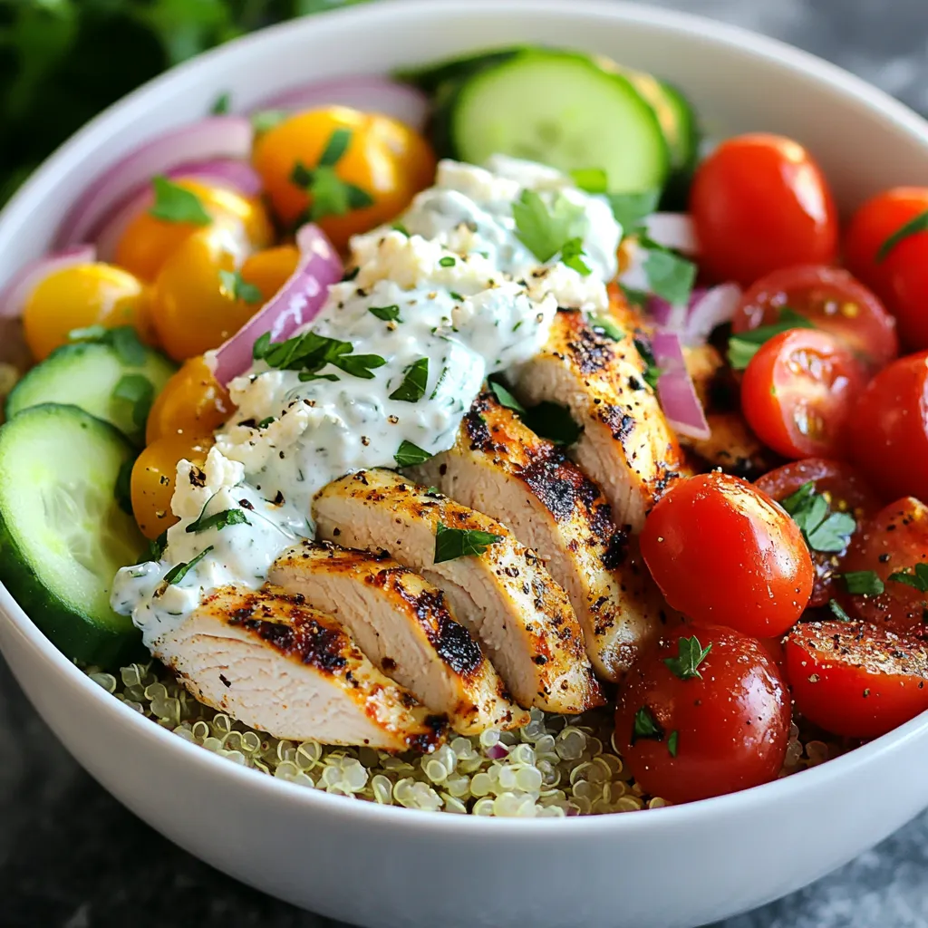 - 2 boneless, skinless chicken breasts - 2 tablespoons olive oil - 1 tablespoon garlic powder - 1 tablespoon dried oregano - 1 teaspoon cumin - Salt and pepper to taste - 2 cups cooked quinoa - 1 cup cherry tomatoes, halved - 1 cucumber, diced - 1 red onion, thinly sliced - 1/4 cup feta cheese, crumbled - 1/4 cup tzatziki sauce For my Chicken Gyro Power Bowls, I love using boneless, skinless chicken breasts. They cook fast and stay juicy. I marinate them with olive oil, garlic powder, dried oregano, and cumin. This mix gives the chicken a rich, bold flavor. Next, I use quinoa as the base. It’s packed with nutrients and adds a nice texture. I also fold in fresh cherry tomatoes, diced cucumber, and thinly sliced red onion. These veggies add crunch and color, making the dish vibrant. Finally, I sprinkle crumbled feta cheese over the top. It brings a salty, creamy finish that pairs well with the tzatziki sauce. Tzatziki adds a cool touch and ties all the flavors together. - Fresh parsley - Lemon wedges - Capers Sometimes, I like to add fresh parsley for a pop of green. Lemon wedges brighten the dish, too. Capers give a briny kick that enhances the flavors. These garnishes add fun and extra taste to my bowls. {{ingredient_image_1}} To start, I prepare the marinade. In a bowl, I mix together: - 2 tablespoons olive oil - 1 tablespoon garlic powder - 1 tablespoon dried oregano - 1 teaspoon cumin - Salt and pepper to taste I add the chicken breasts to the bowl and coat them well. This step is key to building flavor. I let the chicken marinate for at least 30 minutes. For the best taste, I recommend marinating for up to 2 hours in the fridge. Next, I choose to grill or use a skillet. Both methods work great. If grilling, I preheat my grill to medium-high heat. For a skillet, I do the same. I cook the marinated chicken for about 6-7 minutes on each side. The chicken is done when it reaches an internal temperature of 165°F (75°C). After cooking, I remove the chicken and let it rest for a few minutes before slicing it into strips. This helps keep the chicken juicy. While the chicken rests, I prepare the quinoa. If it’s not already cooked, I fluff it with a fork. In a large bowl, I combine the cooked quinoa with: - 1 cup cherry tomatoes, halved - 1 cucumber, diced - 1 red onion, thinly sliced I gently toss these together to mix. To build the bowls, I divide the quinoa salad among serving bowls. I top each bowl with sliced chicken, crumbled feta cheese, and a generous dollop of tzatziki sauce. For a nice touch, I garnish with fresh chopped parsley. This makes each bowl look colorful and appetizing. To make your chicken gyro even better, try adding spices like smoked paprika or coriander. You can also use fresh herbs like dill or mint for a bright taste. Marinating your chicken is very important. I recommend letting it sit for at least 30 minutes. If you can, give it up to 2 hours. This helps the flavors soak in well. Cooking quinoa is simple. Rinse it first to remove any bitterness. Then, use a 2:1 ratio of water to quinoa. Bring it to a boil, then let it simmer for about 15 minutes. Fluff it with a fork when done. If you need a substitute, try brown rice or couscous. Both work well in this dish. These chicken gyro power bowls are perfect for lunch or dinner. Serve them warm or cold. For meal prep, pack each ingredient in separate containers. This keeps everything fresh. You can mix it up by adding more veggies or grains. Enjoy your colorful and tasty meal! Pro Tips Marination Time: Allowing the chicken to marinate for at least 2 hours will enhance its flavor and tenderness. Grilling Technique: Ensure your grill or skillet is preheated to medium-high heat for a nice sear and to lock in juices. Quinoa Cooking: Rinse quinoa before cooking to remove bitterness, and use a 2:1 ratio of water to quinoa for optimal fluffiness. Serving Suggestions: Serve with extra tzatziki on the side for dipping and keep bowls layered for a vibrant presentation. {{image_2}} If you want a meat-free version, try using chickpeas or grilled vegetables. Chickpeas add protein and fiber. They also soak up flavor well. Grilled veggies like bell peppers and zucchini bring a smoky taste. For a quick swap, use one can of chickpeas, rinsed and drained. Or, grill your favorite veggies, cut them into bite-sized pieces, and mix them in. Not a fan of quinoa? No worries! You can use brown rice or farro instead. Brown rice is nutty and filling. Farro has a chewy texture that adds depth. These grains offer similar health benefits and are great for a hearty base. Just cook them according to package directions before adding them to your bowl. Want to spice things up? Adding hot sauce can bring a kick. Drizzle some over your chicken or mix it in the tzatziki. Olives add a briny depth and work well with the feta. You can also add sliced avocado for creaminess. It makes every bite richer and tastier. A Chicken Gyro Power Bowl has about 450 calories per serving. This meal is filling and satisfying. The chicken and quinoa provide protein and energy. The veggies add fiber and nutrients without too many calories. Chicken is a great source of lean protein. It helps build and repair muscles. Quinoa is high in protein and contains all nine essential amino acids. It also has fiber, which aids digestion. The veggies like cherry tomatoes and cucumbers add vitamins and minerals. They support your immune system and overall health. Feta cheese gives calcium and flavor, making this bowl both tasty and nutritious. This meal suits many diets. It is gluten-free because it contains no wheat. It is low-carb, as quinoa has fewer carbs than white rice. Chicken is high in protein, which keeps you full longer. This bowl works well for anyone looking for a healthy meal. You can enjoy it for lunch or dinner without worry. You can marinate the chicken for at least 30 minutes. This gives the chicken time to soak up the flavors. For best taste, aim for 2 hours. Marinating too long can make the chicken mushy, so don’t exceed 2 hours. Yes, making tzatziki is simple! You need plain yogurt, grated cucumber, garlic, lemon juice, and salt. Mix these ingredients together for a fresh and tasty sauce. It adds a cool flavor to your Chicken Gyro Power Bowls. You can find Chicken Gyro Power Bowls at Mediterranean or Greek restaurants. Many places offer them on their menu. You can also check food delivery apps for local options. Look for places that focus on fresh ingredients and quality flavors. This article covered how to make delicious Chicken Gyro Power Bowls. We discussed key ingredients, like chicken, quinoa, and fresh veggies. You learned how to marinate and cook chicken, plus assemble your bowl for the best look. I shared tips for cooking quinoa and suggested variations, like vegetarian options. Remember, these bowls can fit any meal and cater to various diets. Enjoy the process and make it your own!