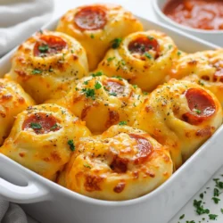 - 1 can (16 oz) refrigerated pizza dough - 1 cup shredded mozzarella cheese - 1/2 cup pepperoni slices, quartered - 1/2 cup marinara sauce (plus extra for dipping) - 1 teaspoon Italian seasoning - 1/2 teaspoon garlic powder - 2 tablespoons olive oil - 1 tablespoon fresh parsley, chopped (for garnish) These ingredients make the base of our tasty pull apart pizza rolls. Each part adds flavor and fun. - 1/4 teaspoon crushed red pepper flakes (for added heat) - Other meats like sausage or ham - Veggies such as bell peppers or mushrooms Feel free to mix in your favorites. You can create your own unique flavor with these options. - Use gluten-free pizza dough for a gluten-free version. - Swap pepperoni for turkey or veggie slices for a healthier choice. - Try dairy-free cheese if lactose intolerant. These swaps let you enjoy pizza rolls, no matter your diet. Everyone can get in on the fun! {{ingredient_image_1}} Start by preheating your oven to 375Β°F (190Β°C). Grease a 9x9 inch baking dish with non-stick spray or olive oil. Next, take the can of refrigerated pizza dough. Unroll it on a clean surface. Cut it into small squares, about 1Β½ inches each. This will be the base for your tasty rolls. In a large bowl, mix the quartered pepperoni and shredded mozzarella cheese. Add Italian seasoning, garlic powder, and crushed red pepper flakes if you want some heat. Stir well to combine all the flavors. Take a dough square and place a spoonful of the cheese and pepperoni mix in the center. Pinch the corners together to form a ball. Do this for all the dough squares until you use everything. Brush the bottom of your baking dish with olive oil. Place the cheese-stuffed dough balls in a single layer. Make sure they are close, but not too crowded. Pour marinara sauce evenly over the rolls. If you want, add more cheese or herbs on top for extra flavor. Cover the dish with aluminum foil and bake for 20 minutes. After that, remove the foil and bake for another 10-15 minutes. You want the tops to be golden brown and the cheese bubbly. Once done, let the rolls cool for a few minutes. Garnish with fresh parsley and serve with extra marinara sauce for dipping. To get the best texture, use fresh pizza dough. Refrigerated dough works well, but fresh makes a big difference. Cut the dough into small squares for even baking. Pinch the corners tightly to hold in the cheese and pepperoni. This keeps the filling inside. Bake covered for the first 20 minutes. This helps the rolls rise and cook through. Remove the foil to brown the tops, making them crispy. You donβt need many tools, but a few can help. Use a sharp knife for cutting the dough. A large mixing bowl works well for the filling. A 9x9 inch baking dish is perfect for baking. A pastry brush helps with the olive oil. Lastly, measuring cups make it easy to portion the cheese and sauce. These tools make the process quick and fun. Serve your pizza rolls hot right from the oven. Place them on a big plate to share. Add a small bowl of marinara sauce for dipping. You can sprinkle chopped parsley on top for color. If you want extra flair, serve with crushed red pepper flakes on the side. This lets guests spice their own rolls. For a fun twist, try serving with a salad or veggie platter. Pro Tips Perfectly Cut Dough: Make sure to cut the pizza dough into even squares for uniform baking and easy handling. Cheese Variations: Experiment with different cheeses such as cheddar or provolone for a unique flavor twist. Make It Ahead: You can assemble the rolls in advance and refrigerate them. Just add a few extra minutes to the baking time. Serve Warm: These rolls are best enjoyed warm, so serve them immediately after baking for the gooey cheese experience! {{image_2}} You can switch up the cheese in your pizza rolls. Try using provolone or cheddar cheese. Both melt nicely and add unique flavors. For a creamy twist, add some ricotta cheese. Mixing different cheeses can make your rolls even more tasty. Feel free to get creative with your fillings. Instead of pepperoni, try cooked sausage, ham, or even veggies. Spinach and mushrooms make a great combo. You can also add different sauces, like pesto or Alfredo, for a new taste. Toppings like olives or jalapeΓ±os add a fun kick too! Make themed rolls for special occasions. For a BBQ theme, use pulled pork and barbecue sauce. For a breakfast twist, fill them with scrambled eggs, cheese, and bacon. You can also make a Mediterranean version with feta, olives, and sun-dried tomatoes. The possibilities are endless! To store leftover pizza rolls, let them cool first. Place them in an airtight container. You can keep them in the fridge for up to three days. If you want to keep them longer, use the freezer. Reheat pizza rolls in the oven for the best taste. Preheat your oven to 350Β°F (175Β°C). Place the rolls on a baking sheet and warm them for about 10 minutes. This keeps them crispy. You can also use the microwave, but the texture wonβt be as nice. Heat for about 30 seconds, checking often. To freeze, place the cooled pizza rolls in a single layer on a baking sheet. Once frozen, transfer them to a freezer bag. They can last up to three months. To thaw, simply remove them from the freezer. Let them sit in the fridge overnight before reheating. Alternatively, you can bake them straight from the freezer; just add a few extra minutes to the cooking time. Yes, you can make these pizza rolls ahead of time. Prepare them as directed but do not bake. Cover the dish with plastic wrap and store it in the fridge for up to 24 hours. When you are ready, bake them straight from the fridge. Just add a few extra minutes to the baking time. Marinara sauce is the classic choice for dipping. It complements the flavors well. You can also try ranch dressing or even a spicy buffalo sauce for a fun twist. Each dip adds a new layer of taste to your pizza rolls. To make vegetarian pizza rolls, simply skip the pepperoni. You can add more cheese or use veggies like bell peppers, mushrooms, or spinach instead. You can also mix in some olives for extra flavor. This way, you keep the rolls tasty and satisfying. Absolutely! Homemade pizza dough works great for these rolls. Just roll it out and cut it into squares, just like the store-bought dough. This gives you control over the ingredients and flavor. Plus, it adds a personal touch to your dish. This post covered all you need to make pizza rolls. We explored the key ingredients and how to customize them. You learned step-by-step instructions for preparation and baking. Tips for great texture and serving ideas helped you create the best rolls. Variations allowed for fun flavors, and storage tips ensured freshness. Overall, these pizza rolls are easy and delicious. Enjoy making them and share them with friends.