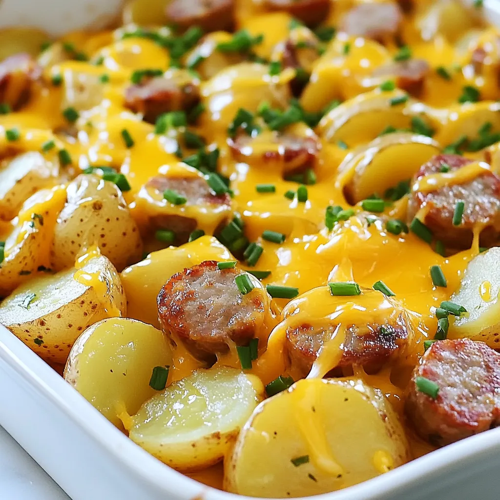- 1 lb baby potatoes, halved - 12 oz smoked sausage, sliced - 1 cup shredded cheddar cheese - 1 tablespoon olive oil - 1/2 cup ranch dressing - 1 teaspoon garlic powder - 1 teaspoon onion powder - Salt and pepper to taste - Fresh chives, chopped To make Cheesy Ranch Potatoes and Smoked Sausage, gather these key ingredients. Baby potatoes give a nice texture. Smoked sausage adds a smoky flavor. Cheddar cheese melts beautifully, making everything rich. Next, you'll need some pantry staples. Olive oil helps everything cook and adds flavor. Ranch dressing brings a creamy tang. Garlic powder and onion powder boost flavor without extra work. Don’t forget salt and pepper to taste! Finally, fresh chives add a pop of color. They also enhance the dish's flavor. Now you have all the ingredients to make this delightful recipe! {{ingredient_image_1}} - Preheat your oven to 400°F (200°C). The heat makes everything crisp and tasty. - Gather your ingredients. You need 1 pound of baby potatoes, 12 ounces of smoked sausage, 1 cup of shredded cheddar cheese, and 1/2 cup of ranch dressing. Don’t forget the olive oil, garlic powder, onion powder, salt, and pepper. Fresh chives will add a nice touch at the end. - In a large bowl, toss the halved baby potatoes and sliced smoked sausage. Drizzle 1 tablespoon of olive oil over them. Make sure everything gets coated well. - Add 1 teaspoon of garlic powder, 1 teaspoon of onion powder, and a pinch of salt and pepper. Mix it all together until the flavors blend. - Spread this mixture on a baking sheet lined with parchment paper. Make sure to spread it in a single layer for even cooking. - Roast in the oven for 25-30 minutes. Stir halfway through to help them cook evenly. Look for tender potatoes and a light golden color. - Once cooked, take the baking sheet out of the oven. Drizzle 1/2 cup of ranch dressing over the hot potatoes and sausage. Toss gently to mix. - Top everything with 1 cup of shredded cheddar cheese. Return the sheet to the oven for 5-7 minutes. You want the cheese to melt and bubble. - When done, remove from the oven. Let it cool slightly, then sprinkle fresh chives on top for a burst of color. - Serve the dish hot in a large bowl or on a platter. Garnish with extra chives for a bright look. - Pair with your favorite dips, like ranch or a spicy sauce, to enhance the flavors. Enjoy every bite! To ensure even cooking, cut the baby potatoes in half. This helps them cook at the same rate as the smoked sausage. Spread them out on the baking sheet. Give them space so they roast, not steam. Stir halfway through to check for doneness. This way, all sides get a nice golden color. To avoid soggy potatoes, make sure to drain any excess moisture. Rinse them before cooking and dry well. Using parchment paper prevents sticking and keeps the potatoes crisp. Don't crowd the baking sheet; it’s key for that perfect crunch. For added flavor, think about spices and herbs. Try paprika or cayenne for a little heat. Fresh herbs like rosemary or thyme can add a nice touch too. Mix the spices right into the olive oil before tossing with the potatoes and sausage. It spreads the flavors evenly. Choosing the right sausage matters. Look for smoked sausage that has good spices. Andouille or kielbasa can add a nice kick. You want a sausage that holds up well in the oven and adds great flavor. The perfect serving temperature is hot, right from the oven. Let it cool for just a moment; then serve it up. This dish is best when the cheese is melted and bubbly. Pairing with sides can elevate your meal. A fresh green salad works well, balancing the richness of the dish. You could also serve it with garlic bread or a creamy dip. These add fun textures and flavors to your plate. Pro Tips Tip Title: Choose the Right Sausage: Opt for a quality smoked sausage to enhance the flavor of the dish. Andouille or kielbasa work great! Tip Title: Perfectly Roasted Potatoes: Make sure the potatoes are cut into even halves for uniform cooking. This ensures they cook through at the same rate. Tip Title: Cheese Melting: For a gooey cheese layer, use freshly shredded cheese instead of pre-shredded, as it melts better. Tip Title: Add a Kick: For an extra flavor boost, consider adding a pinch of cayenne pepper or your favorite hot sauce to the ranch dressing. {{image_2}} You can change up the cheese in this dish. Try gouda or mozzarella for a new twist. Each cheese brings its own flavor. You can also swap the baby potatoes for sweet potatoes. They add a nice sweetness and color. For a veggie boost, toss in bell peppers or broccoli. These options keep the meal fresh and fun. This recipe can fit different diets easily. For gluten-free options, check the ranch dressing label. Many brands offer gluten-free choices. You can also choose turkey sausage or chicken sausage to cut fat. These swaps keep the dish tasty without losing flavor. Want some heat? Add sliced jalapeños or a dash of hot sauce. This gives your dish a spicy kick. For herb lovers, mix in fresh parsley or thyme. You can also add garlic for more depth. These options let you customize the flavor to fit your taste. Store leftovers in airtight containers. I prefer glass or BPA-free plastic. These keep food fresh. Your Cheesy Ranch Potatoes and Smoked Sausage will last 3 to 4 days in the fridge. For reheating, use the oven for best results. Preheat to 350°F (175°C). Place your dish in a safe oven pan. Heat for about 10-15 minutes. This keeps the texture crispy. You can also use a microwave. Heat for 1-2 minutes, checking often. To freeze, let the dish cool completely. Then, pack it in freezer-safe bags or containers. Remove as much air as possible. Your dish can last up to 3 months in the freezer. When you want to eat it, thaw overnight in the fridge. This helps keep the taste fresh. It takes about 45 minutes to make Cheesy Ranch Potatoes and Smoked Sausage. You spend 10 minutes on prep and 25-30 minutes roasting in the oven. This means you can enjoy a tasty meal without spending too much time cooking! Yes, you can make this dish ahead of time. Prepare everything up to the roasting step, then store it in the fridge for a day. When ready to eat, just roast it in the oven. This helps save time during busy days. You can serve this dish with many sides. Fresh salads work well, or you can pair it with veggies for a complete meal. Dipping sauces like ranch or barbecue add extra flavor, too! Absolutely! You can use any sausage you like. Try chicken sausage for a lighter option, or go for spicy sausage if you want some heat. Just make sure to slice it thin for even cooking. Yes, this recipe is great for meal prep. You can store the cooked dish in airtight containers. It stays fresh for about 3-4 days in the fridge. Just reheat it in the microwave or oven for a quick meal! In this post, we explored a tasty recipe for Cheesy Ranch Potatoes and Smoked Sausage. We covered the key ingredients, from baby potatoes to cheddar cheese. Step-by-step, I guided you through preparation, cooking, and serving tips. I also shared helpful tricks, variations, and storage info. Feel confident to create this meal at home. It’s simple and delicious. Enjoy the fun and flavor it brings to your table.