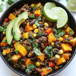 - Ground Beef - Sweet Potato - Bell Pepper - Onion - Garlic - Black Beans - Corn - Spices and Seasoning - Olive Oil - Garnishes (Cilantro, Avocado, Lime) In this dish, each ingredient plays a key role. - Ground beef adds a rich flavor and protein. I prefer 85% lean for a juicy bite. - Sweet potatoes bring natural sweetness and a creamy texture. They also add color. - Bell peppers add crunch and a slight sweetness. I like using red for its bright taste. - Onion gives a savory base. It cooks down to a sweet and soft finish. - Garlic adds depth. Minced garlic releases a strong aroma and flavor. - Black beans offer protein and fiber. They balance the dish and add earthiness. - Corn adds sweetness and a pop of texture. Fresh or frozen works great here. - Spices like chili powder, cumin, and paprika create the Tex-Mex flavor. They warm up the dish. - Olive oil helps sauté the ingredients. It also adds healthy fats. - Garnishes like cilantro, avocado, and lime elevate the dish. They add freshness and brightness. This combination makes every bite exciting. Each ingredient works together to create a delicious meal. When you mix them, you get a burst of flavor. Enjoy the process of cooking and experimenting with these ingredients! {{ingredient_image_1}} Heat olive oil in a large skillet over medium-high heat. This temperature helps cook the beef and veggies evenly. A heavy skillet, like cast iron, works best. It holds heat well, making sure everything cooks nicely. Start with the onion and bell pepper. Add them to the hot skillet first for three to four minutes. This step softens them and builds flavor. Next, stir in minced garlic for one minute. It adds a nice aroma and taste to the mix. Add the diced sweet potato next. Sprinkle on chili powder, cumin, paprika, salt, and pepper. Stir well to coat all the sweet potato pieces. Pour in about a quarter cup of water. This helps steam the sweet potatoes. Cover the skillet and cook for eight to ten minutes. Stir occasionally to check for tenderness. Once the sweet potatoes are tender, push the veggies to one side. Add ground beef to the other side of the skillet. Use a spatula to break it apart. Cook for about five to six minutes until browned. Make sure there are no pink bits left. Mix the beef with the veggies in the skillet. Then, add drained black beans and corn. Stir everything together until it’s heated through. Always taste and adjust seasoning if needed. This step is key for great flavor. Once cooked, remove the skillet from heat. Garnish with fresh cilantro for a pop of color and flavor. Serve hot with avocado slices and lime wedges on the side. Enjoy this tasty dish with friends or family! To boost flavor, try adding extra spices. I love using a pinch of cayenne pepper for heat. You can also add smoked paprika for a deeper taste. Balancing flavors is key, so taste as you cook. Adjust salt and pepper as needed. Fresh lime juice adds brightness, enhancing the overall profile. Not all stovetops heat the same way. If yours runs hot, lower the heat to avoid burning. You may need to adjust cooking times based on your stovetop's power. If you're at a higher altitude, increase the cooking time slightly. This helps ensure everything cooks through correctly. If you want to please kids, keep flavors simple. Reduce spices like chili powder and cumin. Instead, focus on the sweetness of the sweet potato. You can also use mild salsa or cheese for extra flavor. Substituting ground turkey for beef can create a lighter dish. Remember to serve with avocado slices for a creamy touch. Pro Tips Choose the Right Sweet Potato: Use firm sweet potatoes that are free from blemishes for the best texture and flavor. Customize Your Spice Level: Adjust the amount of chili powder based on your heat preference; you can add more for a spicier dish. Make it Ahead: This skillet meal can be made ahead and reheated, making it perfect for meal prep or busy weeknights. Fresh Ingredients Matter: Using fresh garlic and vegetables enhances the overall flavor of the dish compared to dried or canned alternatives. {{image_2}} You can switch the ground beef for other proteins. Ground turkey or chicken works well. They still give you a nice flavor but with less fat. If you want a vegetarian option, try lentils or tofu. Lentils add fiber and protein. Tofu soaks up flavors nicely. Both options are healthy and hearty. To make this dish gluten-free, you can replace any gluten-containing items. Use gluten-free broth or stock if you need to add liquid. Check the labels on canned goods to ensure they are gluten-free. Using fresh or frozen corn and beans is a great choice. This way, you can enjoy your meal without worry. Adding extra textures can boost flavor. Consider using nuts or seeds like pumpkin seeds or walnuts. They add crunch and a nice taste. You can also mix in different veggies. Try zucchini, spinach, or even kale. These additions make the dish colorful and packed with nutrients. To keep your Tex-Mex Beef Sweet Potato Skillet fresh, store leftovers in an airtight container. This method prevents moisture loss and keeps flavors intact. Your dish will last about three to four days in the refrigerator. Make sure to let it cool down before sealing to avoid condensation. If you want to save some for later, you can freeze it. First, cool the skillet meal completely. Then, transfer it to a freezer-safe container. It will stay good for up to three months. When you're ready to eat, thaw it in the fridge overnight. Reheat it in a skillet or microwave until hot. You can prepare this dish in advance for quick meals. Chop vegetables and beef ahead of time. Store them in separate containers in the fridge. I recommend using glass containers for easy reheating. This way, you save time during busy days while still enjoying a tasty meal. Yes, you can make this dish ahead of time. Store the skillet in an airtight container. It keeps well in the fridge for up to three days. To reheat, warm it on the stove over low heat. You can also use a microwave. Just make sure it heats all the way through. This dish pairs well with a few sides. Consider serving it with: - Warm tortillas - A fresh green salad - Rice or quinoa - Sour cream or yogurt These sides add texture and flavor to your meal. To add heat, try these tips: - Use hot chili powder instead of regular. - Add diced jalapeños or serranos. - Sprinkle cayenne pepper to taste. These options will elevate the spice level to your liking. Yes, you can use canned sweet potatoes. Drain them well before adding to the skillet. They are softer than fresh ones, so reduce cooking time. This makes the dish quicker but still tasty. To ensure tender sweet potatoes, follow these tips: - Cut them into small, even cubes. - Steam them with water in the skillet. - Cook them covered to trap steam. Check for tenderness after about ten minutes. If they are soft, they’re ready! In this blog post, I shared a tasty recipe for a Tex-Mex Beef Sweet Potato Skillet. We covered all the key ingredients, from ground beef to spices. You learned step-by-step instructions to create the dish, tips for flavor, and variations for dietary needs. Cooking can be fun and simple, especially with family-friendly options. Don’t hesitate to explore and try new ingredients. Enjoy your time in the kitchen, and savor every bite of your meal!