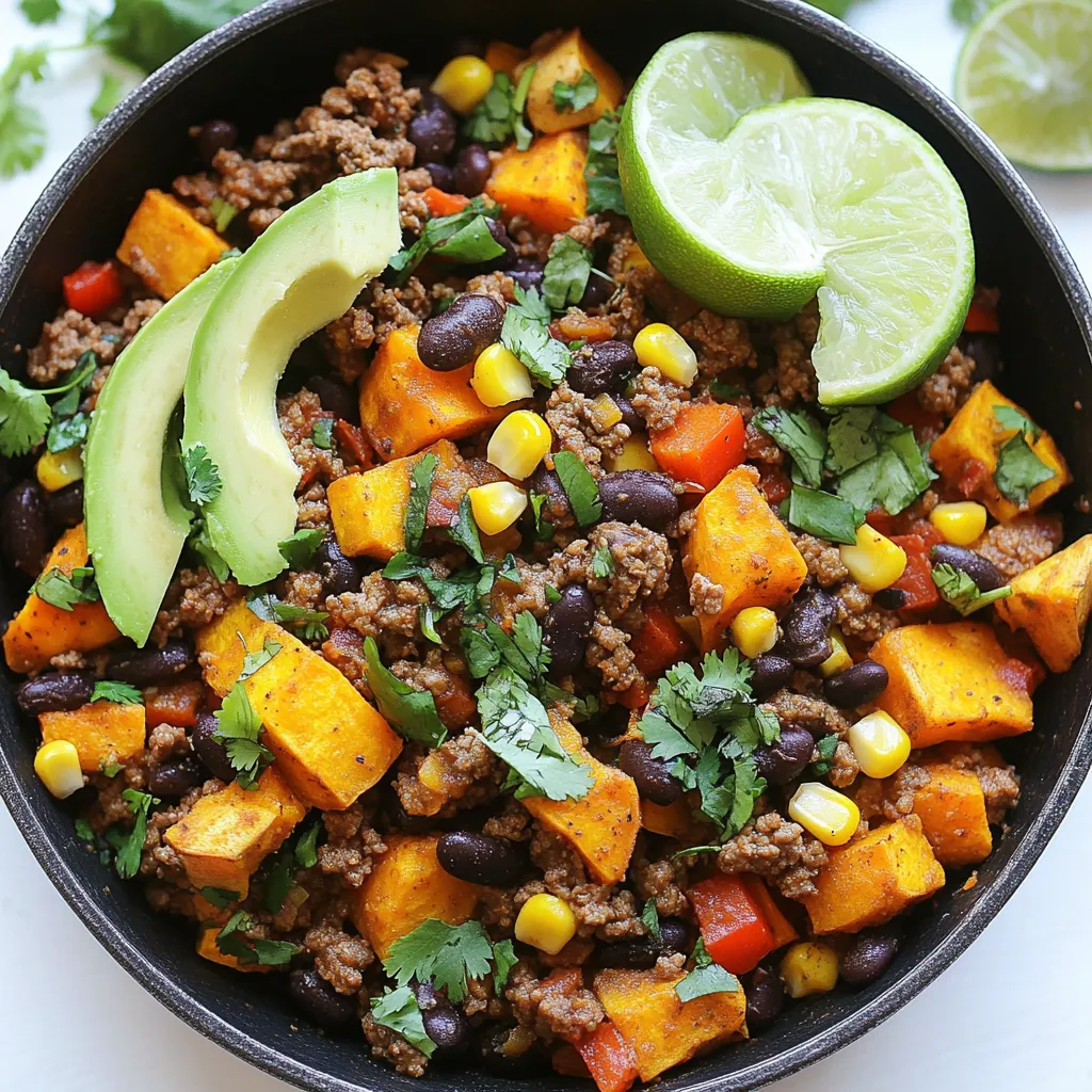 - Ground Beef - Sweet Potato - Bell Pepper - Onion - Garlic - Black Beans - Corn - Spices and Seasoning - Olive Oil - Garnishes (Cilantro, Avocado, Lime) In this dish, each ingredient plays a key role. - Ground beef adds a rich flavor and protein. I prefer 85% lean for a juicy bite. - Sweet potatoes bring natural sweetness and a creamy texture. They also add color. - Bell peppers add crunch and a slight sweetness. I like using red for its bright taste. - Onion gives a savory base. It cooks down to a sweet and soft finish. - Garlic adds depth. Minced garlic releases a strong aroma and flavor. - Black beans offer protein and fiber. They balance the dish and add earthiness. - Corn adds sweetness and a pop of texture. Fresh or frozen works great here. - Spices like chili powder, cumin, and paprika create the Tex-Mex flavor. They warm up the dish. - Olive oil helps sauté the ingredients. It also adds healthy fats. - Garnishes like cilantro, avocado, and lime elevate the dish. They add freshness and brightness. This combination makes every bite exciting. Each ingredient works together to create a delicious meal. When you mix them, you get a burst of flavor. Enjoy the process of cooking and experimenting with these ingredients! {{ingredient_image_1}} Heat olive oil in a large skillet over medium-high heat. This temperature helps cook the beef and veggies evenly. A heavy skillet, like cast iron, works best. It holds heat well, making sure everything cooks nicely. Start with the onion and bell pepper. Add them to the hot skillet first for three to four minutes. This step softens them and builds flavor. Next, stir in minced garlic for one minute. It adds a nice aroma and taste to the mix. Add the diced sweet potato next. Sprinkle on chili powder, cumin, paprika, salt, and pepper. Stir well to coat all the sweet potato pieces. Pour in about a quarter cup of water. This helps steam the sweet potatoes. Cover the skillet and cook for eight to ten minutes. Stir occasionally to check for tenderness. Once the sweet potatoes are tender, push the veggies to one side. Add ground beef to the other side of the skillet. Use a spatula to break it apart. Cook for about five to six minutes until browned. Make sure there are no pink bits left. Mix the beef with the veggies in the skillet. Then, add drained black beans and corn. Stir everything together until it’s heated through. Always taste and adjust seasoning if needed. This step is key for great flavor. Once cooked, remove the skillet from heat. Garnish with fresh cilantro for a pop of color and flavor. Serve hot with avocado slices and lime wedges on the side. Enjoy this tasty dish with friends or family! To boost flavor, try adding extra spices. I love using a pinch of cayenne pepper for heat. You can also add smoked paprika for a deeper taste. Balancing flavors is key, so taste as you cook. Adjust salt and pepper as needed. Fresh lime juice adds brightness, enhancing the overall profile. Not all stovetops heat the same way. If yours runs hot, lower the heat to avoid burning. You may need to adjust cooking times based on your stovetop's power. If you're at a higher altitude, increase the cooking time slightly. This helps ensure everything cooks through correctly. If you want to please kids, keep flavors simple. Reduce spices like chili powder and cumin. Instead, focus on the sweetness of the sweet potato. You can also use mild salsa or cheese for extra flavor. Substituting ground turkey for beef can create a lighter dish. Remember to serve with avocado slices for a creamy touch. Pro Tips Choose the Right Sweet Potato: Use firm sweet potatoes that are free from blemishes for the best texture and flavor. Customize Your Spice Level: Adjust the amount of chili powder based on your heat preference; you can add more for a spicier dish. Make it Ahead: This skillet meal can be made ahead and reheated, making it perfect for meal prep or busy weeknights. Fresh Ingredients Matter: Using fresh garlic and vegetables enhances the overall flavor of the dish compared to dried or canned alternatives. {{image_2}} You can switch the ground beef for other proteins. Ground turkey or chicken works well. They still give you a nice flavor but with less fat. If you want a vegetarian option, try lentils or tofu. Lentils add fiber and protein. Tofu soaks up flavors nicely. Both options are healthy and hearty. To make this dish gluten-free, you can replace any gluten-containing items. Use gluten-free broth or stock if you need to add liquid. Check the labels on canned goods to ensure they are gluten-free. Using fresh or frozen corn and beans is a great choice. This way, you can enjoy your meal without worry. Adding extra textures can boost flavor. Consider using nuts or seeds like pumpkin seeds or walnuts. They add crunch and a nice taste. You can also mix in different veggies. Try zucchini, spinach, or even kale. These additions make the dish colorful and packed with nutrients. To keep your Tex-Mex Beef Sweet Potato Skillet fresh, store leftovers in an airtight container. This method prevents moisture loss and keeps flavors intact. Your dish will last about three to four days in the refrigerator. Make sure to let it cool down before sealing to avoid condensation. If you want to save some for later, you can freeze it. First, cool the skillet meal completely. Then, transfer it to a freezer-safe container. It will stay good for up to three months. When you're ready to eat, thaw it in the fridge overnight. Reheat it in a skillet or microwave until hot. You can prepare this dish in advance for quick meals. Chop vegetables and beef ahead of time. Store them in separate containers in the fridge. I recommend using glass containers for easy reheating. This way, you save time during busy days while still enjoying a tasty meal. Yes, you can make this dish ahead of time. Store the skillet in an airtight container. It keeps well in the fridge for up to three days. To reheat, warm it on the stove over low heat. You can also use a microwave. Just make sure it heats all the way through. This dish pairs well with a few sides. Consider serving it with: - Warm tortillas - A fresh green salad - Rice or quinoa - Sour cream or yogurt These sides add texture and flavor to your meal. To add heat, try these tips: - Use hot chili powder instead of regular. - Add diced jalapeños or serranos. - Sprinkle cayenne pepper to taste. These options will elevate the spice level to your liking. Yes, you can use canned sweet potatoes. Drain them well before adding to the skillet. They are softer than fresh ones, so reduce cooking time. This makes the dish quicker but still tasty. To ensure tender sweet potatoes, follow these tips: - Cut them into small, even cubes. - Steam them with water in the skillet. - Cook them covered to trap steam. Check for tenderness after about ten minutes. If they are soft, they’re ready! In this blog post, I shared a tasty recipe for a Tex-Mex Beef Sweet Potato Skillet. We covered all the key ingredients, from ground beef to spices. You learned step-by-step instructions to create the dish, tips for flavor, and variations for dietary needs. Cooking can be fun and simple, especially with family-friendly options. Don’t hesitate to explore and try new ingredients. Enjoy your time in the kitchen, and savor every bite of your meal!