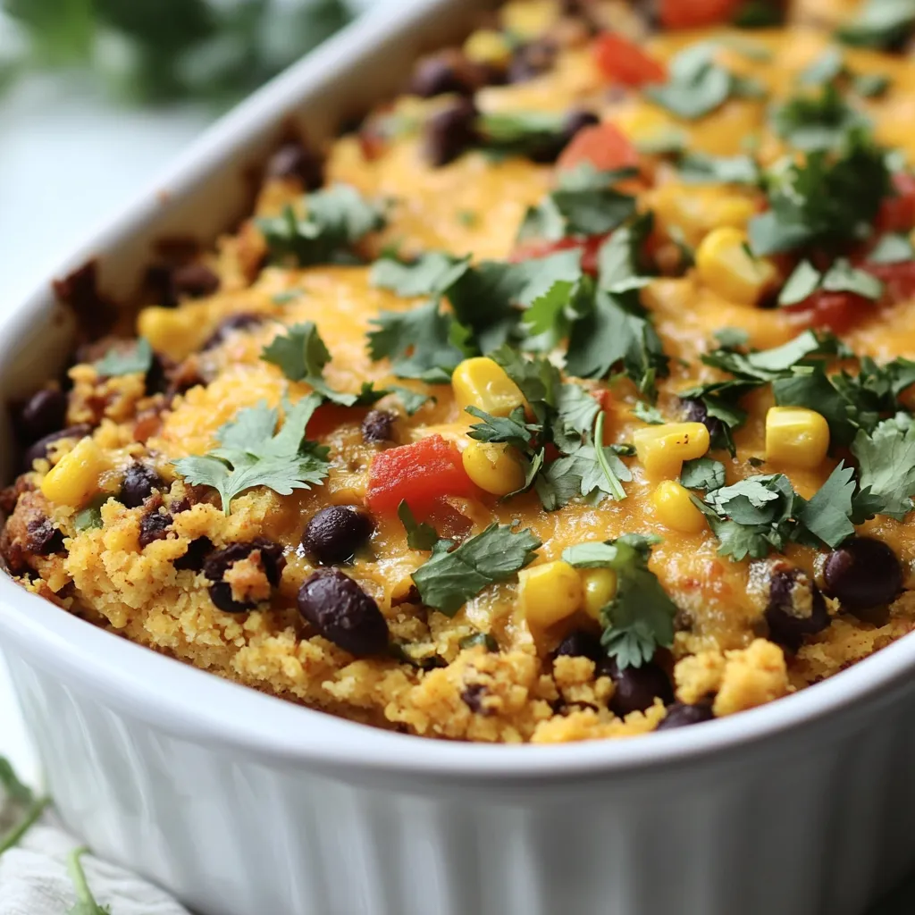 To make Mexican Cornbread Casserole, gather these simple items: - 1 (8.5 oz) box of cornmeal muffin mix - 1 cup shredded cheddar cheese - 1 cup canned black beans, rinsed and drained - 1 cup corn kernels (fresh, frozen, or canned) - 1 cup salsa (mild or spicy depending on preference) - 1/2 cup diced bell peppers (red and green) - 1/2 cup diced red onion - 2 large eggs - 1/3 cup milk - 2 teaspoons ground cumin - 1 teaspoon chili powder - 1/2 teaspoon salt - 1/4 teaspoon black pepper - Fresh cilantro for garnish (optional) You can swap ingredients based on what you like or have. Here are some ideas: - Use a different cheese, like Monterey Jack or pepper jack, for more flavor. - If you don’t have black beans, use pinto beans or kidney beans instead. - Try diced zucchini or corn instead of bell peppers for extra veggies. - Swap salsa for diced tomatoes if you prefer a milder taste. - Use plant-based milk if you want to make it dairy-free. You’ll need some basic tools to make this dish: - A large mixing bowl for combining ingredients. - A 9x13 inch baking dish, greased for easy serving. - A spoon or spatula for mixing. - An oven to bake your casserole. - A measuring cup and measuring spoons for accuracy. With these ingredients and tools, you’re ready to whip up a tasty Mexican Cornbread Casserole! {{ingredient_image_1}} First, set your oven to 400°F (200°C). This is the perfect heat for baking. Next, grab a 9x13 inch baking dish. Grease it well with cooking spray or butter. This helps the casserole not stick. A clean dish makes for a happy meal! In a large bowl, combine the cornmeal muffin mix, eggs, and milk. Stir them together until the mix is smooth. It should not be lumpy. This step is key to a good texture. The batter needs to be well mixed before we add more. Now, add the black beans, corn, salsa, diced bell peppers, and diced red onion. Then, sprinkle in the ground cumin, chili powder, salt, and black pepper. Fold all these ingredients gently into the batter. Be careful not to overmix. You want everything combined but still fluffy. Pour the mixture evenly into the greased baking dish. Then, sprinkle the shredded cheddar cheese on top. This will melt into a delicious golden layer. Bake in your preheated oven for 25-30 minutes. It is ready when the top is golden and a toothpick comes out clean. Once done, let it cool for a few minutes before slicing. Serve warm, and if you like, add fresh cilantro for a nice touch. Enjoy the comfort of this tasty dish! To get the best texture in your Mexican cornbread casserole, focus on mixing well. Make sure you mix the cornmeal, eggs, and milk until smooth. When adding other ingredients, fold gently. This keeps air in the batter and helps it rise. Bake until the top is golden brown. A toothpick should come out clean when it’s ready. Adjusting the spice level is simple. If you like mild dishes, use mild salsa and skip the chili powder. If you crave heat, add more chili powder or use spicy salsa. You can also toss in some jalapeños for extra kick. Just remember, you can always add more spice, but it's hard to take it out. Serve the casserole warm for the best taste. Cut it into squares for easy serving. A sprinkle of fresh cilantro on top adds a nice touch. Pair it with a side salad or some simple guacamole. This makes for a complete meal. Enjoy it straight from the oven or as leftovers the next day! Pro Tips Use Fresh Ingredients: Fresh corn and bell peppers will enhance the flavor and texture of your casserole. If using frozen corn, thaw it completely before adding. Customize the Spice Level: Adjust the amount of chili powder and salsa based on your heat preference. For a milder dish, use mild salsa and reduce the chili powder. Let it Rest: Allow the casserole to cool for a few minutes after baking. This helps it set and makes slicing easier. Garnish for Freshness: Adding fresh cilantro or avocado on top before serving gives a refreshing finish and enhances the visual appeal. {{image_2}} You can easily make this dish vegetarian. Just skip the meat and keep the beans. To make it vegan, use plant-based milk and replace the eggs with flaxseed meal or applesauce. This gives the same texture without using eggs. You can also add more veggies, like zucchini or spinach, to boost the flavor and nutrients. Want to add some protein? You can mix in cooked chicken or turkey. Shred the meat and fold it into the batter before baking. This makes the dish heartier and more filling. Ground turkey works well too. Just cook it first and season it with spices for extra flavor. Cheese adds a creamy touch. While cheddar is great, you can swap it with pepper jack for some spice. Monterey Jack is another smooth choice that melts well. You can even use a mix of cheeses! Try a blend of mozzarella and cheddar for a unique flavor. Adjust the cheese to suit your taste. You can store leftover Mexican cornbread casserole in the fridge. Just place it in an airtight container. It will stay fresh for up to four days. Make sure to let it cool down before sealing it. This helps keep the texture nice. If you want to keep it longer, freezing is a great option. Cut the casserole into squares for easy serving. Wrap each square in plastic wrap. Then, place them in a freezer-safe bag or container. It can last for up to three months in the freezer. When you’re ready to eat, just thaw it in the fridge overnight. Reheating is simple. You can use the oven or microwave. For the oven, preheat it to 350°F (175°C). Place the casserole in a baking dish, cover with foil, and heat for about 15-20 minutes. If using the microwave, heat on a medium setting for about 1-2 minutes per square. Check that it’s hot all the way through before serving. Enjoy your dish again without losing its yum! Mexican Cornbread Casserole is a hearty dish. It combines cornbread mix with beans and veggies. The result is a warm, savory meal. You get a mix of flavors in every bite. The cheese on top adds a nice touch. This dish is perfect for family dinners or gatherings. Yes, you can make this recipe ahead of time. Prepare the casserole mix and pour it into a dish. Cover it and store in the fridge. You can bake it the next day. This saves time when you have guests. If your casserole is dry, you can add moisture. Try drizzling some salsa over the top. You can also use a little milk. If you have leftover casserole, add a splash of broth when reheating. This helps restore the moisture. You can serve this dish with a fresh salad. A side of guacamole or sour cream works well too. For a fun twist, add tortilla chips for crunch. Pair it with a cold drink like lemonade or iced tea. These sides make the meal even better. You learned how to make Mexican cornbread casserole from scratch. We covered the ingredients, tools, and step-by-step instructions. You now know tips for great texture and spice levels. You can also explore fun variations, like vegetarian options and different cheeses. Finally, we shared how to store and reheat leftovers. This dish is easy and tasty. Now, gather your ingredients and enjoy this warm, flavorful meal!