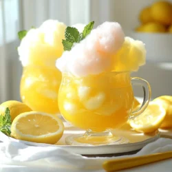 To make Cotton Candy Lemonade, gather these key items: - 1 cup fresh lemon juice (about 4-6 lemons) - 1 cup granulated sugar - 4 cups cold water - 3 cups cotton candy, assorted colors - Lemon slices for garnish - Fresh mint leaves for garnish These ingredients create a fun and tasty drink that brightens any day. You will need a few simple tools to make this drink: - Medium saucepan - Large pitcher - Mixing spoon - Measuring cups - Cups for serving These tools help you mix and serve your lemonade easily. To make your Cotton Candy Lemonade look amazing, use these garnishes: - Lemon slices - Fresh mint leaves These not only add flavor but also make your drink look beautiful and inviting. {{ingredient_image_1}} First, grab a medium saucepan. Pour in 1 cup of water and add 1 cup of sugar. Heat the mixture over medium heat. Stir it gently until the sugar dissolves completely. This creates your simple syrup. Once the sugar is gone, take the pan off the heat. Let it cool down for a few minutes. Next, take a large pitcher. Add in your fresh lemon juice, which should be about 1 cup. Pour in the cooled simple syrup from the pan. Stir well to mix these two together. Now, add the remaining 3 cups of cold water. Mix again until everything is blended. Taste your lemonade and adjust the sweetness if you like. Add more sugar if it needs it. Now it's time to serve! Pour the lemonade into cups, filling them about three-quarters full. Top each cup with a fluffy handful of cotton candy. Let it float on top for that fun look. This adds sweetness and a special touch! For a pretty finish, garnish each glass with a lemon slice and a mint leaf. Serve right away to enjoy the cotton candy before it melts! To make your cotton candy lemonade even better, think about adding extra flavors. You can mix in fruit purees like strawberry or raspberry. A splash of vanilla extract also adds a nice touch. You might want to try different types of cotton candy too, like blue raspberry or grape. Each flavor brings a new twist to the drink. Mixing is key for a well-balanced drink. Always start with the simple syrup and lemon juice first. Stir these together until they blend well. Then, add the cold water slowly. This helps keep the lemonade fresh and bubbly. Taste it before serving. If it tastes too tart, just add more sugar a little at a time. When serving cotton candy lemonade at parties, be creative! Use clear glasses to show off the colorful cotton candy. You can even set up a cotton candy station. Let guests add their own cotton candy to their drinks. This adds fun and excitement. Donβt forget to garnish with lemon slices and mint leaves for that pop of color! Pro Tips Choose Fresh Lemons: For the best flavor, always use fresh lemons instead of bottled juice. The freshness enhances the overall taste of your lemonade. Adjusting Sweetness: After mixing your lemonade, taste it before serving. If you prefer a sweeter drink, simply add more sugar to the simple syrup to achieve your desired sweetness. Colorful Cotton Candy: Use a variety of cotton candy colors for a vibrant presentation. Not only does it look appealing, but it also adds different flavors to the lemonade. Serve Immediately: To enjoy the full effect of the cotton candy, serve the lemonade immediately after adding it. This way, you can savor the delightful sweetness before it dissolves. {{image_2}} You can mix it up with flavored cotton candy. Try strawberry, grape, or blue raspberry. Each flavor adds a fun twist to your drink. This makes your cotton candy lemonade pop with color and taste. You can even match the flavor of the cotton candy to the season. For example, use watermelon in summer or pumpkin spice in fall. If you want a grown-up treat, add some booze! Vodka or rum works well in this drink. Just mix one part of your chosen spirit into the lemonade. Start with a small amount, then taste it. Adjust to find your perfect balance. This will give your cotton candy lemonade a nice kick for summer parties. You can still enjoy this drink while being health-aware. Use honey or agave instead of sugar. They add sweetness without all the calories. You can also swap out regular lemonade for a low-calorie option. Fresh fruit can replace cotton candy for a healthier topping. Try adding fresh berries or citrus slices for a vibrant look and taste. To store leftover lemonade, pour it into a clean jar or pitcher. Make sure to seal the container tightly. Place it in the fridge. It should stay fresh for up to three days. If you notice any separation, just stir before serving again. Cotton candy does not store well. It absorbs moisture and loses its fluff. If you have extra cotton candy, keep it in an airtight bag. Store it in a cool, dry place, away from heat. Use it within a week for the best taste and texture. - Lemon Juice: Keep fresh lemon juice in a sealed container in the fridge for up to a week. You can also freeze it in ice cube trays for longer storage. - Sugar: Store sugar in a cool, dry place. Keep it in a sealed container to prevent clumping. - Mint Leaves: Wrap fresh mint in a damp paper towel and place it in a plastic bag. Store it in the fridge for a few days. Cotton candy lemonade is a sweet and fun drink. It mixes fresh lemon juice with sugary cotton candy. This drink is perfect for summer days. You can sip it while enjoying the sun. The cotton candy floats on top, adding a colorful touch. Itβs a blend of tart and sweet flavors that kids and adults love. Yes, you can make cotton candy lemonade in bulk. Just multiply the recipe by the number of servings you need. For example, if you want to serve eight, double the ingredients. Use a large pitcher to mix the drink. This way, you can serve many guests at once. Remember to add cotton candy just before serving. This keeps it fluffy and fun. You can find ready-made cotton candy lemonade at some specialty shops or fairs. Many local cafes may also offer it during summer. Check grocery stores for bottled versions. Some brands sell cotton candy lemonade mix you can prepare at home. Always read labels to ensure you're getting the flavor you want. Youβve learned how to make Cotton Candy Lemonade from scratch. We covered essential ingredients, tools, and garnishes to make it look great. I shared easy steps for mixing and serving your drink along with tips to boost flavor and enhance your experience. Remember, there are fun variations, like flavored cotton candy or alcoholic mixes. Store any leftovers wisely to keep them fresh. Enjoy making this sweet, fizzy drink for parties or a personal treat.