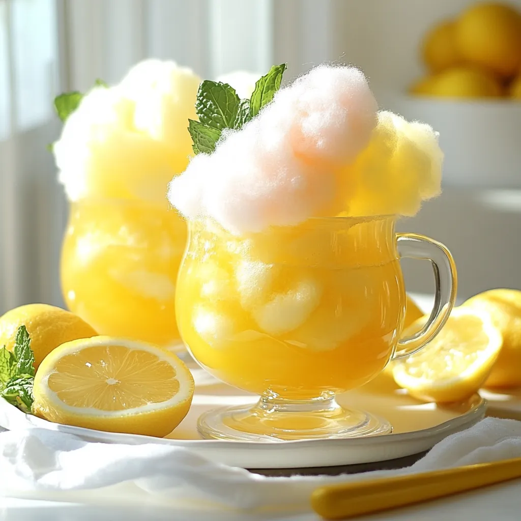 To make Cotton Candy Lemonade, gather these key items: - 1 cup fresh lemon juice (about 4-6 lemons) - 1 cup granulated sugar - 4 cups cold water - 3 cups cotton candy, assorted colors - Lemon slices for garnish - Fresh mint leaves for garnish These ingredients create a fun and tasty drink that brightens any day. You will need a few simple tools to make this drink: - Medium saucepan - Large pitcher - Mixing spoon - Measuring cups - Cups for serving These tools help you mix and serve your lemonade easily. To make your Cotton Candy Lemonade look amazing, use these garnishes: - Lemon slices - Fresh mint leaves These not only add flavor but also make your drink look beautiful and inviting. {{ingredient_image_1}} First, grab a medium saucepan. Pour in 1 cup of water and add 1 cup of sugar. Heat the mixture over medium heat. Stir it gently until the sugar dissolves completely. This creates your simple syrup. Once the sugar is gone, take the pan off the heat. Let it cool down for a few minutes. Next, take a large pitcher. Add in your fresh lemon juice, which should be about 1 cup. Pour in the cooled simple syrup from the pan. Stir well to mix these two together. Now, add the remaining 3 cups of cold water. Mix again until everything is blended. Taste your lemonade and adjust the sweetness if you like. Add more sugar if it needs it. Now it's time to serve! Pour the lemonade into cups, filling them about three-quarters full. Top each cup with a fluffy handful of cotton candy. Let it float on top for that fun look. This adds sweetness and a special touch! For a pretty finish, garnish each glass with a lemon slice and a mint leaf. Serve right away to enjoy the cotton candy before it melts! To make your cotton candy lemonade even better, think about adding extra flavors. You can mix in fruit purees like strawberry or raspberry. A splash of vanilla extract also adds a nice touch. You might want to try different types of cotton candy too, like blue raspberry or grape. Each flavor brings a new twist to the drink. Mixing is key for a well-balanced drink. Always start with the simple syrup and lemon juice first. Stir these together until they blend well. Then, add the cold water slowly. This helps keep the lemonade fresh and bubbly. Taste it before serving. If it tastes too tart, just add more sugar a little at a time. When serving cotton candy lemonade at parties, be creative! Use clear glasses to show off the colorful cotton candy. You can even set up a cotton candy station. Let guests add their own cotton candy to their drinks. This adds fun and excitement. Don’t forget to garnish with lemon slices and mint leaves for that pop of color! Pro Tips Choose Fresh Lemons: For the best flavor, always use fresh lemons instead of bottled juice. The freshness enhances the overall taste of your lemonade. Adjusting Sweetness: After mixing your lemonade, taste it before serving. If you prefer a sweeter drink, simply add more sugar to the simple syrup to achieve your desired sweetness. Colorful Cotton Candy: Use a variety of cotton candy colors for a vibrant presentation. Not only does it look appealing, but it also adds different flavors to the lemonade. Serve Immediately: To enjoy the full effect of the cotton candy, serve the lemonade immediately after adding it. This way, you can savor the delightful sweetness before it dissolves. {{image_2}} You can mix it up with flavored cotton candy. Try strawberry, grape, or blue raspberry. Each flavor adds a fun twist to your drink. This makes your cotton candy lemonade pop with color and taste. You can even match the flavor of the cotton candy to the season. For example, use watermelon in summer or pumpkin spice in fall. If you want a grown-up treat, add some booze! Vodka or rum works well in this drink. Just mix one part of your chosen spirit into the lemonade. Start with a small amount, then taste it. Adjust to find your perfect balance. This will give your cotton candy lemonade a nice kick for summer parties. You can still enjoy this drink while being health-aware. Use honey or agave instead of sugar. They add sweetness without all the calories. You can also swap out regular lemonade for a low-calorie option. Fresh fruit can replace cotton candy for a healthier topping. Try adding fresh berries or citrus slices for a vibrant look and taste. To store leftover lemonade, pour it into a clean jar or pitcher. Make sure to seal the container tightly. Place it in the fridge. It should stay fresh for up to three days. If you notice any separation, just stir before serving again. Cotton candy does not store well. It absorbs moisture and loses its fluff. If you have extra cotton candy, keep it in an airtight bag. Store it in a cool, dry place, away from heat. Use it within a week for the best taste and texture. - Lemon Juice: Keep fresh lemon juice in a sealed container in the fridge for up to a week. You can also freeze it in ice cube trays for longer storage. - Sugar: Store sugar in a cool, dry place. Keep it in a sealed container to prevent clumping. - Mint Leaves: Wrap fresh mint in a damp paper towel and place it in a plastic bag. Store it in the fridge for a few days. Cotton candy lemonade is a sweet and fun drink. It mixes fresh lemon juice with sugary cotton candy. This drink is perfect for summer days. You can sip it while enjoying the sun. The cotton candy floats on top, adding a colorful touch. It’s a blend of tart and sweet flavors that kids and adults love. Yes, you can make cotton candy lemonade in bulk. Just multiply the recipe by the number of servings you need. For example, if you want to serve eight, double the ingredients. Use a large pitcher to mix the drink. This way, you can serve many guests at once. Remember to add cotton candy just before serving. This keeps it fluffy and fun. You can find ready-made cotton candy lemonade at some specialty shops or fairs. Many local cafes may also offer it during summer. Check grocery stores for bottled versions. Some brands sell cotton candy lemonade mix you can prepare at home. Always read labels to ensure you're getting the flavor you want. You’ve learned how to make Cotton Candy Lemonade from scratch. We covered essential ingredients, tools, and garnishes to make it look great. I shared easy steps for mixing and serving your drink along with tips to boost flavor and enhance your experience. Remember, there are fun variations, like flavored cotton candy or alcoholic mixes. Store any leftovers wisely to keep them fresh. Enjoy making this sweet, fizzy drink for parties or a personal treat.