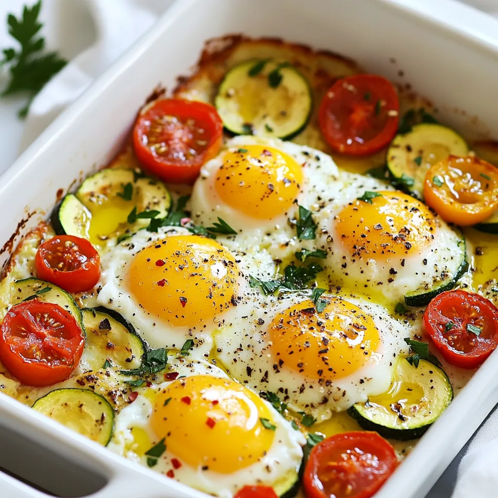 For Mediterranean Baked Feta Eggs, you need these key items: - 200g feta cheese, crumbled - 4 large eggs - 1 cup cherry tomatoes, halved - 1 small zucchini, sliced - 1 red bell pepper, diced - 2 tablespoons olive oil - 1 teaspoon dried oregano - Salt and pepper to taste - Fresh parsley, chopped (for garnish) - Red pepper flakes (optional, for heat) Measuring ingredients correctly is key to great taste. Use a kitchen scale for feta cheese. This ensures you get the right texture. For liquids, use a clear measuring cup for accuracy. With dry spices, level off the measuring spoon to avoid too much seasoning. This keeps flavors balanced. You can mix in extra ingredients for more flavor. Consider using spinach or kale for greens. These add nutrition and color. Olives or sun-dried tomatoes can add a salty kick. If you want heat, add jalapeños or hot sauce. Customize this dish to fit your taste. {{ingredient_image_1}} First, preheat your oven to 375°F (190°C). This step helps cook the eggs just right. Grab a medium baking dish for this recipe. I like to use a glass or ceramic dish. These materials help the heat spread evenly. Drizzle 2 tablespoons of olive oil in the dish. Make sure to coat the bottom well. Next, add 1 cup of halved cherry tomatoes, 1 small sliced zucchini, and 1 diced red bell pepper to the dish. Toss these vegetables together to mix them well. Season with salt, pepper, and 1 teaspoon of dried oregano. The salt and pepper bring out the natural flavors of the veggies. Now, crumble 200g of feta cheese and nestle it among the vegetables. This cheese adds a creamy, salty taste that pairs perfectly with the fresh vegetables. Now, it's time to add the eggs. Use the back of a spoon to make four small wells in the mix. Crack 1 large egg into each well. Be gentle to keep the yolks whole. Sprinkle a little more salt and pepper on top of the eggs. Drizzle a touch more olive oil over everything. This will keep the eggs moist while they bake. Place the dish in the oven. Bake for 20-25 minutes. Look for egg whites that are set but with slightly runny yolks. Once done, take the dish out and let it cool for a few minutes. This waiting time makes it easier to serve. For the best egg texture, watch the baking time closely. Bake until the egg whites set but the yolks stay soft. This usually takes 20-25 minutes. If you prefer firmer yolks, leave them a bit longer. The key is to find the right balance between runny and firm. You can also use a lower oven temperature if needed. This helps the eggs cook gently. Serve Mediterranean baked feta eggs straight from the dish. Pair them with crusty bread for dipping. A fresh side salad adds crunch and color. You can also add olives for a salty kick. Drizzle with extra olive oil for richness. For a heartier meal, serve with roasted potatoes or grilled asparagus. One common mistake is overcooking the eggs. Keep an eye on them to avoid rubbery whites. Another mistake is not seasoning well. Salt enhances the flavor of all the ingredients. Make sure to taste before baking. Lastly, don’t skip the garnish. Fresh parsley and red pepper flakes add flavor and flair. Pro Tips Use Fresh Vegetables: Fresh cherry tomatoes and zucchini will provide the best flavor and texture, enhancing the overall dish. Experiment with Cheese: Try using different types of cheese like goat cheese or ricotta for a unique flavor twist. Adjust Cooking Time: If you prefer firmer yolks, bake the dish a little longer, but avoid overcooking to maintain creaminess. Perfect Pairings: Serve with a side of crusty bread or pita for dipping, which complements the dish beautifully. {{image_2}} You can easily make Mediterranean Baked Feta Eggs vegetarian. The main ingredients are already plant-friendly. Use your favorite veggies like spinach, artichokes, or mushrooms. Swap the zucchini and red bell pepper for these choices. They add great taste and color. If you want more protein, add sausage or bacon. Cook them first, then mix them in with the veggies. Slice the sausage or crumble the bacon to fit nicely in the dish. This change boosts the flavor and makes it heartier. To change the heat level, adjust the spices. Add red pepper flakes for a mild kick. For more heat, use fresh chilies or hot sauce. Start with a little, then taste and add more if you like. This way, you control the spice to fit your taste. To keep your Mediterranean Baked Feta Eggs fresh, store leftovers in an airtight container. This protects the dish from air and moisture. Place it in the fridge right after it cools. Try to consume the leftovers within three days for the best taste and texture. When reheating, use the oven for the best results. Preheat your oven to 350°F (175°C). Place the dish in the oven for about 10-15 minutes. This keeps the eggs from becoming rubbery. You can also use a microwave, but be careful. Heat it in short bursts of 30 seconds. Check often to avoid overcooking. Freezing Mediterranean Baked Feta Eggs is possible but not ideal. Eggs can change texture when frozen. If you must freeze, let the dish cool completely. Cut it into portions and wrap them tightly in plastic wrap. Then, place the wrapped portions in a freezer bag. Use within one month for the best flavor. When ready to eat, thaw in the fridge overnight before reheating. Yes, you can use other cheeses. Goat cheese adds a tangy twist. Mozzarella melts well and gives a creamy texture. You can also try ricotta for a light, fluffy bite. Each cheese brings its own flavor, so feel free to experiment! To make this dish vegan, swap the eggs for silken tofu. Crumble the tofu to mimic the texture of eggs. Use nutritional yeast for a cheesy flavor. You can also add turmeric for a yellow hue. The feta can be replaced with vegan feta or any plant-based cheese. Pair this dish with crusty bread or pita for dipping. A fresh salad adds a nice crunch. You can serve roasted potatoes for a heartier meal. Olives and hummus also make great sides, adding more Mediterranean flair! This blog covered how to make Mediterranean Baked Feta Eggs. I shared essential ingredients and tips for the best results. You learned about variations and serving suggestions to enhance flavor. I also highlighted storage techniques and answered common questions. In summary, this dish is easy and versatile. You can make it your own with different ingredients. Enjoy cooking and sharing this meal with others. It's sure to impress!
