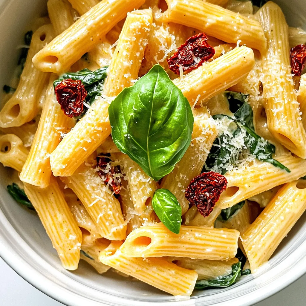 - 12 oz pasta (penne or fusilli) - 1 cup sun-dried tomatoes in oil, drained and chopped - 4 cloves garlic, minced - 1 medium onion, diced - 2 cups vegetable broth - 1 cup heavy cream or coconut cream - 1 cup fresh spinach - 1 teaspoon dried Italian herbs - Salt and pepper to taste - ½ cup grated Parmesan cheese or nutritional yeast - 2 tablespoons olive oil - Fresh basil leaves for garnish Gather these ingredients to start your cooking adventure. Use penne or fusilli pasta for the best texture. Sun-dried tomatoes bring a sweet, tangy flavor. Garlic and onion add a lovely aroma and taste. Vegetable broth creates a rich base for the sauce. You can choose heavy cream for a rich dish or coconut cream for a lighter, dairy-free version. Fresh spinach adds color and nutrients. Dried Italian herbs give a nice touch of flavor. Don't forget salt and pepper to enhance the taste! Finally, top your dish with grated Parmesan cheese or nutritional yeast. This adds a savory finish. Fresh basil leaves make a perfect garnish, giving your dish a fresh look and taste. Enjoy the process of making this creamy delight! - Heat 2 tablespoons of olive oil in a large pot over medium heat. - Add 1 medium diced onion and sauté for 3-4 minutes until it turns soft. - Next, add 4 minced garlic cloves and 1 cup of chopped sun-dried tomatoes. - Cook this mix for another 2 minutes, stirring often until it smells good. - Pour in 2 cups of vegetable broth and bring it to a boil. - Add 12 oz of uncooked pasta to the pot and stir well. - Reduce the heat to a low simmer. Cover the pot and cook for 10-12 minutes. - Stir occasionally until the pasta is al dente and most of the broth is gone. - Stir in 1 cup of heavy cream or coconut cream. Add 1 teaspoon of dried Italian herbs and 1 cup of fresh spinach. - Cook for 2-3 more minutes until the spinach wilts and everything is mixed well. - Remove from heat and mix in ½ cup of grated Parmesan cheese, seasoning with salt and pepper to taste. - Let the dish sit for a few minutes before serving. This helps the cream thicken a bit. To get a smooth and creamy pasta, stir gently. Use a spatula to fold the sauce into the pasta. This helps the cream combine well. After you finish cooking, let the pasta sit for a couple of minutes. This resting time helps the sauce thicken. It makes each bite richer and creamier. Want to boost the taste? Add some red pepper flakes for heat. You can also sprinkle in a bit of garlic powder for more depth. Freshly grated cheese makes a big difference! It melts better than pre-packaged cheese. The flavor is stronger and more vibrant. So, always choose fresh when you can! {{image_2}} To make this creamy dish vegan, swap dairy for plant-based alternatives. Use coconut cream instead of heavy cream. For cheese, nutritional yeast gives a similar flavor but is dairy-free. These simple swaps keep the dish rich and tasty while fitting your dietary needs. You can boost the protein by adding chicken, shrimp, or tofu. For chicken, cook diced pieces in olive oil until browned. If you prefer shrimp, add them in the last few minutes of cooking. For tofu, use firm tofu, diced, and sauté it with the onions. Each protein option adds unique flavor and texture to the pasta. Feel free to mix in different vegetables for variety. Peas, bell peppers, or zucchini work well. You can also add mushrooms for an earthy taste. Just chop them up and add them in with the sun-dried tomatoes. These swaps let you customize the dish to your liking while keeping it delicious. To store the creamy sun-dried tomato pasta in the refrigerator, use an airtight container. Make sure the pasta cools down first. It will keep well for about three to four days. Before serving, stir to combine any sauce that may have settled. If you want to freeze the pasta, place it in a freezer-safe container. Leave some space at the top for expansion. This pasta can stay in the freezer for about two to three months. When you’re ready to eat, let it thaw overnight in the fridge. Reheat it in a pot on low heat. Add a splash of vegetable broth or cream to revive the sauce. The shelf life of leftovers is about three to four days in the fridge. If you freeze the pasta, it can last two to three months. Always check for signs of spoilage before eating. If it smells off or looks strange, it’s best to toss it. Keeping track of storage times helps ensure your meal stays fresh and tasty. Yes, you can use gluten-free pasta. Look for brands made from rice or corn. These types cook well in the creamy sauce. Just check the cooking time on the package. Gluten-free pasta can be a great choice for those with sensitivities. To spice up this dish, add red pepper flakes. Start with a pinch and taste. You can also add chopped fresh chili peppers. If you love heat, try a spicy Italian sausage. Just cook it with the onions for more flavor. If you don't have sun-dried tomatoes, use fresh tomatoes. Cherry or grape tomatoes are great options. Just chop them and add them during cooking. You can also use roasted red peppers for a different flavor. To reheat, place the pasta in a pot over low heat. Add a splash of vegetable broth or cream to keep it moist. Stir gently until warmed through. You can also use the microwave; just cover it to avoid drying out. This blog post covered a creamy pasta dish packed with flavor. You learned about key ingredients, step-by-step cooking, and clever tips. Remember, you can adapt this recipe to fit your taste and needs. Whether going vegan or adding protein, options abound. Store it right to enjoy later. I hope you feel inspired to cook and share this dish with friends and family. Enjoy every bite and make it your own!