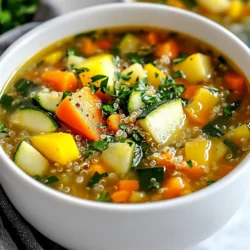 To make a tasty quinoa vegetable soup, you need simple ingredients. Here’s what to gather: - 1 cup quinoa, rinsed - 1 tablespoon olive oil - 1 medium onion, diced - 3 cloves garlic, minced - 2 carrots, diced - 2 stalks celery, diced - 1 zucchini, diced - 1 bell pepper (any color), diced - 1 can (14 oz) diced tomatoes, undrained - 6 cups vegetable broth - 1 teaspoon dried thyme - 1 teaspoon dried basil - Salt and pepper to taste - 2 cups fresh spinach Having the right ingredients makes all the difference. Quinoa is the star. It adds protein and texture. Fresh vegetables bring color and flavor. I love using onion and garlic for a rich base. Carrots and celery add crunch, while zucchini and bell pepper add sweetness. The diced tomatoes add a nice tang and depth. Vegetable broth gives the soup a warm, savory taste. Thyme and basil are my go-to herbs. They give the soup a lovely aroma. Finally, you can adjust the salt and pepper to your liking. Don’t forget the fresh spinach! It adds a pop of green and nutrients. Gather these ingredients, and you are ready to cook a hearty and nourishing quinoa vegetable soup! {{ingredient_image_1}} Cooking the Base First, take a large pot and heat olive oil over medium heat. Add the diced onion and sauté for about 3-4 minutes. The onion should be soft and clear. Next, stir in the minced garlic, diced carrots, and celery. Cook these for about 5 minutes, until they start to soften. Finally, add the diced zucchini and bell pepper. Sauté these for another 3 minutes. Adding Quinoa and Broth Now it's time to bring in the quinoa. Pour in the rinsed quinoa along with a can of diced tomatoes and 6 cups of vegetable broth. Add a teaspoon each of dried thyme and basil. Stir this all together, then bring the mixture to a boil. Simmering and Final Touches Once it boils, reduce the heat to low and cover the pot. Let it simmer for about 15-20 minutes. The quinoa will cook, and the veggies will become tender. In the last few minutes, stir in 2 cups of fresh spinach until it wilts. Taste the soup and add salt and pepper as needed. Remove the pot from the heat and let it cool slightly before serving. How to rinse quinoa properly Rinsing quinoa is key to removing its bitter taste. Place the quinoa in a fine-mesh strainer. Run cold water over it for about 1-2 minutes. Swirl it gently with your hand. This helps wash away the saponins, which can make quinoa taste soapy. After rinsing, let it drain well before cooking. Optimal vegetable chopping sizes Cut your veggies into small, even pieces. Aim for about ½-inch cubes. This ensures they cook evenly and blend well in the soup. Smaller pieces cook faster and soften nicely. For carrots and celery, a dice works best to match the onion size. Zucchini and bell peppers can be diced similarly. Enhancing flavor with herbs Using fresh or dried herbs can boost the soup's taste. I love adding thyme and basil for warmth. You can also try rosemary or parsley for a fresh kick. Add herbs early in the cooking process to let their flavors meld. For a fresh touch, sprinkle chopped herbs on top before serving. Pro Tips Use Homemade Broth: For a richer flavor, consider using homemade vegetable broth instead of store-bought. This will elevate the taste of your soup significantly. Prep Ingredients Ahead: To save time, chop your vegetables the night before and store them in the fridge. This makes the cooking process much quicker on the day you plan to make the soup. Experiment with Spices: Feel free to add other herbs and spices like cumin or paprika to customize the flavor profile of your soup to your liking. Storage Tips: This soup stores well in the fridge for up to 5 days. You can also freeze it in portions for an easy meal option later! {{image_2}} You can easily make this quinoa vegetable soup fit your diet. - Vegan Quinoa Vegetable Soup: This soup is already vegan. It uses vegetable broth and no meat. The flavor comes from fresh veggies and spices. You can enjoy it without any changes. - Gluten-Free Options: The recipe is gluten-free as is. Quinoa is a great grain for those who avoid gluten. Just make sure your broth is also gluten-free. Check the label to be safe. - Adding Proteins or Other Vegetables: Want more protein? Try adding beans or lentils. Chickpeas work well, too. They add a nice texture. You can also toss in whatever veggies you like. Peas, corn, or sweet potatoes can add more flavor and nutrients. Get creative with what you have! After you make your quinoa vegetable soup, store any leftovers safely. This keeps the soup fresh for later meals. - Refrigeration Tips: Let the soup cool down to room temperature. Then, pour it into an airtight container. Store it in the fridge. It stays good for about 3-4 days. - Freezing Guidelines: If you want to save it for longer, freezing is a great option. Use freezer-safe containers or bags. Leave some space at the top since the soup will expand when frozen. It can last for up to 3 months in the freezer. - Reheating Instructions: To reheat, you can use the stove or microwave. If using the stove, pour the soup into a pot. Heat on low to medium heat until warm. Stir occasionally. For the microwave, put it in a microwave-safe bowl. Heat in 1-minute intervals, stirring in between, until hot. These steps help keep your quinoa vegetable soup tasty and ready to enjoy anytime! How long does quinoa take to cook in soup? Quinoa cooks in about 15 to 20 minutes in soup. It absorbs the broth and flavors well. The quinoa will be fluffy and soft when ready. Make sure to check it after 15 minutes. Can I use other grains instead of quinoa? Yes, you can use other grains. Brown rice or barley are great options. Keep in mind that cooking times may change. Check the cooking time for the grain you choose. What vegetables work well in this soup? You can use many vegetables in this soup. Carrots, celery, and zucchini are my favorites. Bell peppers add color and flavor. You can also add kale, peas, or corn for a fun twist. This blog post showed how to make a tasty quinoa vegetable soup. You learned about the main ingredients, preparation steps, and helpful tips. I shared ways to modify the recipe for different diets, like vegan or gluten-free. We also discussed how to store leftovers and answered common questions. I hope you feel ready to make this soup. It’s simple, healthy, and fun to customize. Enjoy your cooking adventure!