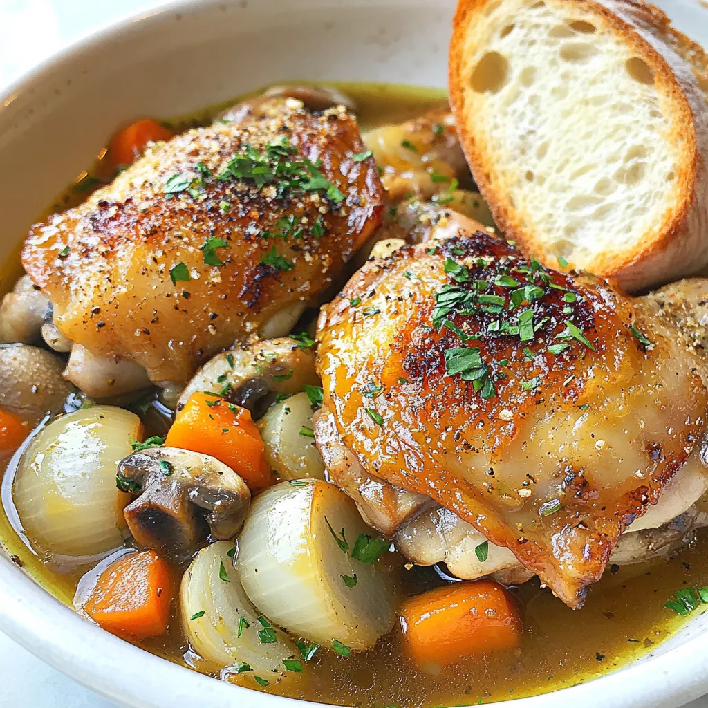 For a delicious Coq au Vin, gather these key items: - 4 chicken thighs, skin-on and bone-in - 2 tablespoons olive oil - 1 medium onion, diced - 2 cloves garlic, minced - 2 carrots, sliced - 1 cup chicken broth - 1 cup grape juice - 1 tablespoon tomato paste - 1 teaspoon dried thyme - 1 bay leaf - 200g button mushrooms, halved These main ingredients create a rich and hearty dish. The chicken thighs add a deep flavor, while the grape juice serves as a great substitute for wine. To enhance the dish, you will need: - Salt and pepper - Fresh parsley, chopped (for garnish) Salt and pepper are essential for flavor. Fresh parsley adds a bright touch and a pop of color. If you prefer some adjustments, consider these options: - Use apple juice or vegetable broth instead of grape juice for a non-alcoholic alternative. - Swap the chicken for mushrooms or eggplant for a tasty vegetarian dish. - For gluten-free needs, make sure your broth and other ingredients are certified gluten-free. These substitutions keep the dish accessible for all diets while maintaining its essence. Enjoy experimenting! {{ingredient_image_1}} Browning the chicken thighs To start, heat the olive oil in a large pot over medium heat. Season the chicken thighs with salt and pepper. Next, place them skin-side down in the pot. Brown the thighs for about 5-7 minutes on each side. They should look golden and crispy. Once browned, remove the chicken and set it aside on a plate. Sautéing vegetables In the same pot, add the diced onion, minced garlic, and sliced carrots. Sauté these for about 5 minutes until they soften and become fragrant. Then, stir in the halved mushrooms. Cook for another 3-4 minutes until they start to brown. This step builds a deep flavor base for your dish. Combining ingredients in the pot Now, it’s time to add more flavor. Stir in the tomato paste, dried thyme, and bay leaf. Mix well to combine everything. Next, pour in the grape juice and chicken broth. Use a wooden spoon to scrape any brown bits from the bottom of the pot. These bits add extra taste to your sauce. Simmering instructions Return the browned chicken thighs to the pot. Make sure they are well submerged in the liquid. Bring the mixture to a gentle simmer. Cover the pot and reduce the heat to low. Let it cook for 30-35 minutes until the chicken is fully cooked and tender. Sauce thickening technique After cooking, remove the chicken from the pot and set it aside. Increase the heat to medium-high. Let the sauce reduce for about 5-10 minutes. This will thicken the sauce and enhance its flavor. Taste it and adjust the seasoning with salt and pepper if needed. Plating and serving suggestions To serve, place the chicken on plates and spoon the rich sauce over it. Garnish with fresh chopped parsley for color. I like to serve Coq au Vin in shallow bowls alongside a rustic baguette. This way, you can dip the bread in the sauce and enjoy every bite. To get perfect browning on your chicken, heat the olive oil well. Place the chicken skin-side down in the pot. Let it cook without moving it for 5-7 minutes. This helps the skin get crispy and golden. Flip the chicken and brown the other side for the same time. For prep time, chop your veggies while the chicken browns. This cuts down on waiting time. Keep your ingredients ready and organized. Use a large pot to fit all the chicken and veggies. You can add more herbs for flavor. Fresh thyme works well. Tarragon or rosemary can also add a nice touch. A pinch of smoked paprika gives a subtle depth too. Pair your Coq au Vin with a nice red wine or grape juice. A fruity red wine adds richness. If you use grape juice, choose one with no added sugars for a balanced taste. Coq au Vin tastes great with sides. Consider serving it with creamy mashed potatoes or crusty bread. Buttered noodles also pair nicely and soak up the sauce. For presentation, use shallow bowls. Spoon the sauce over the chicken and sprinkle parsley on top. Add a rustic baguette on the side for a charming touch. Pro Tips Perfectly Browned Chicken: For a more flavorful dish, ensure the chicken is well-browned on both sides. This adds depth to the flavor of the sauce. Grape Juice Selection: Use 100% grape juice for the best flavor. Avoid blends with added sugars or flavors to maintain authenticity. Thickening the Sauce: If you prefer a thicker sauce, let it simmer for a longer time after removing the chicken. This will concentrate the flavors. Herb Variations: Feel free to experiment with herbs like rosemary or parsley for a different aromatic profile that complements the dish. {{image_2}} Coq au Vin is a classic dish from France. The traditional version uses red wine for cooking. This gives the dish its deep, rich flavor. Each region in France has its own twist on Coq au Vin. In Burgundy, they use local wine, while in Normandy, they may add apples. These regional adaptations highlight local ingredients and culture. You can make Coq au Vin suitable for different diets. For a vegetarian or vegan version, use mushrooms and hearty vegetables. Replace chicken with tempeh or tofu. Use vegetable broth and grape juice instead of chicken broth and wine. This way, you keep the rich taste without meat. If you need gluten-free options, use gluten-free broth and ensure your other ingredients are safe. This way, you can enjoy Coq au Vin without worry. Feel free to experiment with flavors in your Coq au Vin. Adding different vegetables can change the taste. Try bell peppers, parsnips, or zucchini for extra color and nutrition. These veggies can add a fresh twist. You can also incorporate bacon or pancetta for a smoky flavor. Just sauté it first, then follow the regular recipe. This adds depth and richness to the dish. Don't hesitate to play around with flavors to find your favorite mix! To store leftovers, let the Coq au Vin cool down first. Place it in an airtight container. This keeps it fresh and tasty. You can store it in the fridge for up to three days. Just make sure you reheat it well before eating. If you want to freeze Coq au Vin, use a freezer-safe container. It stays good for up to three months. When you’re ready to eat, thaw it in the fridge overnight. Reheat it on the stove over low heat. Stir often to avoid burning. There are many ways to use leftovers. You can make a tasty pasta dish by mixing in the Coq au Vin. You could also turn it into a hearty soup by adding more broth. For meal prep, consider packing it in lunch containers with rice or bread. This way, you have quick meals ready to go! What is Coq au Vin? Coq au Vin is a classic French dish. It features chicken slowly cooked in a rich sauce. The sauce is made with broth, grape juice, and herbs. This dish has deep, bold flavors. It is often served with bread or potatoes. Can I use different cuts of chicken? Yes, you can use other chicken cuts. Thighs work best for their flavor and juiciness. Breasts can be used, but they may dry out. Drumsticks are another good choice for a hearty meal. What can I substitute for grape juice? If you need a substitute, consider using chicken broth or apple juice. These options will keep the dish flavorful. You can also use pomegranate juice for a unique twist. Each choice adds its own taste to the sauce. Can I make Coq au Vin in a slow cooker? Absolutely! To make it in a slow cooker, follow the same steps. Brown the chicken and sauté the veggies first. Then, add all ingredients to the slow cooker. Cook on low for 6-8 hours for tender chicken. How do I know when the chicken is fully cooked? The chicken is done when its internal temperature reaches 165°F. Another way to check is to cut into the thickest part. The juices should run clear, not pink. This helps ensure the chicken is safe to eat. Tips for making Coq au Vin ahead of time? You can make Coq au Vin a day ahead. Just follow the recipe and refrigerate it overnight. The flavors will deepen as it sits. Reheat on the stove over low heat before serving. This blog post shared a simple recipe for Coq au Vin. We explored the ingredients, cooking steps, and helpful tips. You learned about main flavors, substitutions, and serving ideas. You can make this dish your own with variations. Remember, cooking is all about using what you enjoy. Trust your taste buds and have fun. With practice, you can master this classic dish and impress your friends and family. Enjoy every bite!