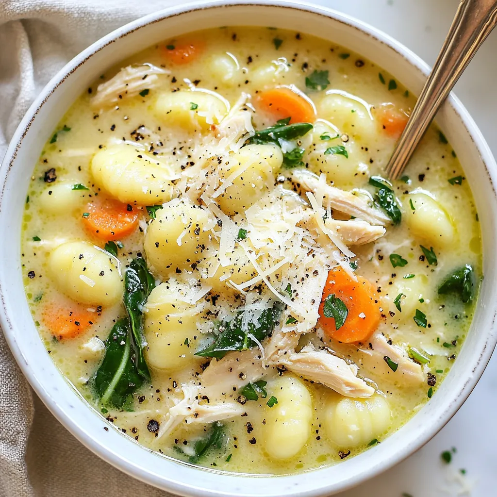 To make Olive Garden Copycat Chicken Gnocchi Soup, gather these simple ingredients: - 1 tablespoon olive oil - 1 medium onion, diced - 2 cloves garlic, minced - 2 medium carrots, diced - 2 celery stalks, diced - 3 cups chicken broth - 2 cups cooked chicken, shredded - 1 cup fresh spinach, roughly chopped - 1 teaspoon dried thyme - 1 teaspoon dried parsley - 1/2 teaspoon black pepper - 1 cup half-and-half - 1 lb potato gnocchi - Salt to taste - Grated Parmesan cheese for garnish You can swap some ingredients if needed. Here’s a quick list: - Use canola oil instead of olive oil. - Frozen spinach works if fresh isn’t available. - Cooked turkey can replace chicken. - Coconut milk can replace half-and-half for a dairy-free option. - Use vegetable broth for a vegetarian soup. Fresh ingredients make a big difference in your soup. Here are my tips: - Onions: Look for firm, dry onions with no soft spots. - Garlic: Choose bulbs that feel heavy and are free of mold. - Vegetables: Pick vibrant, crisp carrots and celery. Avoid wilted or soft ones. - Spinach: Select bright green leaves. Avoid yellow or slimy ones. - Gnocchi: If using fresh gnocchi, check for a soft texture and no visible cracks. Using fresh, quality ingredients enhances the flavor and nutrition of your soup. Enjoy the process! {{ingredient_image_1}} Start with a large pot. Heat one tablespoon of olive oil over medium heat. Add one diced onion and sauté it for about 3-4 minutes. You want the onion to turn clear but not brown. Next, add two minced garlic cloves, two diced carrots, and two diced celery stalks. Sauté these for 3-5 minutes. The goal is to soften the veggies and let their flavors shine. Now, pour in three cups of chicken broth. Bring it to a boil. Once the broth boils, add two cups of shredded cooked chicken. Mix in one teaspoon of dried thyme, one teaspoon of dried parsley, and half a teaspoon of black pepper. Reduce the heat and let it simmer for 10 minutes. This helps the flavors blend together. After that, add one pound of potato gnocchi to the pot. Cook according to the package instructions. Usually, it takes about 2-3 minutes. You know it's ready when the gnocchi floats to the surface. Now, stir in one cup of half-and-half and one cup of roughly chopped fresh spinach. Cook until the spinach wilts and the soup heats through. Taste and add salt as needed. Serve hot in large bowls. Top with grated Parmesan cheese for that extra touch. Enjoy your delicious soup! One common mistake is overcooking the gnocchi. They only need 2-3 minutes in the soup. If you cook them too long, they can turn mushy. Another mistake is not seasoning enough. Taste the soup as you cook and adjust salt as needed. Forgetting to sauté the onion and garlic can also dull the flavor. Always start by cooking these ingredients first to build a strong base. To get the best flavor, use fresh ingredients. Fresh spinach adds bright color and taste. Use high-quality chicken broth for depth. If you have the time, roast your chicken first for extra flavor. Adding fresh herbs like thyme and parsley enhances the soup's aroma. Lastly, finish with grated Parmesan cheese. It adds a rich, creamy finish that ties everything together. Serve the soup in large bowls, topped with extra Parmesan cheese. This adds a nice touch. Pair the soup with a fresh side salad or crusty bread. A simple green salad with a light vinaigrette complements the rich soup well. For a cozy feel, serve with warm, toasted garlic bread. This makes the meal hearty and satisfying, perfect for any occasion. Pro Tips Fresh Ingredients: Use fresh vegetables and herbs for the best flavor. Fresh spinach and high-quality chicken broth can significantly enhance the taste of your soup. Cooking Gnocchi: Avoid overcooking the gnocchi. They are done when they float to the surface, which usually takes about 2-3 minutes. Overcooked gnocchi can become mushy. Make it Ahead: This soup can be made ahead of time and stored in the refrigerator for up to 3 days. Reheat gently on the stove, adding a splash of broth if needed. Garnishing: For an extra touch, consider adding a drizzle of olive oil or a sprinkle of crushed red pepper flakes before serving to elevate the presentation and flavor. {{image_2}} You can make a tasty vegetarian version of this soup. Start by skipping the chicken. Instead, use more veggies for great flavor. Try adding mushrooms or zucchini. These will give your soup a hearty feel. You can also use vegetable broth instead of chicken broth. This way, you keep all the rich tastes without meat. Feel free to mix in your favorite vegetables. Peas, bell peppers, or corn can add color and taste. Just chop them small so they cook well. Add them when you sauté the onions and garlic. This helps them blend into the soup. If you want a fresh taste, consider adding asparagus or kale at the end. They add nutrition and crunch. If you like some heat, try adding red pepper flakes. Start with a pinch and add more if needed. You can also swap black pepper for cayenne pepper for a bolder kick. For a milder soup, skip the spices or reduce them. This way, you can make the soup perfect for your taste buds. Adjust the spices as you cook, and always taste your soup! To keep your leftover chicken gnocchi soup fresh, let it cool first. Pour the soup into an airtight container. Seal it tightly to prevent air from getting in. You can store it in the fridge for up to three days. If you want to keep it longer, consider freezing it. When you're ready to enjoy your soup again, take it out of the fridge or freezer. If it’s frozen, let it thaw in the fridge overnight. When reheating, pour the soup into a pot over medium heat. Stir often to make sure it warms evenly. If it’s too thick, add a splash of chicken broth or water to thin it out. To freeze your soup, use freezer-safe containers. Leave some space at the top of each container. This allows for expansion as the soup freezes. Label each container with the date. Your soup can last in the freezer for up to three months. When you are ready to enjoy it, simply follow the reheating instructions above. Yes, you can use store-bought gnocchi. It saves time and is easy to find. Look for fresh or frozen gnocchi in the pasta aisle. The cooking time will be the same. Just follow the package instructions for best results. This option makes your soup quick to prepare. The soup lasts about 3 to 4 days in the fridge. Store it in an airtight container. Make sure it cools down before you put it in the fridge. When ready to eat, just reheat it on the stove. The flavors will still be great! Yes, making the soup in advance works well. It tastes even better after a day or two. Cook the soup, let it cool, and then store it in the fridge. Just remember to add the gnocchi just before serving. This keeps it fresh and fluffy. In this post, we covered the key ingredients for a tasty creamy gnocchi soup. You learned how to pick fresh items and swap ingredients as needed. I shared step-by-step cooking instructions to make this dish easy and fun. We also explored variations, tips, and storage advice to keep your soup fresh. Now, you can confidently create a delicious meal. Enjoy cooking, and don’t hesitate to get creative with this recipe!