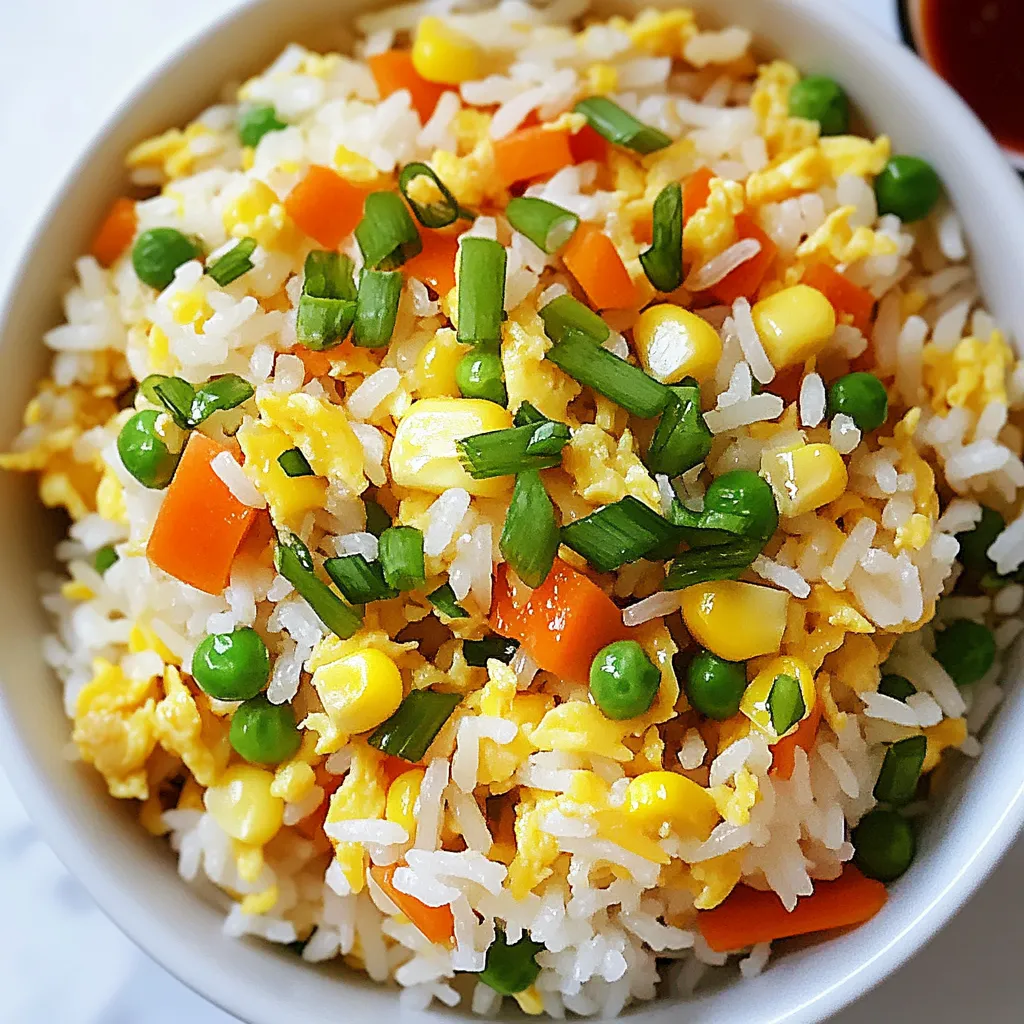To make Minute Egg Fried Rice, you need: - 2 cups cooked jasmine rice (preferably chilled) - 3 large eggs - 1 cup mixed vegetables (carrots, peas, corn) - 2 green onions, finely chopped - 2 cloves garlic, minced - 2 tablespoons soy sauce - 1 tablespoon sesame oil - 1 teaspoon ginger, grated - Salt and pepper to taste - Optional: Sriracha or chili sauce for heat Each ingredient adds unique taste and texture. The jasmine rice gives a lovely aroma. Eggs add protein and creaminess. Mixed vegetables bring color and crunch. Garlic and ginger give depth to the dish. You can change ingredients to fit your taste. Use brown rice for more fiber. If you want a vegan option, swap eggs with scrambled tofu. Use any vegetables you have at home. Bell peppers, broccoli, or zucchini work great. For soy sauce, try tamari for a gluten-free option. You can even use coconut aminos for a lighter flavor. Using chilled rice is key for great fried rice. Freshly cooked rice is too moist. This makes it sticky and clumps together. Chilled rice keeps each grain separate. It allows for better frying and a nice texture. If you don’t have chilled rice, spread freshly cooked rice on a tray. Let it cool for at least 30 minutes before using. This step is simple but makes a big difference in your dish. {{ingredient_image_1}} First, grab your large skillet or wok. Place it on the stove over medium heat. Add 1 tablespoon of sesame oil. Let it heat for a minute. You want it just hot enough to cook well. Next, add 2 cloves of minced garlic and 1 teaspoon of grated ginger. Stir them for about 30 seconds. You will smell a great aroma. This step adds depth to your dish. Now, push the garlic and ginger to one side of the skillet. Crack 3 large eggs into the other side. Scramble the eggs until they are fully cooked. Mix the scrambled eggs with the garlic and ginger. This will blend all the flavors. It’s time to add 1 cup of mixed vegetables. You can use carrots, peas, and corn. Stir them into the egg mixture for about 2 minutes. Then, add 2 cups of chilled jasmine rice. Break up any clumps with your spatula. Mix everything well until combined. Pour 2 tablespoons of soy sauce over the rice. Stir it all together to coat the rice evenly. Allow it to cook for 3-4 minutes. This lets the rice heat through completely. Finally, stir in 2 chopped green onions. Season with salt and pepper to taste. If you like heat, drizzle some Sriracha or chili sauce on top. Serve your fried rice in a vibrant bowl. Garnish with extra green onions for a pop of color. Enjoy this easy and tasty meal! To keep your rice from sticking, use chilled jasmine rice. Freshly cooked rice has too much moisture. Spread cooked rice on a plate to cool it quickly. This helps it dry out. Avoid using too much sauce. Too much moisture can make the rice clump. Stir the rice gently while cooking to keep it fluffy. You can make your Minute Egg Fried Rice pop with extra flavors. Add cooked chicken for protein. Tofu is also a great choice for a vegetarian meal. Try adding sesame seeds for a nutty taste. You can also mix in fresh herbs like cilantro or basil. For a spicy kick, add sliced jalapeños or chili flakes. Timing is key when cooking eggs. Scramble them on medium heat for even cooking. Don’t overcook them; they should be soft and fluffy. Add them to the pan after the garlic and ginger. This way, the eggs soak up those great flavors. Mix them in quickly with the veggies. This keeps the dish vibrant and fresh. Pro Tips Use Chilled Rice: Using chilled, day-old rice helps prevent the grains from sticking together and gives a better texture to your fried rice. Veggie Variations: Feel free to customize the mixed vegetables based on your preference or seasonal availability for a fresh twist. Perfect Scramble: Scramble the eggs separately before mixing them in to ensure they are fluffy and evenly distributed in the fried rice. Flavor Boost: For an extra layer of flavor, try adding a splash of oyster sauce or a sprinkle of sesame seeds before serving. {{image_2}} You can easily make Minute Egg Fried Rice vegetarian. Simply skip the eggs and use more veggies. Try adding tofu for protein. Tofu takes on flavors well, making it a great choice. For a vegan option, use a plant-based egg substitute. This keeps the dish tasty and satisfying. Adding protein can make this dish heartier. Cooked chicken works great. Just chop it into bite-sized pieces and add it with the veggies. Tofu is also a great pick. Firm tofu holds its shape well when cooked. Shrimp adds a delightful seafood twist. Use peeled shrimp and cook until pink. Each option brings its unique flavor and texture to the rice. Spice it up by adding Sriracha or chili sauce. Mix it in while cooking for a warm kick. For a fresh twist, try citrus. Add lemon or lime juice for bright flavor. You can also sprinkle zest on top before serving. These changes keep the dish exciting and new every time you make it. To store leftover fried rice, let it cool first. Place it in an airtight container. Make sure to seal it well to keep out air. You can store it in the fridge for up to three days. This keeps the rice fresh and tasty for later meals. When you are ready to eat, take the rice out of the fridge. You can reheat it in the microwave or on the stove. If using a microwave, place the rice in a bowl. Add a splash of water so it won't dry out. Heat it for one to two minutes. Stir halfway through to ensure even heating. If using the stove, heat a little oil in a pan. Add the rice and stir until hot. This will help keep it from sticking. If you want to keep it longer, freezing is a great option. Portion the rice into freezer-safe bags or containers. Remove as much air as possible before sealing. Label the bags with the date. You can freeze it for up to three months. When you want to eat it, thaw it in the fridge overnight. Reheat as explained above. This way, you can enjoy your Minute Egg Fried Rice whenever you like! Yes, you can use day-old rice. In fact, it works great! Day-old rice has a firmer texture. This helps prevent the rice from becoming mushy. If you use fresh rice, let it cool first. Chilling the rice makes it easier to fry. You can add many types of vegetables. Common choices include: - Carrots - Peas - Corn - Bell peppers - Broccoli - Green beans These veggies add color and nutrition. Feel free to mix and match based on what you have. To make this dish gluten-free, simply replace soy sauce. Use gluten-free soy sauce or tamari. You can also try coconut aminos for a different flavor. Always check labels for hidden gluten in other ingredients. Yes, you can skip soy sauce. Use other flavorings like: - Salt - Pepper - Garlic powder - Onion powder You might miss the umami taste, but the dish will still be tasty. Leftover egg fried rice lasts about 3 to 4 days in the fridge. Store it in an airtight container. When ready to eat, reheat it well to ensure safety. Always check for any off smells or changes in texture before eating. You now have a solid plan for making Minute Egg Fried Rice. We covered key ingredients, useful substitutes, and how chilled rice helps. I shared step-by-step directions to make it easy. You learned tips to avoid sticky rice, enhance flavors, and make different versions. Lastly, I explained how to store and reheat leftovers. This dish is fun to make and very tasty. Enjoy sharing it with family and friends!