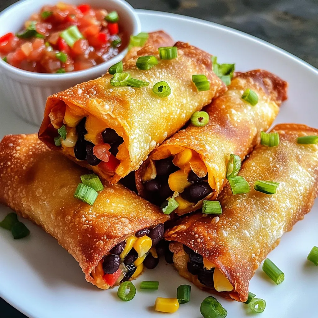 - 1 cup black beans, rinsed and drained - 1 cup corn kernels (fresh or canned) - 1 red bell pepper, diced - 1 green onion, finely chopped - 1 cup shredded cheddar cheese - 1 teaspoon cumin - 1 teaspoon chili powder - 1/2 teaspoon garlic powder - 1/2 teaspoon onion powder - Salt and pepper to taste - 8 large flour tortillas - Vegetable oil for frying To make these egg rolls, gather all the ingredients first. The black beans and corn serve as a great base. They add texture and flavor. The diced red bell pepper brings a nice crunch. Green onions add a hint of freshness. Cheddar cheese ties everything together with its creamy taste. The spices are key to flavor. Cumin gives a warm note. Chili powder adds a bit of heat. Garlic and onion powder boost the overall taste. Don’t forget salt and pepper; they balance the flavors. You need large flour tortillas to wrap the filling. They hold the mixture well. Finally, vegetable oil is essential for frying. It helps achieve that perfect golden and crispy finish. These ingredients come together to create a delicious bite. You can enjoy the savory flavors in every crispy roll. {{ingredient_image_1}} To start, grab a large mixing bowl. Add these main ingredients: - 1 cup black beans, rinsed and drained - 1 cup corn kernels (fresh or canned) - 1 red bell pepper, diced - 1 green onion, finely chopped - 1 cup shredded cheddar cheese Mix these items well until they are evenly combined. This creates a colorful and tasty base for your egg rolls. Next, season the mixture. You will need: - 1 teaspoon cumin - 1 teaspoon chili powder - 1/2 teaspoon garlic powder - 1/2 teaspoon onion powder - Salt and pepper to taste Add these spices to the bowl and stir. This step makes your filling full of flavor. Now it's time to roll your egg rolls. Lay a tortilla flat on a clean surface. Then, take about 2-3 tablespoons of the filling mixture. Place it in the center of the tortilla. Fold the sides of the tortilla over the filling. Roll it tightly from the bottom to the top. Make sure the filling is fully enclosed in the tortilla. Repeat this with all your tortillas and filling. For cooking, heat about 1 inch of vegetable oil in a deep frying pan. Use medium heat and bring the oil to 350°F (175°C). This temperature is key for crispy egg rolls. Carefully place 2-3 egg rolls in the hot oil. Fry them for about 3-4 minutes on each side. Look for a golden brown color and a crispy texture. Remember, do not overcrowd the pan. Once they are cooked, remove the egg rolls. Place them on a paper towel-lined plate to drain any extra oil. Enjoy your warm egg rolls with a tasty dipping sauce! To get your egg rolls nice and crispy, oil temperature is key. Heat the vegetable oil to 350°F (175°C) before adding the egg rolls. This ensures they cook evenly and turn golden brown. If the oil is too cool, you’ll end up with soggy egg rolls. Avoid overcrowding the frying pan. Fry only 2-3 egg rolls at a time. This allows each one to have enough space to cook properly. If you crowd the pan, they may stick together and won't crisp up well. You can tweak the spices to make the filling pop. If you like it spicy, add more chili powder or some cayenne pepper. For a different kick, try adding smoked paprika for a smoky flavor. If you want to change up the cheese, consider using pepper jack for a spicy twist, or try a dairy-free cheese for vegan options. Each cheese brings a unique taste, so choose what you enjoy most! Pro Tips Use Fresh Ingredients: Fresh vegetables and quality cheese can elevate the flavor of your egg rolls significantly, making them more delicious. Don’t Overcrowd the Pan: Frying too many egg rolls at once can lower the oil temperature, resulting in soggy rolls. Fry in batches for the best crispiness. Experiment with Spices: Adjust the spices according to your preference. Adding a pinch of cayenne pepper can give your egg rolls an extra kick! Serve with a Variety of Dips: Pair your egg rolls with different sauces like guacamole, ranch, or a spicy salsa for a fun twist. {{image_2}} To make Southwest egg rolls vegetarian, simply skip the cheese. You can add more veggies, like spinach or zucchini. This keeps them tasty and colorful. If you want a vegan option, use lentils instead of black beans. Lentils add protein and texture. They also absorb flavors well, so your egg rolls stay flavorful. For those who love spice, try adding jalapeños to the filling. This gives a nice kick to the egg rolls. You can also mix in other veggies. Chopped mushrooms or carrots can add extra crunch and taste. Feel free to experiment with your favorite flavors. This way, you can make each batch unique! To store your leftover Southwest egg rolls, let them cool first. Place them in an airtight container. This keeps them fresh for up to three days in the fridge. When you're ready to eat, reheating is key. Avoid the microwave if you want crispness. Instead, heat a skillet over medium heat. Place the egg rolls in the skillet for a few minutes on each side. This method revives their crunch. You can freeze your egg rolls both before and after cooking. If you want to freeze them before cooking, wrap each roll in plastic wrap. Then, place them in a freezer bag. Press out as much air as possible before sealing. They can stay frozen for up to three months. When you're ready to cook, simply thaw in the fridge overnight and fry as usual. If you've already cooked the egg rolls, let them cool completely. Then, place them in a freezer-safe bag. Again, remove excess air and seal tightly. To reheat, bake them in the oven at 375°F (190°C) for about 15-20 minutes. This method helps retain their crispiness. Enjoy your tasty snacks even later! You can make Southwest Egg Rolls in an air fryer easily. First, preheat your air fryer to 375°F (190°C). Prepare your egg rolls as usual, rolling them tightly. Then, spray the air fryer basket with cooking oil. Place the egg rolls in a single layer, ensuring they do not touch. Cook for about 10-12 minutes, turning halfway through. This method gives you crispy rolls with less oil. Many sauces go great with Southwest Egg Rolls. Popular choices include salsa, guacamole, and ranch dressing. You can also make a quick avocado ranch sauce. Just blend together a ripe avocado, ranch dressing, lime juice, and a pinch of salt. This adds a creamy and tangy touch that complements the savory filling. Yes, you can prepare the filling a day ahead. Mix all the ingredients in a bowl and store them in an airtight container. Keep it in the fridge to stay fresh. When you're ready to cook, just roll the filling in the tortillas and fry or air fry as usual. This saves time and lets you enjoy your egg rolls faster! You’ve learned how to make delicious Southwest egg rolls from scratch. We covered the key ingredients, step-by-step prep, and cooking tips. You discovered options for vegetarian and vegan diets, plus ways to enhance flavor. Storing tips ensured your leftovers stay tasty. Now, whether you fry them or air-fry them, these egg rolls are sure to please. Enjoy experimenting with flavors and serving them with your favorite sauces. Happy cooking!