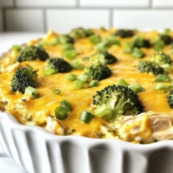 For the Keto Broccoli Chicken Casserole, you will need: - 2 cups broccoli florets, steamed - 2 cups cooked chicken, shredded (preferably rotisserie) - 1 cup cream cheese, softened - 1 cup shredded cheddar cheese (plus extra for topping) - 1/2 cup sour cream - 1 teaspoon garlic powder - 1 teaspoon onion powder - 1/2 teaspoon paprika - Salt and pepper to taste - 1/4 cup almond flour - 2 tablespoons olive oil - 1/2 cup chopped green onions (for garnish) You can make this dish your own with a few optional ingredients: - Add 1/2 cup of cooked bacon for extra flavor. - Toss in some cooked cauliflower for more veggies. - Use different cheese types like mozzarella or pepper jack. - Include herbs like thyme or rosemary for a fresh taste. When choosing your ingredients, look for these tips: - Pick bright green broccoli with firm florets. - Choose chicken that is moist and flavorful, like rotisserie. - Check the cream cheese for freshness; it should be smooth and spreadable. - For the cheddar cheese, go for blocks over pre-shredded for better melting. - Fresh green onions should be crisp and vibrant, adding a nice crunch to your dish. {{ingredient_image_1}} Start by gathering all your ingredients. You will need broccoli florets, cooked chicken, cream cheese, cheddar cheese, and some spices. This dish is quick and easy. You can have it ready in about 45 minutes. 1. Preheat your oven to 350°F (175°C). This helps cook the casserole evenly. 2. In a large bowl, mix the softened cream cheese and sour cream. Add garlic powder, onion powder, paprika, salt, and pepper. Stir until smooth. 3. Fold in the shredded chicken and steamed broccoli. Add the shredded cheddar cheese. Make sure everything is well coated. 4. Pour the mixture into a greased 9x13 inch baking dish. Spread it out evenly. 1. In a small bowl, mix the almond flour with olive oil. Stir until it looks like coarse crumbs. 2. Sprinkle this mixture over the casserole. This adds a nice crunch. 3. Top with some extra shredded cheddar cheese. This gives a tasty cheesy crust. 4. Bake the casserole for 25-30 minutes. Look for it to be bubbling and the top to be golden brown. 5. Once done, take it out of the oven. Let it cool for a few minutes. 6. Before serving, garnish with chopped green onions for a fresh touch. To get the best texture in your casserole, mix the cream cheese and sour cream well. This smooth base helps hold everything together. Use room temperature cream cheese for easy mixing. Stir until the mix is creamy and free of lumps. When you add the chicken and broccoli, fold gently. This keeps the pieces whole and gives a nice bite. You will need some basic tools to make this dish easy. Here’s what I recommend: - A large mixing bowl for combining your ingredients - A 9x13 inch baking dish for cooking - A small bowl for mixing the almond flour topping - A spatula to help with mixing and spreading - An oven mitt for safety when handling hot dishes With these tools, you’re ready to create a tasty casserole. Many home cooks make a few key errors. First, don’t skip the step of softening the cream cheese. Cold cream cheese does not mix well. Second, avoid overcooking the casserole. Baking it too long can dry out the chicken. Lastly, remember to let it cool a bit before serving. This helps the layers set and makes it easier to serve. By avoiding these mistakes, you’ll enjoy a perfect casserole every time. Pro Tips Use Rotisserie Chicken: For an effortless and flavorful option, using rotisserie chicken saves time and adds great taste to your casserole. Adjust Cheese to Taste: Feel free to experiment with different types of cheese such as mozzarella or pepper jack for a unique flavor profile. Extra Crunch: For added texture, consider mixing in some crushed pork rinds or nuts in the almond flour topping. Make-Ahead Friendly: You can prepare this casserole a day in advance. Just store it in the fridge and bake it when you're ready to serve! {{image_2}} You can easily swap ingredients in this casserole. If you want a dairy-free option, use vegan cream cheese and sour cream. Instead of almond flour, try coconut flour for a different texture. You can also replace cheddar with mozzarella or another cheese you love. These swaps keep the dish keto-friendly and tasty. Chicken is great, but you can mix it up! Use turkey, beef, or even shrimp. You can also try canned tuna or salmon for a quick protein boost. Each option adds a unique flavor while keeping the dish low-carb. Just make sure to cook the protein first if needed. Want to add more flavor? Try adding diced bell peppers or mushrooms. You can also mix in some spinach or kale for extra greens. A sprinkle of red pepper flakes gives a nice kick. For a smoky taste, add some smoked paprika. These additions make your casserole even more delicious and fun! After enjoying your Keto broccoli chicken casserole, store any leftovers in an airtight container. This keeps the dish fresh and prevents it from drying out. Place it in the fridge within two hours of cooking. It will stay good for about three to four days. Always remember to let it cool before sealing the container. If you want to save some for later, freezing is a great option. Cut the casserole into portions and wrap each piece tightly in plastic wrap. Then, place them in a freezer-safe bag or container. Be sure to label it with the date. This casserole can stay in the freezer for up to three months. Just remember to thaw it in the fridge before reheating. To reheat your casserole, preheat your oven to 350°F (175°C). Place the casserole in an oven-safe dish and cover it with foil. Heat for about 20-25 minutes or until it’s hot all the way through. You can also use the microwave. Just heat it in short bursts, stirring in between. This way, it warms evenly and stays tasty. Adding a sprinkle of fresh cheese on top before reheating can also bring back that delicious cheesy crust. Yes, this recipe is great for meal prep. You can make it ahead of time. Divide the casserole into portions and store them in airtight containers. It keeps well in the fridge for up to four days. This makes it easy to grab a quick meal. You can use frozen broccoli if needed. Just make sure to thaw and drain it first. This helps avoid extra water in the casserole. Frozen broccoli is also convenient and saves time. This casserole is low in carbs and high in protein. Here is a rough estimate per serving: - Calories: 350 - Fat: 25g - Protein: 30g - Carbs: 8g - Fiber: 3g These numbers can vary based on your ingredients. Always check your brands for the most accurate info. This article covered the key ingredients needed, the steps to prepare the dish, and helpful tips for success. Cooking can seem tricky, but with the right ingredients and techniques, you can make it work. Remember to try the variations for different diets and flavors. Storing leftovers properly helps you enjoy your meal later. Keep these tips in mind, and you will find joy in your cooking journey. Happy cooking!