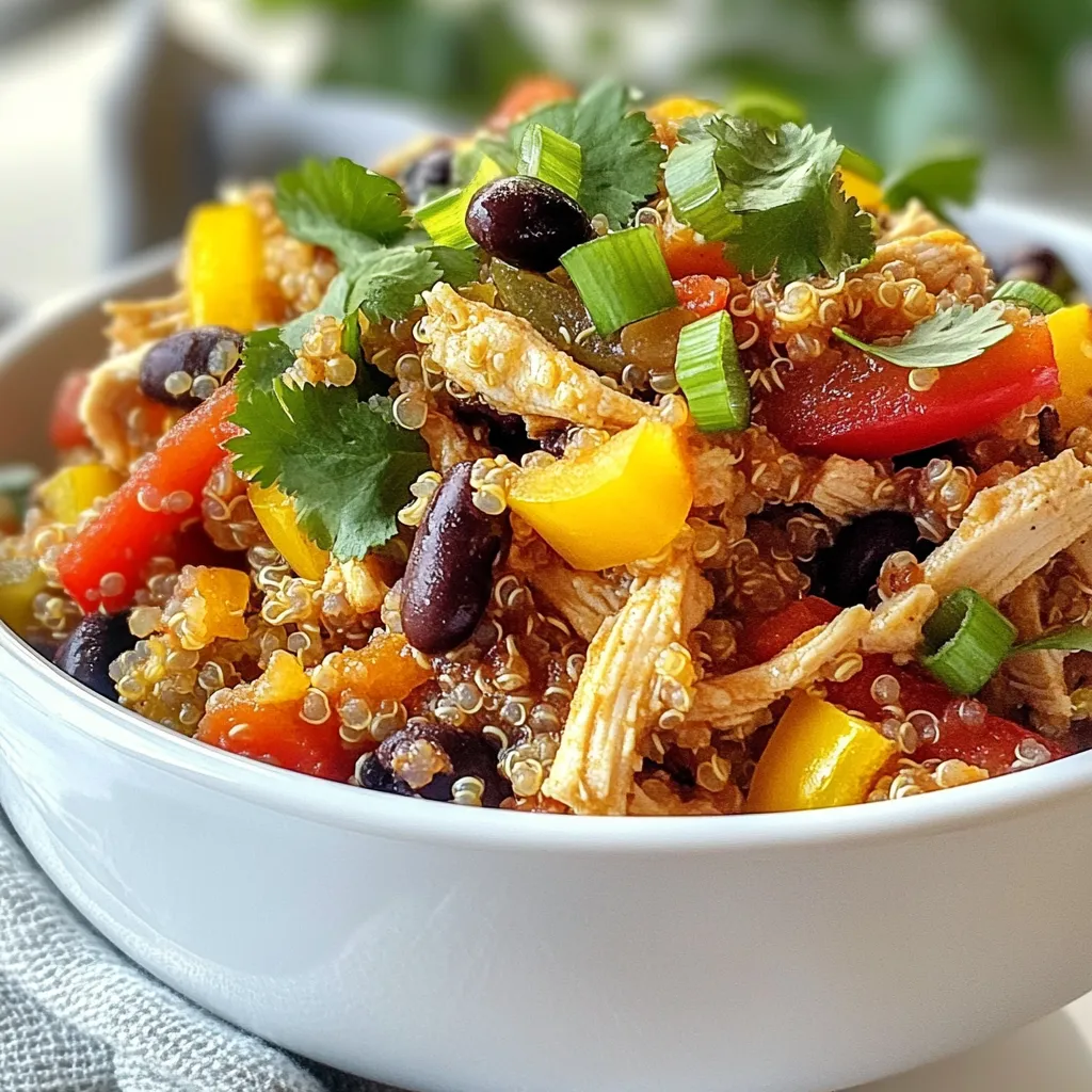 - 4 boneless, skinless chicken breasts - 1 cup low-sodium chicken broth - 1 cup quinoa, rinsed - 1 red bell pepper, diced - 1 cup black beans, drained and rinsed - 1 cup corn, frozen or canned - 1 teaspoon ground cumin - 1 teaspoon smoked paprika - 2 cloves garlic, minced - 1 tablespoon olive oil - Salt and pepper to taste - 2 green onions, sliced (for garnish) - Fresh cilantro (optional, for garnish) I love this recipe because it’s simple and packed with protein. The chicken breasts form the base of the dish. They provide lean protein that keeps you full. The low-sodium chicken broth adds moisture and flavor. Quinoa is a great addition. It is also a protein source and adds a nice texture. Next, we have the red bell pepper. It brings color and sweetness. Black beans add more protein and fiber. They also help make the dish hearty. Corn can be frozen or canned. It adds a sweet crunch. The spices are key for flavor. Ground cumin gives warmth, while smoked paprika adds depth. Garlic infuses the dish with a rich aroma. Olive oil helps sauté the garlic, making it fragrant. Finally, the salt and pepper are essential for taste. Green onions make a fresh garnish. Cilantro adds a bright touch if you like it. With these ingredients, you create a satisfying meal. {{ingredient_image_1}} 1. Sautéing the Garlic Heat one tablespoon of olive oil in a skillet over medium heat. Add two minced garlic cloves. Sauté for about 30 seconds. You want the garlic fragrant but not burnt. 2. Layering Ingredients in the Slow Cooker Place four boneless, skinless chicken breasts in the slow cooker. Pour one cup of low-sodium chicken broth over them. Next, add the sautéed garlic, one teaspoon of ground cumin, one teaspoon of smoked paprika, and salt and pepper to taste. Stir gently to mix. Now, add one cup of rinsed quinoa, one diced red bell pepper, one cup of drained black beans, and one cup of corn on top. Do not mix; just layer these ingredients. 3. Cooking Time and Method Cover the slow cooker and cook on low for six hours or high for three hours. The chicken should be tender and fully cooked when done. 1. Shredding the Chicken Once cooking is complete, use two forks to shred the chicken right in the slow cooker. Mix it well with the other ingredients. 2. Adjusting Seasoning Taste your dish. Adjust the seasoning with more salt or pepper if needed. 3. Serving Suggestions Serve this high-protein chicken in bowls. Garnish with sliced green onions and fresh cilantro if you like. Enjoy your meal! Ensuring Perfectly Cooked Chicken To make sure your chicken cooks just right, use a meat thermometer. The chicken should reach 165°F for safe eating. Always layer the ingredients in the slow cooker. This helps the chicken cook evenly. Place the chicken on the bottom, then add broth, spices, and other ingredients on top. Letting the chicken soak in the broth adds flavor and keeps it moist. Flavor Enhancement Ideas Want to boost the flavor? Try adding lime juice or zest before serving. A splash of vinegar can also brighten the dish. Fresh herbs like cilantro or parsley can add freshness. You can even add some cheese on top for a creamy touch. Experiment with spices too, like chili powder or oregano, to find your perfect taste. Protein-Rich Elements This recipe features chicken breasts and quinoa, both great sources of protein. Each serving offers a good amount of protein to help build muscles and keep you feeling full. Black beans also add a protein punch, making this dish a smart choice for anyone looking for a high-protein meal. Nutritional Benefits of Ingredients The red bell pepper adds vitamins A and C, which are important for your immune system. Quinoa is not only high in protein but also provides fiber, which is great for digestion. Corn adds sweetness and more fiber. This meal is packed with nutrients to support your health. Pro Tips Marinate for Extra Flavor: Consider marinating the chicken breasts in a mixture of olive oil, cumin, smoked paprika, and garlic for at least 30 minutes before cooking. This enhances the flavor profile and tenderness. Layering Ingredients: When adding ingredients to the slow cooker, layer them as instructed. This ensures even cooking and allows flavors to meld beautifully without overcooking delicate ingredients like quinoa. Use Fresh Ingredients: Whenever possible, opt for fresh vegetables like bell peppers and garlic. Fresh ingredients can significantly elevate the dish's flavor and nutritional value. Storage Tips: Leftovers can be stored in an airtight container in the refrigerator for up to 3 days. Reheat gently on the stove or in the microwave, adding a splash of chicken broth to prevent drying out. {{image_2}} Alternative Protein Sources If you want to switch up the protein, try using turkey or tofu. Both options work well in this dish. Turkey keeps the protein high, while tofu is a great plant-based choice. Just ensure you cut the tofu into cubes for even cooking. Different Vegetables to Use You can mix in different vegetables based on your taste. Try zucchini, spinach, or carrots. Each adds a unique flavor and texture. Use whatever you have on hand. This keeps the dish fresh and fun. Adding Spices and Herbs Spices can change the whole dish. Try adding chili powder for a kick, or oregano for a fresh taste. Fresh herbs like basil or thyme also work. Add them toward the end of cooking for more flavor. Heat Level Adjustments To spice things up, add jalapeños or hot sauce. Start with small amounts to find your perfect heat. If you prefer mild flavors, skip the heat. This recipe is flexible to fit everyone’s taste. After cooking, let your high-protein chicken cool. Place leftovers in an airtight container. This keeps it fresh for about 3 to 4 days in the fridge. Make sure to store it within two hours of cooking for safety. When you reheat, use a microwave or stovetop. Heat until it reaches 165°F (74°C). This ensures it is safe to eat. Stir occasionally while reheating. This helps the chicken heat evenly. If you want to store it longer, freezing is a great option. Divide leftovers into meal-sized portions. Use freezer-safe bags or containers. Be sure to remove as much air as possible. This prevents freezer burn. For best taste, try to use it within 2 to 3 months. When you’re ready to eat, defrost in the fridge overnight. You can also use the microwave for faster defrosting. Just remember to cook it right away if you use this method. How long does it take to cook chicken in a slow cooker? It usually takes about 6 hours on low heat or 3 hours on high heat. The chicken will be tender and fully cooked when done. Can I use frozen chicken breasts? Yes, you can use frozen chicken breasts. Just increase the cooking time by about 1 hour. Make sure the chicken reaches a safe internal temperature of 165°F (75°C). What can I serve with high-protein chicken? You can serve this chicken with brown rice, whole grain tortillas, or fresh salad. It’s great with avocado slices or a dollop of Greek yogurt too! How to adjust the recipe for a larger group? To serve more people, simply double the ingredients. Use a larger slow cooker to fit everything. You can cook it for the same time, but check the chicken for doneness. This blog post shared a simple recipe for a slow cooker chicken dish. It covered ingredients, cooking steps, and helpful tips. You learned how to enhance flavors and even make substitutions. We discussed storage and answered common questions too. Now, you can enjoy a tasty meal that's packed with protein. With a few tweaks, it can suit any palate. I hope you feel inspired to create your own version!