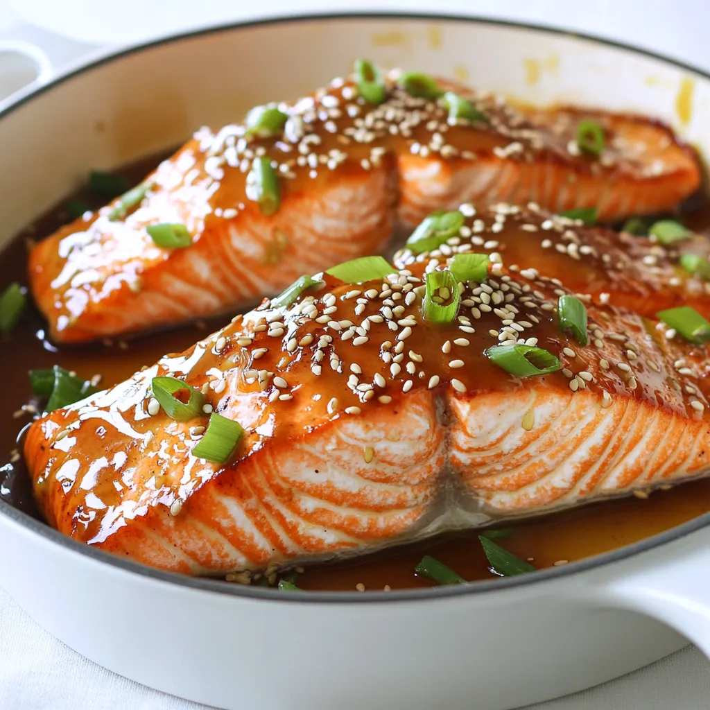 - Salmon fillets - Honey and soy sauce combination - Aromatics: garlic and ginger - Olive oil and seasonings For this honey garlic salmon, you need four salmon fillets. Each fillet should weigh about six ounces. Fresh salmon is best for flavor and texture. Next, gather your sweet and salty mix. You will need a quarter cup of honey and three tablespoons of low-sodium soy sauce. This blend gives the salmon its rich glaze. Now, let's add some flavor. Use four cloves of garlic, minced, and one tablespoon of fresh ginger, grated. These two aromatics make the dish pop with taste. You also need one tablespoon of olive oil. This helps to sear the salmon and adds a nice touch. Add salt and pepper to taste for seasoning. Lastly, consider garnishing your dish. Use one tablespoon of sesame seeds and two chopped green onions. They add a nice crunch and a splash of color to your plate. With these ingredients, you are ready to create a delicious meal that shines with flavor. First, turn on your oven. Set it to 400°F (200°C). This heat helps cook the salmon evenly. Preheating makes sure your fish gets that perfect texture. Grab a small bowl. Add 1/4 cup honey, 3 tablespoons soy sauce, 4 minced garlic cloves, and 1 tablespoon grated ginger. Whisk these together until they blend well. This sauce gives the salmon a sweet and savory taste. Take your large oven-safe skillet. Heat 1 tablespoon of olive oil over medium-high heat. While it heats, season 4 salmon fillets with salt and pepper on both sides. Once the skillet is hot, place the salmon skin-side down. Sear for about 4-5 minutes. You want the skin crispy and golden. Carefully flip the salmon fillets over after searing. Pour the honey garlic sauce over the top of the fish. Now, transfer the skillet to your preheated oven. Bake for 8-10 minutes. The salmon is done when it flakes easily with a fork and reaches 145°F (63°C). Remove the skillet from the oven. Let the salmon rest for a couple of minutes. This step helps the juices stay inside. While it rests, sprinkle sesame seeds and chopped green onions on top for a lovely garnish. Enjoy your beautiful honey garlic salmon! When picking salmon, freshness is key. Look for fillets that are bright and moist. The skin should be shiny and firm. Wild-caught salmon tends to have richer flavor. Farmed salmon is also good but can be milder. Both options work well for this recipe. A hot skillet helps you get a great sear. Start with medium-high heat and add olive oil. Wait until the oil shimmers before adding the salmon. Place the fillets skin-side down and let them cook for 4-5 minutes. Don’t rush this step; a crispy skin adds texture and flavor. You can tweak the sauce to match your taste. If you like it sweeter, add more honey. For a saltier kick, increase the soy sauce. Taste the sauce before pouring it over the salmon. Adjust it so it fits your palate. This way, you create a dish that you truly enjoy. {{image_2}} You can add colorful veggies to your honey garlic salmon. Use bell peppers, broccoli, or asparagus. Chop them into bite-sized pieces. Toss them in olive oil, salt, and pepper. Place the veggies in the skillet with the salmon. Bake them together. The veggies soak up the sauce and taste amazing. This method gives you a complete meal on one pan. Grilling gives the salmon a smoky flavor. Start by marinating the salmon fillets in the honey garlic sauce. Let them soak for at least 30 minutes. Preheat your grill to medium heat. Place the salmon on the grill skin-side down. Grill for about 6-8 minutes per side. Brush more sauce on while grilling for extra flavor. Enjoy the crispy edges and juicy center. Make a large batch of honey garlic sauce for meal prep. Mix honey, soy sauce, garlic, and ginger in a bowl. Use this marinade for other proteins like chicken or tofu. Store the marinade in the fridge for up to a week. Coat your choice of protein before cooking. This makes weeknight dinners quick and easy. Enjoy different meals with the same tasty flavor! To keep your honey garlic salmon fresh, place it in an airtight container. It’s best to store it in the fridge. Make sure to eat it within three days for the best taste. If you want, you can also separate the salmon from the sauce. This way, the fish stays moist. When it's time to reheat, use the oven for best results. Preheat the oven to 350°F (175°C). Place the salmon on a baking sheet and cover it with foil. Heat for about 10-15 minutes or until warm. You can also use a microwave. Just heat it for 30 seconds, then check if it’s hot. Repeat if needed. If you want to save some for later, freezing works well. Wrap the salmon tightly in plastic wrap. Then, place it in a freezer-safe bag. It can last up to three months in the freezer. To thaw, move it to the fridge overnight. Avoid refreezing after thawing to keep it tasty. For honey garlic recipes, I recommend using fresh salmon fillets. Sockeye and Atlantic salmon are great choices. They offer rich flavor and a nice texture. You can also use farmed salmon, as it tends to be more available. Look for fillets that are firm and shiny, with no strong odor. Yes, you can use substitutes for honey. Maple syrup is a popular choice. It gives a similar sweetness and flavor. Agave nectar also works well as a honey alternative. If you want a sugar option, try brown sugar mixed with water. Adjust the amounts to your taste, but remember that honey brings a unique flavor to the dish. To check if salmon is done, look for a few signs. The flesh should turn from translucent to opaque. It should easily flake with a fork. The internal temperature should reach 145°F (63°C). A meat thermometer is a good tool to ensure it's safe to eat. Honey garlic salmon is quite healthy! Salmon is rich in omega-3 fatty acids, which are good for your heart. It also provides protein and essential vitamins. Using honey adds natural sweetness without refined sugars. Just watch the amount of soy sauce if you're watching sodium intake. Overall, it's a nutritious dish packed with flavor. This blog post covered the essential ingredients and steps for making honey garlic salmon. We explored tips for choosing the best salmon and adjusting flavors. You can try variations like adding vegetables or grilling. Storing leftovers and reheating them is simple, too. Now, get ready to enjoy a delicious meal that is easy to prepare. With a bit of practice, you’ll master this tasty dish in no time. Happy cooking!
