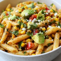 - 8 oz whole wheat pasta (penne or fusilli works well) - 1 cup corn kernels (fresh or frozen) - 1 red bell pepper, diced - 1 small red onion, finely chopped - 1 avocado, diced - 1/4 cup cilantro, chopped - 2 tablespoons olive oil - 2 tablespoons lime juice - 1 teaspoon chili powder - Salt and pepper to taste Whole wheat pasta is the base for this dish. It adds fiber and keeps you full. I love using penne or fusilli because they hold the dressing well. Fresh corn kernels bring sweetness and crunch. You can use frozen corn if fresh isn't available. The diced red bell pepper adds color and flavor. Red onion gives a nice bite to the salad. Avocado makes it creamy and rich. Don’t forget the chopped cilantro; it adds freshness. The dressing has olive oil, lime juice, and chili powder. This mix gives a zesty kick. - 1/4 cup feta cheese, crumbled (optional) - Additional seasonings like garlic powder or cumin Feta cheese is a delightful addition. It adds a salty flavor that pairs well with the sweet corn. If you want more spice, consider adding garlic powder or cumin. These spices can boost the flavor and make it unique. This salad is versatile. You can adjust it based on what you have on hand. Enjoy making it your own! {{ingredient_image_1}} To start, you need to cook the whole wheat pasta. Use 8 ounces of penne or fusilli. Bring a pot of salted water to a boil. Add the pasta and cook it according to the package instructions. This usually takes around 8 to 10 minutes. Once the pasta is tender, drain it in a colander. Rinse it under cold water. This cools the pasta and stops the cooking process. Set the pasta aside while you prepare the other ingredients. For the corn, you can use either fresh or frozen kernels. If you're using fresh corn, you will need about one cup. Heat a large skillet over medium heat. Add the corn and sauté it for about 5 to 7 minutes. Stir often to avoid burning. You want the corn to be slightly charred and fragrant. This gives it a nice depth of flavor. Once done, remove the skillet from the heat. Let the corn cool before adding it to the salad. In a large mixing bowl, combine the cooled pasta and charred corn. Next, add one diced red bell pepper, one finely chopped small red onion, and one diced avocado. These ingredients add color and crunch to the salad. For the dressing, whisk together 2 tablespoons of olive oil, 2 tablespoons of lime juice, and 1 teaspoon of chili powder in a small bowl. Season it with salt and pepper to taste. Drizzle this mixture over the pasta salad. Gently toss everything to combine well. Finally, add 1/4 cup of chopped cilantro and, if you like, 1/4 cup of crumbled feta cheese. Toss again to mix evenly. Taste the salad and adjust the seasoning if needed. This step is key to making the flavors pop! To make your Healthy Street Corn Pasta Salad shine, focus on presentation. Serve it in a large bowl or on a colorful platter. This draws attention and makes it inviting. You can also layer the ingredients for a fun look. For garnishing, fresh cilantro leaves add a nice touch. Lime wedges alongside the salad offer a burst of color and flavor. You can also sprinkle extra feta cheese on top for a creamy finish. To avoid overcooking pasta, watch the clock closely. Start testing the pasta a minute or two before the package time ends. You want it al dente, or firm to the bite. Rinse it under cold water right after draining to stop the cooking. Ensuring flavor balance is key. The lime juice and chili powder bring brightness and spice. Taste as you mix to adjust salt and pepper. Each ingredient should shine without overpowering others. For fresh corn, local farmers' markets are the best spots. They often have sweet, ripe corn that tastes amazing. Grocery stores also carry fresh corn, but check for quality. If fresh corn is hard to find, frozen corn works well too. It is picked at peak freshness and tastes great. You can also use canned corn in a pinch, but rinse it first to remove extra salt. Pro Tips Use Fresh Ingredients: Whenever possible, opt for fresh corn and vegetables for the best flavor and texture in your pasta salad. Customize Your Dressing: Feel free to add garlic, cumin, or even a dash of hot sauce to the dressing for an extra kick! Chill Before Serving: For optimal taste, refrigerate the salad for at least 30 minutes before serving to let the flavors meld. Make It a Meal: Add grilled chicken or shrimp to turn this salad into a satisfying main dish. {{image_2}} You can boost your Healthy Street Corn Pasta Salad with protein. If you love meat, try grilled chicken or shrimp. These options add flavor and keep you full. For a plant-based choice, add black beans or chickpeas. They are tasty and pack a protein punch. You can also use tofu for a nice texture. If you need gluten-free options, swap whole wheat pasta for gluten-free pasta. Many brands make great options that taste just as good. For a vegan salad, skip the feta cheese. You can also use a plant-based dressing. This way, everyone can enjoy this dish, no matter their diet. Spice up your pasta salad with fresh herbs or spices. Try adding cumin for warmth or smoked paprika for depth. Fresh basil or green onions can add a nice twist, too. Don't be afraid to mix and match flavors. This salad is your canvas, so have fun with it! How Long It Lasts You can keep this salad in the fridge for up to three days. After that, it may lose some taste and texture. Always check for freshness before eating. Container Recommendations Use an airtight container to store the salad. Glass or plastic containers work well. Make sure the lid fits tightly to keep out air and moisture. Best Practices for Freezing Freezing this salad is not the best option due to the avocado. If you want to freeze it, leave out the avocado and feta. This way, other parts will freeze better. Thawing Tips To thaw, place it in the refrigerator overnight. This helps it defrost slowly and keeps the flavors intact. Avoid using a microwave, as it can change the salad's texture. How to Refresh After Storage If you want to serve it warm, add a splash of olive oil and mix well. You can also sauté it for a few minutes in a pan. This brings back some warmth and flavor. Serving Cold vs. Warm This salad tastes great served cold or warm. If you prefer it cold, enjoy it straight from the fridge. For a warm twist, heat it up slightly. Both ways are delicious! Yes, you can use canned corn. Canned corn saves time. However, fresh corn brings better texture and flavor. Nutritionally, fresh corn has more vitamins and antioxidants. Canned corn may have added salt or sugar. Always check the label for healthy choices. If you use canned corn, rinse it well to cut down on sodium. You can make this salad a day in advance. This gives the flavors time to blend. To keep it fresh, store it in an airtight container. Add the avocado and cilantro closer to serving time. This keeps them from browning. If you prep the dressing ahead, store it separately. Mix it in just before serving for the best taste. This salad pairs well with grilled chicken. Try it alongside fish tacos for a fun twist. It also goes great with barbecued ribs or a veggie burger. For sides, serve with tortilla chips or fresh fruit. A light dessert, like sorbet, can balance the meal too. This blog covered how to make a tasty corn pasta salad. We looked at key ingredients, from whole wheat pasta to fresh corn, veggies, and herbs. I shared steps for cooking, mixing, and serving this dish. Plus, I gave tips for variations and storage. Remember, you can make this salad your own with different proteins, flavors, and dietary needs. Enjoy creating a fresh and delicious meal that fits your taste!