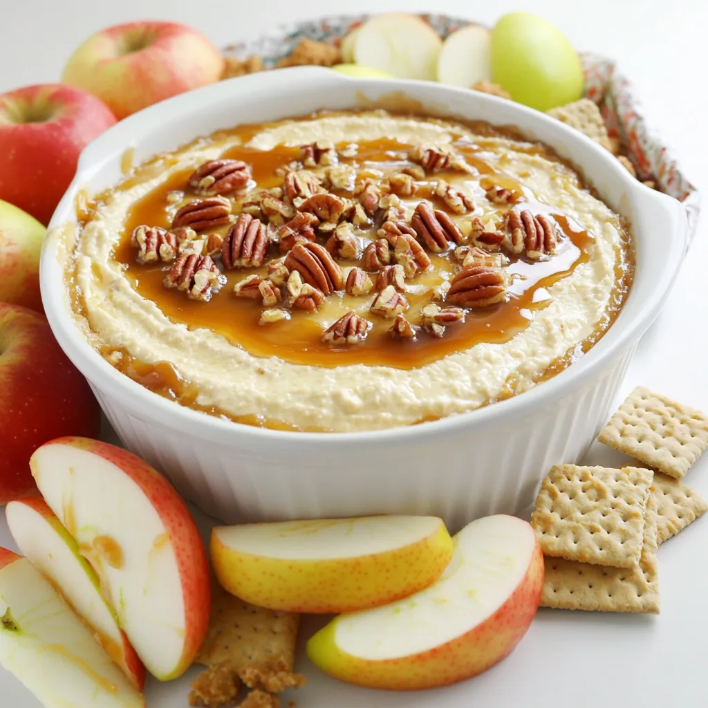 To make this dip, you need a few key items: - 1 package (8 oz) cream cheese, softened - 1/2 cup powdered sugar - 1/2 teaspoon vanilla extract - 1 cup apple pie filling - 1/2 cup caramel sauce (store-bought or homemade) - 1 teaspoon cinnamon These ingredients create a creamy base and a sweet taste that pairs well with apples. You can add more flavor with these optional items: - 1/4 cup chopped pecans (for a nice crunch) Adding pecans gives a great texture and extra taste to the dip. To enjoy this dip, I suggest using: - Sliced apples - Graham crackers These items complement the dip well. Sliced apples bring freshness, while graham crackers add a sweet crunch. You can mix and match for fun! Start by taking your cream cheese out of the fridge. Let it sit until it’s soft. This helps it mix better. In a mixing bowl, use an electric mixer to beat the cream cheese. Mix until it’s smooth and creamy. Now, slowly add in the powdered sugar. While mixing, pour in the vanilla extract. Keep mixing until everything is fluffy and combined. Next, it’s time to add some fun flavors. Take your apple pie filling and fold it gently into the cream cheese mix. Use a spatula for this, so you don’t break the apples. Then, sprinkle in the cinnamon. Fold it in until you see a nice swirl of apple and spice throughout the cream cheese. Now, grab a serving bowl. Transfer your cream cheese mixture into it and spread it out evenly. Drizzle caramel sauce over the top. Be generous; it makes it extra tasty! If you like, sprinkle chopped pecans for some crunch. Now your dip is ready! Serve it right away with sliced apples and graham crackers. Enjoy the sweet and creamy flavor! Serve this caramel apple cheesecake dip with sliced apples and graham crackers. The crunch of the crackers pairs well with the creamy dip. You can also try using pretzel sticks for a salty twist. This dip is great for parties, gatherings, or cozy nights in. Use a shallow, round dish for the dip. Spread the dip evenly and drizzle caramel on top. For a pop of color, surround the dish with bright apple slices and graham crackers. You can add a sprinkle of chopped pecans for a nice touch. Drizzle extra caramel around the edge for an eye-catching finish. To get a smooth dip, beat the cream cheese until it's creamy. Mix in powdered sugar and vanilla slowly for fluffiness. When you fold in the apple filling, do it gently. This keeps the dip light and airy. If you want it thicker, add more cream cheese. For a creamier dip, mix in a splash of whipped cream. {{image_2}} You can change the flavor of this dip with different pie fillings. Try cherry or blueberry pie filling for a fun twist. Each option brings its own taste. You can also mix in different spices like nutmeg or ginger for added depth. Experimenting keeps things exciting at your parties. If you need a vegan dip, swap the cream cheese for a vegan cream cheese. Use maple syrup instead of powdered sugar for sweetness. Ensure your caramel sauce is dairy-free as well. These changes help everyone enjoy this treat, no matter their diet. For autumn, add pumpkin spice to the dip. You can also use sliced pears instead of apples for a fall flair. In winter, try peppermint extract to make it festive. This dip can easily adapt to any holiday, making it a year-round favorite. To store leftover caramel apple cheesecake dip, place it in an airtight container. Make sure to cover it well to keep it fresh. You can use plastic wrap or a tight lid. Store the dip in the fridge. It will stay safe and tasty for a few days. This dip is best served cold. You usually do not need to reheat it. If you want to warm it up, do so gently. Use a microwave on low power. Heat it in short bursts of 10 to 15 seconds. Stir in between until it's just warm and creamy. Be careful not to overheat it. The dip lasts about 3 to 5 days in the fridge. After that, its taste and texture may change. If you see any signs of spoilage, like off smells or color changes, toss it out. Always check before eating leftovers to ensure they are safe. Yes, you can make this dip ahead of time. It stores well in the fridge. Prepare it and place it in a bowl. Cover it tightly with plastic wrap. When you are ready to serve, just add the caramel sauce. This will keep it fresh and tasty. If you want a cream cheese substitute, use Greek yogurt. It has a nice, creamy texture. You can also try mascarpone cheese for a richer flavor. Both options will work well in this dip. Just make sure to adjust the sweetness if needed. To keep your dip thick, avoid adding too much liquid. Drain any excess liquid from the apple pie filling. Mixing in the powdered sugar helps thicken the dip as well. Serve it right after mixing for the best texture. This blog post covered everything you need for a tasty cream cheese dip. We explored the main ingredients, optional add-ins, and the best items for dipping. I shared step-by-step instructions for preparation and assembly. You learned useful tips for serving and presentation, plus variations for different tastes and diets. We also discussed how to store leftovers and answered common questions. Enjoy making this dip for your next gathering. It will impress your guests and satisfy their cravings!