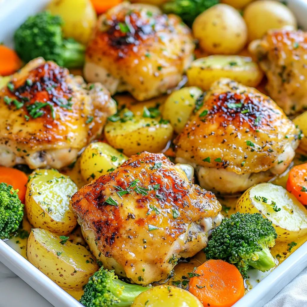 - 4 boneless, skinless chicken thighs - 2 cups baby potatoes, halved - 1 cup broccoli florets - 1 cup carrots, sliced - 4 tablespoons unsalted butter, melted - 4 garlic cloves, minced - 2 teaspoons dried thyme - 2 teaspoons paprika - Salt and pepper to taste - Fresh parsley for garnish For this dish, I love using chicken thighs. They stay juicy and tender. Baby potatoes add a nice texture. Broccoli and carrots bring color and nutrition. Garlic and butter tie all the flavors together. Seasoning gives it a warm, savory kick. When cooking for four, I use about four chicken thighs. Each thigh is a good portion. I pair them with two cups of baby potatoes. For veggies, one cup each of broccoli and carrots works well. If you want less or more, just adjust the amounts. If you don’t have certain ingredients, that’s okay! You can swap chicken thighs for chicken breasts. Any hearty veggies work. Try bell peppers, zucchini, or snap peas. For the best flavor, I recommend using boneless, skinless chicken thighs. They cook evenly and soak up flavor well. Fresh vegetables always taste better, but frozen works too. Frozen veggies are often picked at their peak. They can save time and still taste great. {{ingredient_image_1}} 1. Preheating the oven Preheat your oven to 400°F (200°C). This step is key to cooking the chicken and veggies evenly. 2. Mixing garlic butter In a small bowl, mix 4 tablespoons of melted butter with 4 minced garlic cloves, 2 teaspoons of dried thyme, 2 teaspoons of paprika, salt, and pepper. Stir until well combined. This mixture brings rich flavor to your dish. 1. Placing chicken and veggies on the sheet pan Take a large sheet pan and place 4 boneless, skinless chicken thighs in the center. Surround the chicken with 2 cups of halved baby potatoes, 1 cup of broccoli florets, and 1 cup of sliced carrots. This layout ensures every ingredient cooks well. 2. Drizzling garlic butter Drizzle the garlic butter mixture over the chicken and veggies. Make sure everything gets a good coat. Then, toss the veggies lightly to ensure they are well covered in the garlic butter. 1. Baking time and temperature Place the sheet pan in the preheated oven. Bake for 25-30 minutes. This time is just right for the chicken and veggies to cook through. 2. Using a meat thermometer To check if the chicken is done, use a meat thermometer. The internal temperature should reach 165°F (75°C). This ensures your chicken is safe to eat and juicy too. To ensure even cooking, cut your veggies into similar sizes. This helps them cook at the same rate as the chicken. Place the chicken thighs in the center of the pan. Arrange the veggies around them. This way, the heat circulates well. For crispy chicken skin, pat the chicken dry before seasoning. This helps the skin brown nicely. Use high heat, like 400°F (200°C), to get that perfect crunch. You can also broil the chicken for the last few minutes. This will give it a golden finish. Consider adding lemon juice or zest for brightness. Lemon pairs well with garlic and butter. Fresh herbs, like rosemary or thyme, add depth. You can also try adding a pinch of red pepper flakes for heat. Adjust spices to suit your taste. Don't be afraid to experiment! Pair your dish with a fresh salad or rice for a complete meal. A simple green salad with a light vinaigrette works well. You can also serve it with crusty bread to soak up the garlic butter. Garnish your dish with fresh parsley for a pop of color. It makes the meal look extra inviting! Pro Tips Use Fresh Garlic: Freshly minced garlic offers a stronger flavor compared to pre-minced or powdered garlic, enhancing the overall taste of the dish. Chicken Thighs Over Breasts: Choosing chicken thighs ensures juiciness and tenderness, making for a more flavorful and satisfying meal. Veggie Variety: Feel free to mix in other vegetables like bell peppers or zucchini for added color and nutrition, just adjust cooking times as needed. Resting Time: Allowing the chicken to rest after baking lets the juices redistribute, resulting in a moister and more flavorful bite. {{image_2}} You can use many seasonal vegetables in this dish. Try zucchini or bell peppers in summer. In fall, use butternut squash or Brussels sprouts. Each veggie adds a new taste. You can switch up flavors by mixing in green beans or asparagus too. Just cut them to similar sizes for even cooking. For chicken, you can use breasts or drumsticks. Chicken breasts cook faster but may dry out. Drumsticks have more flavor and stay juicy. If you want a vegetarian option, try chickpeas or tofu. Both soak up flavors well and make a great meal. Adding different spices can change the vibe of this dish. Try cumin for a warm taste or chili powder for heat. You can also add lemon zest for brightness. For marinades, mix olive oil, herbs, and your favorite spices. Let the chicken soak for a few hours for the best flavor. To store leftovers, let the dish cool first. Place the chicken and veggies in an airtight container. Keep it in the fridge for up to three days. For reheating, use the oven or microwave. Heat until the chicken reaches 165°F (75°C) for safe eating. This keeps the flavors fresh and the chicken juicy. If you want to freeze the dish, wait until it cools down. Place the chicken and veggies in a freezer-safe bag or container. Remove as much air as possible to prevent freezer burn. You can freeze it for up to three months. When ready to eat, thaw it overnight in the fridge. Reheat in the oven for best results. This helps maintain texture and taste. In the fridge, your leftovers last about three days. In the freezer, they can stay good for three months. Always check for signs of spoilage before eating. If it smells off or looks different, it's best to discard it. These steps help you enjoy your sheet pan garlic butter chicken and veggies safely. It takes about 25 to 30 minutes to cook chicken thighs in the oven. The key is to reach an internal temperature of 165°F (75°C) for safety. Use a meat thermometer to check the temperature. This ensures your chicken is both safe and juicy. Cooking times may vary based on your oven or chicken size. Yes, you can make this meal ahead of time! Prepare the dish and store it in the fridge for up to 24 hours before baking. For best results, cover the pan tightly with plastic wrap or foil. When you're ready to eat, bake it straight from the fridge. You may need to add a few extra minutes to the cooking time. If you have leftovers, store them in an airtight container for up to three days. Reheat in the oven or microwave until warmed through. This dish pairs well with many sides. Here are some great options: - Rice: White or brown rice complements the chicken well. - Quinoa: A healthy, nutty option that adds protein. - Salad: A fresh green salad adds crunch and lightness. - Bread: Crusty bread is perfect for soaking up the garlic butter. For drinks, consider serving a light white wine or sparkling water with lemon. These enhance the meal's flavors and freshness. This blog post covers all you need for a great garlic butter chicken and veggies dish. We started with key ingredients, including chicken thighs, fresh veggies, and garlic butter. I shared precise measurements and tips for quality. Step-by-step, I guided you through preparation and cooking. I also offered tips for even cooking and ideas to enhance flavor. Finally, we explored variations and storage methods. With these insights, you can make a meal everyone will love. Enjoy cooking!