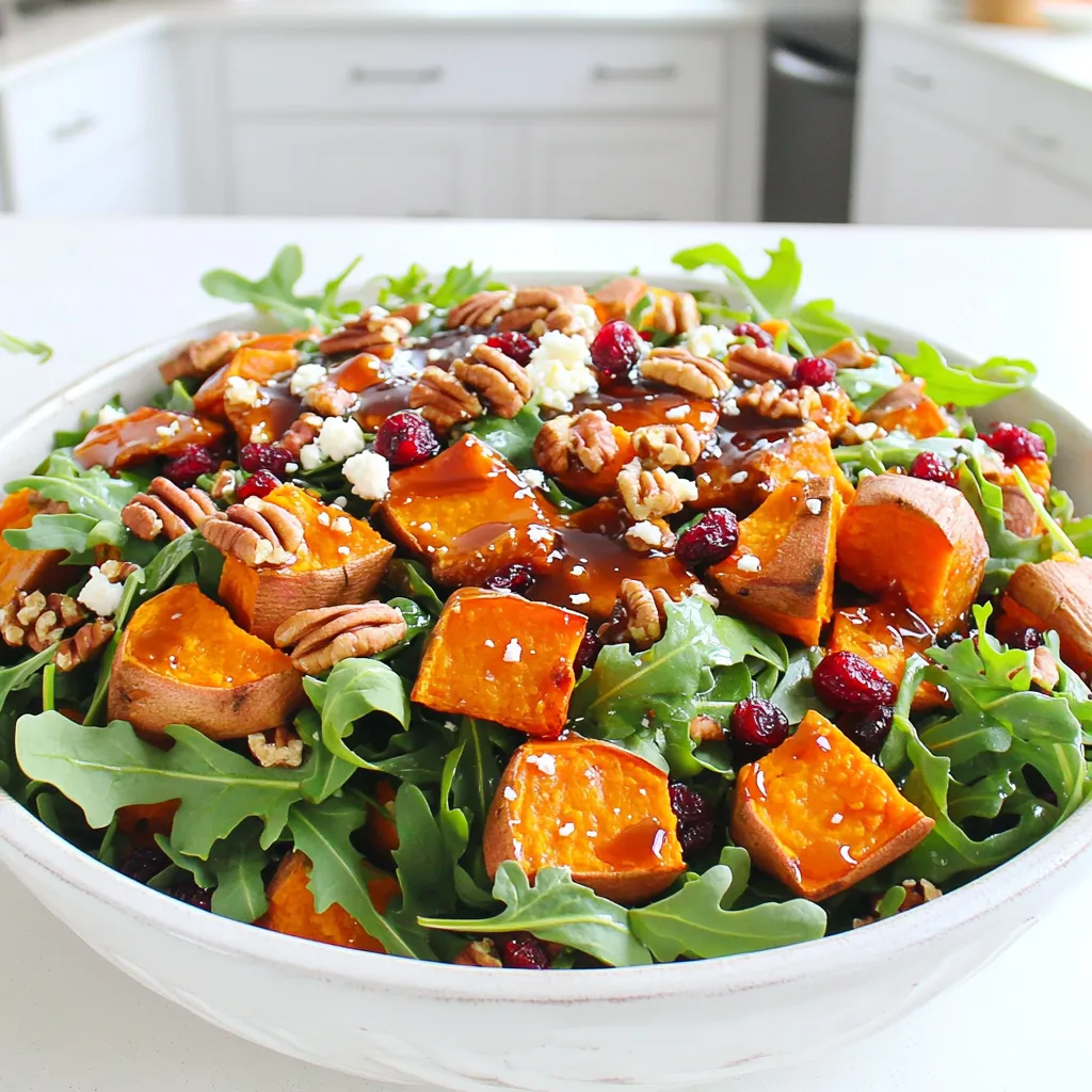 To make a delicious Maple Glazed Sweet Potato Salad, you will need some simple ingredients. Here’s the list: - 2 large sweet potatoes, peeled and cubed - 3 tablespoons olive oil - 1/4 cup pure maple syrup - 1 teaspoon cinnamon - 1/2 teaspoon nutmeg - Salt and pepper to taste - 1/4 cup dried cranberries - 1/4 cup pecans, roughly chopped - 4 cups mixed greens (arugula, spinach, or baby kale) - 1/4 cup feta cheese, crumbled (optional) - 2 tablespoons apple cider vinegar - 1 tablespoon Dijon mustard Each ingredient adds a special touch. Sweet potatoes give a rich, natural sweetness. Olive oil helps in roasting and adds flavor. Maple syrup enhances the sweet taste and gives a nice glaze. Cinnamon and nutmeg bring warmth and earthiness. Dried cranberries add a burst of tartness, while pecans add crunch. You can use any mixed greens you like. Feta cheese is optional but adds creaminess. The dressing, made with apple cider vinegar and Dijon mustard, ties everything together. This salad is not only tasty but also colorful and healthy! First, I preheat the oven to 425°F (220°C). This high heat helps the sweet potatoes cook well. Next, I take two large sweet potatoes, peel them, and cut them into cubes. In a big mixing bowl, I add the cubed sweet potatoes. I drizzle three tablespoons of olive oil over them. Then, I sprinkle in one teaspoon of cinnamon and half a teaspoon of nutmeg. I also add salt and pepper to taste. Finally, I mix everything well until the sweet potatoes are fully coated. After mixing, I spread the sweet potatoes in a single layer on a baking sheet lined with parchment paper. This step helps prevent sticking. I roast them in the oven for about 20-25 minutes. I turn them halfway through to ensure even cooking. The sweet potatoes are done when they are tender and have a lovely caramelized color. While the sweet potatoes roast, I prepare the dressing. In a small bowl, I whisk together two tablespoons of apple cider vinegar and one tablespoon of Dijon mustard. In a large salad bowl, I add four cups of mixed greens, like arugula and spinach. Once the sweet potatoes cool a bit, I add them to the greens. I also toss in a quarter cup of dried cranberries and a quarter cup of roughly chopped pecans. If I want, I can add a quarter cup of crumbled feta cheese. Then, I drizzle the dressing over the salad and toss gently to mix. Finally, I taste and adjust the seasoning with more salt, pepper, or maple syrup as needed. To get that nice caramelization, start by preheating your oven to 425°F (220°C). This high heat helps the natural sugars in sweet potatoes brown well. Cut the sweet potatoes into even cubes. This ensures they cook at the same rate. Toss them with olive oil, maple syrup, cinnamon, nutmeg, salt, and pepper in a bowl. Spread them out on a baking sheet lined with parchment paper. Make sure they are not crowded. Roast for 20-25 minutes, turning halfway through for even browning. To enhance the flavor, consider adding honey or fresh citrus juice to your dressing. This adds a bright flavor that pairs well with sweet potatoes. If you want a twist, try using red wine vinegar or balsamic vinegar instead of apple cider vinegar. For a creamier dressing, swap Dijon mustard for Greek yogurt. This adds protein and a nice tang. For an appealing salad, serve it in a large rustic bowl. Top with extra pecans and cranberries for a pop of color. Drizzle a little more maple syrup on top for shine. This makes the salad look fresh and inviting. Pair this salad with roasted chicken or grilled fish for a complete meal. It also goes well with crusty bread for a cozy dinner. {{image_2}} You can easily make this salad gluten-free and vegan. To do this, skip the feta cheese. Use a vegan cheese or leave it out entirely. Make sure your maple syrup is pure and check for gluten-free labels on other ingredients. For nut-free alternatives, swap out the pecans. You can use sunflower seeds or pumpkin seeds instead. Both options add crunch and taste without nuts. Sweet potatoes shine in this salad, but feel free to use seasonal veggies. In spring, add asparagus or snap peas. In the fall, try roasted carrots or beets. Each swap brings a new twist to the flavor. You can also add fruits or proteins. Apples or pears add sweetness. For protein, try chickpeas or grilled chicken. These swaps keep the salad fresh and interesting year-round. To boost flavor, think about adding herbs or spices. Fresh cilantro or parsley brightens the dish. A pinch of cayenne pepper can also add heat. Different cheese options can enhance taste too. Try goat cheese for a tangy flavor, or skip cheese if you want a lighter salad. Each addition creates a unique experience with every bite. To keep your salad fresh, store it in the fridge. Use an airtight container. This keeps moisture out and flavors in. Always let the salad cool down before sealing it. If you mixed in the dressing, it’s best to eat it within two days. If you keep the dressing separate, it can last longer. If you want to reheat the sweet potatoes, use an oven. Preheat it to 350°F (175°C). Spread the sweet potatoes on a baking sheet. Bake for about 10 minutes. This keeps them crispy. You can eat them cold, too. The salad tastes great either way. Each ingredient lasts a different time in the fridge. Here’s a quick guide: - Roasted sweet potatoes: 3-5 days - Mixed greens: 3-7 days - Dried cranberries: 6-12 months - Pecans: 6-9 months - Feta cheese: 1 week after opening Watch for signs of spoilage. If something smells bad or looks slimy, throw it away. Keeping track helps your salad stay tasty and safe. Yes, you can prepare parts of this salad in advance. Start by roasting the sweet potatoes. After they cool, store them in an airtight container in the fridge. They will stay fresh for up to three days. You can also mix the dressing ahead of time. Just keep it in a separate jar. When you are ready to serve, toss the sweet potatoes with mixed greens, toppings, and dressing. This way, your salad stays crisp and fresh. If you need a substitute for sweet potatoes, try using butternut squash or carrots. Both options offer a sweet flavor and work well in this salad. If you want a lower-carb choice, use cauliflower. It adds a nice texture. For more protein, consider using roasted chickpeas or quinoa in place of sweet potatoes. These options cater to various dietary needs and still taste great. To make this salad heartier, you can add protein sources. Grilled chicken, chickpeas, or black beans are excellent choices. Adding grains enhances the dish too. Try quinoa, farro, or brown rice. These will fill you up while keeping the salad light and fresh. Another option is to include avocado for creaminess and healthy fats. Feel free to mix and match to find your perfect combination! This salad combines sweet potatoes, greens, and tasty toppings to create a nutritious meal. You learned how to prep and roast sweet potatoes, then assemble a delicious salad. Don’t forget the tips to enhance flavor and presentation. Feel free to try different variations to make it your own. With the right storage, you can enjoy leftovers too. Dive into this recipe and discover how easy healthy eating can be.