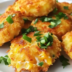 When making cheesy chicken fritters, you need the right ingredients. Here’s what you will need: - 2 cups cooked chicken, shredded - 1 cup shredded cheese (cheddar or mozzarella) - 1/2 cup breadcrumbs - 1/4 cup finely chopped green onions - 1/4 cup grated parmesan cheese - 2 large eggs, beaten - 1/2 teaspoon garlic powder - 1/2 teaspoon onion powder - 1/4 teaspoon black pepper - 1/4 teaspoon salt - Vegetable oil for frying Start with cooked chicken. You can use leftover chicken or rotisserie chicken. Shredding it makes it easier to mix. Next, choose your cheese. Cheddar gives a great flavor, while mozzarella adds a nice stretch. Breadcrumbs are key for crispiness. You can use plain or seasoned ones. Finely chopped green onions add a fresh taste. Grated parmesan gives an extra cheesy kick. Don’t forget the eggs! They help bind everything together. The garlic powder and onion powder add depth of flavor. Season with salt and black pepper to taste. Finally, vegetable oil is best for frying. It helps achieve that golden, crispy exterior. Gather all these ingredients, and you are ready to create a delicious snack! {{ingredient_image_1}} Mixing the ingredients Start by gathering all your ingredients. In a large bowl, combine: - 2 cups cooked chicken, shredded - 1 cup shredded cheese (cheddar or mozzarella) - 1/2 cup breadcrumbs - 1/4 cup finely chopped green onions - 1/4 cup grated parmesan cheese - 2 large eggs, beaten - 1/2 teaspoon garlic powder - 1/2 teaspoon onion powder - 1/4 teaspoon black pepper - 1/4 teaspoon salt Stir everything together until it blends well. The mixture should be sticky but still easy to handle. Refrigeration process Once mixed, cover the bowl with plastic wrap. Place it in the fridge for about 30 minutes. This step helps the mixture firm up. It makes forming the fritters much easier. Frying the fritters After chilling, heat about 1/4 inch of vegetable oil in a large skillet over medium heat. Use a tablespoon to scoop out the mixture. Form it into a patty shape and place it in the hot oil. Don’t overcrowd the pan; this keeps the fritters crispy. Fry them for about 3-4 minutes on each side. Look for a golden brown color for the perfect crunch. Serving suggestions When done, use a slotted spoon to transfer the fritters to a plate lined with paper towels. This helps soak up any extra oil. Serve the fritters warm with ranch or garlic dipping sauce. Add some freshly chopped parsley on top for a nice touch. Enjoy your crunchy and cheesy snack! To make cheesy chicken fritters perfect, refrigeration is key. After mixing the ingredients, chill the mixture for about 30 minutes. This helps it stick together better. A colder mix equals a firmer fritter. Frying tips can change your fritters from good to great. Heat your oil well before adding the fritters. This helps them crisp up nicely. Make sure not to crowd the pan. Fry a few at a time for even cooking. Choosing the right oil matters too. Use vegetable oil for frying. It has a high smoke point, which helps achieve that golden, crispy outer layer. You can boost the flavor of your fritters with extra spices. Try adding paprika or cayenne for some heat. A touch of Italian seasoning can add depth too. When it comes to cheese, the options are endless. Cheddar gives a sharp flavor, while mozzarella adds creaminess. You could even mix them for a balanced taste. Adding some feta can give a nice tang, making each bite exciting. Pro Tips Chill the Mixture: Refrigerating the chicken mixture for 30 minutes helps firm it up, making it easier to form into patties and ensuring they hold together while frying. Oil Temperature: Ensure the oil is hot enough before adding the patties. If it's too cool, the fritters may absorb excess oil and become greasy. Don’t Overcrowd: Fry the fritters in batches to avoid overcrowding the pan, which can lower the oil temperature and result in soggy fritters. Serve Fresh: For the best taste and texture, serve the fritters immediately after frying. They are crispiest when fresh out of the pan! {{image_2}} If you want to make these fritters gluten-free, use gluten-free breadcrumbs. Many brands offer great options that taste amazing. You can also use crushed rice crackers as a substitute. This keeps the fritters nice and crispy without the gluten. For a dairy-free version, try using a dairy-free cheese. Look for options made from nuts or soy. These can melt well and add a cheesy flavor without dairy. You can also skip the cheese altogether and add more spices for flavor. Adding vegetables can boost flavor and nutrition. Try mixing in finely chopped bell peppers or spinach. Shredded carrots also add a nice touch. These veggies bring color and crunch to your fritters. You can also explore different protein options. Instead of chicken, use cooked turkey or even canned tuna. These options work just as well and give a new taste. Try using shredded pork for a smoky flavor. Each protein brings its unique twist to the dish. To keep your cheesy chicken fritters fresh, store them in an airtight container. Place a paper towel inside the container to absorb moisture. This helps maintain crispiness. You can refrigerate the fritters for up to three days. If you have extras, freezing is a great option too. For freezing, wrap each fritter in plastic wrap. Then, place them in a freezer bag. Make sure to remove as much air as possible. You can freeze them for up to three months. Label the bag with the date, so you know when to use them. When it comes to reheating, you have two main options: the microwave or the oven. The microwave is quick but may make the fritters soggy. If you choose this method, heat them for about 30 seconds. Check if they are warm enough and heat more if needed. For a crispier result, use the oven. Preheat it to 375°F (190°C). Place the fritters on a baking sheet. Heat for about 10 minutes, flipping halfway through. This method keeps them crispy and delicious. Yes, you can use leftover rotisserie chicken. It saves time and adds great flavor. Just shred the chicken and mix it into your fritter batter. To spice up the fritters, add some cayenne pepper or crushed red pepper flakes. You can also mix in diced jalapeños for a fresh kick. These fritters pair well with ranch dressing or a garlic dipping sauce. You can also serve them with a fresh salad or coleslaw. Cheesy chicken fritters last about 3 to 4 days in the refrigerator. Just store them in an airtight container to keep them fresh. We covered how to make cheesy chicken fritters, starting with key ingredients like cooked chicken and shredded cheese. I shared step-by-step cooking instructions and key tips for achieving the perfect texture. We also explored variations with dietary options and flavor profiles for custom tastes. Finally, I provided storage tips to keep your fritters fresh and tasty. Now, you’re ready to create these delicious fritters. Enjoy experimenting and sharing your tasty results!