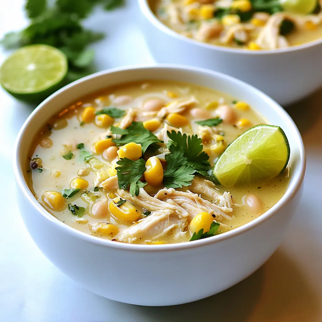 For this dish, you need: - 2 boneless, skinless chicken breasts - 1 can (15 oz) white beans, such as navy or cannellini The chicken provides a tender base. The white beans add creaminess and protein. Together, they form the heart of the chili. Next, gather these fresh veggies: - 1 can (4 oz) diced green chilies - 1 medium onion, diced - 2 cloves garlic, minced - 1 cup corn (fresh, frozen, or canned) These vegetables bring flavor and texture. The chilies add mild heat, while onion and garlic boost the aroma. Corn adds sweetness and color. You will need: - 1 teaspoon cumin - 1 teaspoon chili powder - ½ teaspoon smoked paprika - Salt and pepper to taste These spices create warmth and depth. Cumin and chili powder give it that classic chili taste. Smoked paprika adds a nice, smoky touch. Finally, include: - 4 cups chicken broth - 1 cup heavy cream (or coconut cream for a dairy-free option) The broth keeps everything moist, while the cream makes it rich and smooth. Use coconut cream if you want a dairy-free version. This combination of ingredients makes the perfect crockpot white chicken chili. Each element works together to create a warm, tasty meal. {{ingredient_image_1}} Start by dicing the onion and mincing the garlic. If you use fresh corn, cut the kernels off the cob. This prep takes only a few minutes. Having everything ready makes cooking easier and more fun. Place the chicken breasts at the bottom of the crockpot. Next, add the drained white beans and diced green chilies. Then, add the diced onion, minced garlic, and corn. Sprinkle the cumin, chili powder, and smoked paprika on top. This layering builds flavors as they cook. Pour the chicken broth over the layers. Make sure the chicken is fully submerged. Season with salt and pepper to taste. Cover the crockpot and cook on low for 6-8 hours or on high for 3-4 hours. The chicken should be tender when done. Once cooked, take the chicken out and shred it with two forks. This step adds texture to the chili. Return the shredded chicken to the crockpot. Now, stir in the heavy cream or coconut cream. Let it heat through for about 10-15 minutes. Taste the chili and adjust the seasoning as needed. If you want more flavor, add a pinch of salt or pepper. Serve the chili hot in bowls. Garnish with fresh cilantro and lime wedges for a bright finish. Enjoy your creamy, comforting white chicken chili! You can easily make this chili dairy-free. Just swap heavy cream for coconut cream. It gives a nice, creamy texture without the dairy. You can also use chicken thighs instead of breasts. They add extra flavor and stay juicy. Serve the chili hot in bowls. Top each bowl with fresh cilantro and a squeeze of lime. This adds brightness and flavor. You can also add some shredded cheese or avocado for extra richness. Don't forget to have tortilla chips on the side for crunch! Cornbread pairs well with this chili. Its sweetness balances the spices. Another great option is a simple green salad. It adds freshness to your meal. If you want something heartier, serve rice or quinoa. They soak up the chili and make it more filling. Pro Tips Use Rotisserie Chicken: For an even quicker prep time, substitute the raw chicken with shredded rotisserie chicken. This will cut down on cooking time and add extra flavor. Customize the Heat: If you like your chili spicier, consider adding a diced jalapeño or a pinch of cayenne pepper. Adjust according to your heat preference! Make it Ahead: This chili is perfect for meal prep! Make a big batch and store leftovers in the fridge for up to 4 days or freeze for up to 3 months. Thicken the Chili: If you prefer a thicker chili, you can mash some of the beans before adding the cream, or stir in a cornstarch slurry (1 tablespoon cornstarch mixed with 2 tablespoons water) to the hot chili. {{image_2}} You can swap the chicken for other proteins. Turkey works well if you want something leaner. Pork adds a hearty flavor that many enjoy. If you prefer plant-based meals, use chickpeas or tofu. These choices keep the chili tasty and exciting. Each protein gives the chili its unique flair. Adding vegetables can boost flavor and nutrition. Try diced bell peppers for sweetness. Zucchini adds a nice texture and absorbs flavors well. You can also toss in spinach or kale for greens. These veggies not only make the chili colorful but also add health benefits. Feel free to get creative with what you have! Want some heat? Adding jalapeños is a great choice. You can slice them and mix them in with the other ingredients. If you like it really spicy, use fresh chili peppers or hot sauce. Adjust the amount to fit your taste. This chili can easily be a spicy delight! After you enjoy your chili, let it cool down. Pour it into an airtight container. Make sure to seal it tight. Store it in the fridge for up to three days. If you want to keep it longer, freezing is a great option. To reheat, take the chili out of the fridge. Place it in a pot on low heat. Stir it often to warm it evenly. You can also use the microwave. Just heat it in short bursts, stirring in between. Make sure it reaches a safe temperature before serving. If you want to freeze it, use a freezer-safe container. Leave some space at the top for expansion. It can last for up to three months in the freezer. When ready to eat, thaw it overnight in the fridge. Then, reheat it as mentioned above. Enjoy your chili at its best! Yes, you can use frozen chicken. Just place it in the bottom of the crockpot. Make sure to add a bit more cooking time. It will cook safely and yield tender meat. You can use coconut cream for a dairy-free option. Greek yogurt or sour cream also works well. These keep the chili creamy and rich without dairy. To add heat, include diced jalapeños. You can also add more chili powder or cayenne pepper. Adjust to your taste for the perfect kick! Absolutely! Just increase each ingredient. Ensure your crockpot is large enough to hold everything. This chili is great for feeding a crowd. Leftovers will last about 3 to 4 days in the fridge. Store them in an airtight container. Reheat before serving for best taste. This blog post covered a simple recipe for a flavorful dish. We explored ingredients like chicken, beans, and spices. I provided step-by-step instructions that anyone can follow. You learned helpful tips and variations to suit your taste. Finally, I shared storage guidelines for leftovers and answered common questions. Remember, cooking should be fun and flexible. Try new flavors and enjoy sharing your meals!