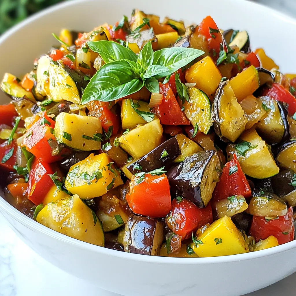 - 1 medium eggplant, diced - 1 medium zucchini, sliced - 1 medium yellow squash, sliced - 1 bell pepper (any color), chopped - 1 medium onion, diced - 3 cloves garlic, minced - 4 ripe tomatoes, chopped (or 1 can of diced tomatoes) Ratatouille shines with fresh vegetables. Each one adds its own taste and texture. The eggplant gives a creamy feel. Zucchini and yellow squash bring a light crunch. Bell peppers add sweetness, while onion and garlic boost flavor. Ripe tomatoes make the stew juicy and rich. - 2 tablespoons olive oil - 1 teaspoon dried thyme - 1 teaspoon dried basil - 1/2 teaspoon red pepper flakes (optional) - Salt and pepper to taste The right seasonings make a big difference. Olive oil is key for sautéing. Dried thyme and basil add depth. Red pepper flakes bring a little heat, if you want. Salt and pepper brighten all the flavors. Together, they create a lovely balance. - Fresh basil leaves Garnishing with fresh basil makes the dish pop. It adds a burst of color and flavor. Just sprinkle it on top before serving. This small step makes your ratatouille feel special and fresh. {{ingredient_image_1}} Start by washing all your vegetables well. This keeps them clean and fresh. Next, gather your tools: a cutting board and a sharp knife. - Dice 1 medium eggplant into cubes. - Slice 1 medium zucchini and 1 medium yellow squash into rounds. - Chop 1 bell pepper into bite-sized pieces. - Dice 1 medium onion into small bits. - Mince 3 cloves of garlic finely. - Chop 4 ripe tomatoes or open a can of diced tomatoes. You can prep all the veggies ahead of time. This makes cooking smoother and faster. Now, let’s get cooking! Heat 2 tablespoons of olive oil in a large pot over medium heat. - Add the diced onion and minced garlic. Sauté until the onion turns translucent, about 5 minutes. - Stir in the chopped bell pepper. Cook for another 3 to 4 minutes until it softens. - Next, add the diced eggplant. Stir and cook for about 5 minutes. The eggplant should begin to soften. - After that, add the sliced zucchini and yellow squash. Cook for an additional 5 minutes. This method builds flavor with each layer of vegetables. Once all the veggies are in the pot, it’s time to add the final ingredients. Stir in the chopped tomatoes, 1 teaspoon of dried thyme, 1 teaspoon of dried basil, and red pepper flakes if you like some heat. Season with salt and pepper to taste. To achieve a perfect simmer, bring the mixture to a gentle boil. Then, reduce the heat to low and cover the pot. Let it simmer for about 30 minutes. Stir it occasionally to blend the flavors. After 30 minutes, taste the Ratatouille. Adjust the seasoning if needed. Serve hot and garnish with fresh basil leaves for a beautiful touch. Enjoy this healthy dish! To make a great Ratatouille, focus on the texture. Cook the onions and garlic until soft. This brings out their sweet taste. Sauté the bell pepper until it softens; this adds a nice crunch. For the eggplant, cook until it starts to soften. This will help it absorb all the flavors. Layer in the zucchini and yellow squash next. They should be tender but not mushy. When seasoning, use salt and pepper at each step. This helps to build flavor. Add dried thyme and basil to the pot. They give a fresh and earthy taste. If you like heat, add red pepper flakes too. Taste and adjust the seasoning before serving. Prep your veggies before you start cooking. Wash and chop the eggplant, zucchini, and squash ahead of time. Store them in the fridge until you’re ready. This makes cooking quicker and more fun. Consider cooking in batches. Make a big pot of Ratatouille and enjoy leftovers. You can freeze some for later too. This way, you have a healthy meal ready whenever you need it. Ratatouille is great on its own, but you can pair it with more. Serve it over rice or quinoa for added texture. You can also use it as a filling for wraps or sandwiches. For a fun twist, try it on top of polenta. It adds a creamy base that pairs well with the stew. Garnish with fresh basil leaves before serving. They add a pop of color and flavor. Pro Tips Choose Fresh Vegetables: Always opt for the freshest vegetables you can find for the best flavor and texture in your ratatouille. Layer Flavors: To enhance the taste, consider adding a splash of balsamic vinegar or a pinch of sugar while cooking the tomatoes. Let It Rest: After cooking, let your ratatouille sit for a few minutes before serving to allow the flavors to meld together. Experiment with Herbs: Feel free to mix in other herbs like oregano or rosemary for a unique twist on the classic recipe. {{image_2}} You can change up the veggies in Ratatouille based on the season. Try using fresh asparagus in spring or butternut squash in fall. You can also add protein to make it heartier. Chickpeas or lentils work well. They add fiber and keep you full longer. You can bake Ratatouille in the oven for a different taste. Slice the veggies thinly and layer them in a dish. Drizzle with olive oil and bake until tender. Grilling is another fun option. This gives a smoky flavor. Just toss the veggies on the grill until they are cooked through. Ratatouille is naturally vegan and gluten-free, making it a great choice for many diets. If you want a low-sodium version, skip the added salt. Use fresh herbs to boost the flavor instead. This way, you can enjoy a tasty dish while meeting your dietary needs. To store leftover Ratatouille, let it cool first. Place it in an airtight container. This keeps it fresh for your next meal. I recommend glass containers for best results. They do not absorb smells and are easy to clean. For long-term storage, you can freeze Ratatouille. Make sure it cools before freezing. Use freezer-safe containers or bags. This way, you can enjoy it for up to three months. When you want to eat it, thaw in the fridge overnight. Reheat in a pot over low heat. Stir occasionally to warm it evenly. In the fridge, Ratatouille lasts about three to four days. Check for signs of spoilage. If it smells sour or looks slimy, it's time to toss it. Always trust your senses when it comes to food safety. Ratatouille is a French vegetable stew. It comes from the Provence region. This dish uses fresh, colorful vegetables. Key ingredients include eggplant, zucchini, and bell peppers. Tomatoes add a nice base. The dish is cooked slowly to blend the flavors. You can serve it warm or cold. Ratatouille is healthy and full of flavor. It’s also a great way to use seasonal veggies. Yes, you can make ratatouille ahead of time. Store it in an airtight container in the fridge. It stays fresh for up to four days. To reheat, warm it on the stove or in the microwave. Add a splash of water if it seems dry. This dish often tastes better the next day. The flavors deepen as it sits. Ratatouille pairs well with many dishes. You can serve it with crusty bread. It also goes great with rice or quinoa. For a heartier meal, serve it with grilled chicken or fish. You can even use it as a topping for pasta. Try serving it alongside a crisp salad for freshness. Ratatouille adds color and flavor to any meal. In this article, we explored how to make a delicious Ratatouille. We covered key ingredients like fresh veggies and herbs, along with cooking steps for perfect flavor. I shared tips to save time and offered variations to suit different tastes. Remember, Ratatouille is versatile and easy to adapt. You can store leftovers well or even freeze them for later. Enjoy experimenting with this classic dish! It's a healthy choice that brings joy to any meal.