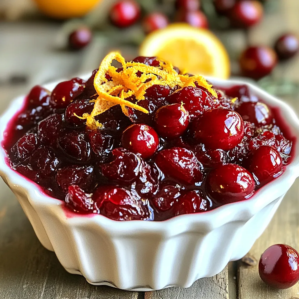 - 12 ounces fresh cranberries - 1 cup dried cherries, chopped - 1 cup sugar - 1 cup water - 1 teaspoon vanilla extract - 1/2 teaspoon cinnamon - Zest of 1 orange - Pinch of salt You can add some fun flavors to your sauce. Here are some ideas: - A splash of orange juice for extra zest - A few tablespoons of chopped nuts for crunch - A dash of nutmeg for warmth You can swap some ingredients if needed: - Use honey or maple syrup instead of sugar for a healthier option. - If you donβt have dried cherries, raisins or dried cranberries work well too. - For a gluten-free option, check that the sugar is pure and safe. {{ingredient_image_1}} Start by rinsing the fresh cranberries under cold water. Remove any stems or bad berries. This step ensures you get the best-sourced ingredients. Next, chop one cup of dried cherries into small pieces. This will add a sweet depth to the sauce. Gather the rest of your ingredients: sugar, water, vanilla extract, cinnamon, orange zest, and salt. Have everything ready before you start cooking. In a medium saucepan, mix one cup of water and one cup of sugar. Stir it over medium heat until the sugar dissolves. Then, add the rinsed cranberries and chopped cherries to the pot. Bring this mixture to a simmer. Once it simmers, stir in one teaspoon of vanilla extract, half a teaspoon of cinnamon, the zest from one orange, and a pinch of salt. Let it simmer for about 10 to 15 minutes. Stir occasionally. You will see the cranberries burst, and the sauce will thicken. Once the sauce reaches the right thickness, remove it from heat. Allow it to cool to room temperature. It will thicken more as it cools. Transfer the sauce to a beautiful serving bowl. I love to garnish it with fresh orange zest or whole dried cherries for a special touch. Place it in the fridge until you are ready to serve. Enjoy this delightful blend of flavors! To get the right thickness, watch the cooking time. Simmer the sauce for 10 to 15 minutes. Stir often as the cranberries burst. If it seems too thin, cook it a bit longer. This lets the sauce reduce and thicken. Remember, it will thicken more as it cools. So, don't worry if it looks a bit runny at first. Adding the right flavors makes this sauce special. The orange zest gives it a bright touch. The vanilla extract adds warmth and depth. Don't skip the pinch of salt; it balances the sweetness. For a little kick, try adding a dash of nutmeg. Mix in some fresh herbs like rosemary for a surprising twist. Taste the sauce as you go. Adjust the sweetness by adding more sugar if needed. One common mistake is not rinsing the cranberries well. This can leave dirt or stems in your sauce. Another mistake is cooking at too high a heat. It can cause the sauce to burn. Stirring too little can also lead to uneven cooking. Make sure to keep an eye on it. Finally, donβt skip cooling the sauce before serving. It helps with the texture and flavor development. Pro Tips Freshness Matters: Always use fresh cranberries for the best flavor and texture. Frozen cranberries can work in a pinch, but fresh will give you that bright, zesty taste. Sweetness Balance: Adjust the sugar based on your taste preference. If you like a tangier sauce, consider reducing the sugar slightly. Flavor Infusion: Let the sauce sit for a few hours or overnight in the refrigerator to allow the flavors to meld together for a more robust taste. Serving Suggestion: This sauce pairs wonderfully with roasted meats, cheese platters, or even as a topping for desserts like cheesecake or ice cream. {{image_2}} You can swap dried cherries for other fruits. Dried apricots add a sweet, tangy taste. Raisins bring a chewy texture and sweetness. Dried figs offer a unique flavor that pairs well. Each fruit changes the sauceβs character, so feel free to experiment. If you want a healthier sauce, consider using honey or maple syrup. These natural sweeteners add depth without refined sugar. Start with less, as they are sweeter than sugar. You can also try coconut sugar, which has a lower glycemic index. Adding spices can enhance your sauce. Try ginger for warmth or nutmeg for a cozy touch. A splash of balsamic vinegar adds complexity and tang. You can also add a little chili powder for a spicy kick. Each spice brings a new twist to your sauce. After you make the cranberry sauce, let it cool. Once cool, place it in a clean jar or airtight container. This keeps the sauce fresh and tasty. Always store it in the fridge if you plan to eat it soon. If you want to keep it longer, freezing is a great option. Homemade cranberry sauce lasts about one week in the fridge. Check for any signs of spoilage before using it. If it looks or smells off, it's best to throw it away. When stored properly, the sauce stays fresh and flavorful for up to a week. To freeze your cranberry sauce, first, let it cool completely. Then, transfer it to a freezer-safe container. Leave some space at the top, as the sauce will expand when frozen. You can freeze it for up to six months. When you're ready to use it, thaw it in the fridge overnight. Reheat it on the stove or in the microwave for the best flavor. Yes, you can use frozen cranberries instead of fresh ones. Frozen cranberries work well in this sauce. They may take a bit longer to cook, so adjust your simmer time. Just ensure you rinse them and remove any stems before adding them to the pot. Frozen cranberries will give you a similar tart flavor. Fresh cherries are juicy and add a bright flavor to the sauce. Dried cherries are sweet and chewy, adding depth. In this recipe, dried cherries help balance the tartness of fresh cranberries. They also thicken the sauce slightly as it cooks. Use both for the best taste and texture. You can make this sauce up to a week ahead. Simply cook the sauce as directed and let it cool. Then, store it in an airtight container in the fridge. The flavors will meld and improve as it sits. Just remember to stir before serving to mix everything well. This blog discussed all you need for making great cranberry sauce. We explored key ingredients, handy tips, and variations to mix things up. You learned how to prepare, cook, and store your sauce effectively. Remember, making your sauce is fun and easy. Don't shy away from experimenting with new flavors or ingredients. With these tips and tricks, you're set for success in the kitchen. Enjoy every bite of your delicious creation!