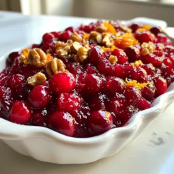 You need 12 ounces of fresh cranberries. Rinse them well to remove any dirt. Fresh cranberries give a bright flavor and a lovely tartness to the dish. One cup of maple syrup is a must. This syrup adds natural sweetness and a rich flavor. It pairs perfectly with the tartness of the cranberries. Use half a cup of orange juice. This juice brightens the relish and adds citrus notes. Fresh juice works best, but bottled is okay in a pinch. You will need one teaspoon of cinnamon, a quarter teaspoon of nutmeg, and a quarter teaspoon of salt. These spices deepen the flavor and create warmth. The cinnamon and nutmeg bring a cozy taste. Chopped walnuts are optional but delightful. If you want to add texture and crunch, use half a cup. They give a nice contrast to the soft cranberries. {{ingredient_image_1}} Start by rinsing 12 ounces of fresh cranberries. Make sure to remove any bad berries. After rinsing, place them in a medium saucepan. Add 1/2 cup of orange juice. Set the heat to medium. Stir occasionally as the cranberries heat up. In about 5 to 7 minutes, you will hear them pop. This means they are ready for the next step. Once the cranberries pop, reduce the heat to low. Now, it’s time to add 1 cup of maple syrup. Then, add 1 teaspoon of cinnamon, 1/4 teaspoon of nutmeg, and 1/4 teaspoon of salt. Stir everything well to mix. Let the mixture simmer for about 5 minutes. You want it to thicken slightly during this time. Next, stir in the zest from 1 orange. If you like nuts, add 1/2 cup of chopped walnuts now. This will add a nice crunch. Cook the mixture for another 2 minutes. The aroma should be amazing! After cooking, remove the saucepan from heat. Allow the relish to cool down to room temperature. As it cools, it will thicken more. Once cooled, transfer it to a serving bowl or an airtight container. Store it in the fridge until you are ready to serve. Enjoy your tasty Maple Cinnamon Cranberry Relish! When making maple cinnamon cranberry relish, start with fresh cranberries. Look for bright, plump berries. Avoid any that are soft or shriveled. Fresh cranberries give the best flavor. Use pure maple syrup over store brands. Pure syrup has a rich taste that enhances the dish. Choose fresh orange juice, not from concentrate. Fresh juice adds a zesty kick. If you like nuts, use good-quality walnuts. Chop them before adding for a nice crunch. To get the right thickness, simmer the relish on low heat. This helps it thicken naturally. Stir occasionally to prevent sticking. If it's too thick, add a splash of orange juice. If it's too thin, simmer longer until it thickens. Remember, it will thicken more as it cools. Let it cool to room temperature before serving. This way, the flavors mix well and taste even better. Adjust the flavor to fit your taste. If you want it sweeter, add more maple syrup. For a spicier kick, increase the cinnamon or nutmeg. You can even add a pinch of ginger for warmth. If you prefer a tangy taste, add more orange zest. Taste as you go and adjust until it's just right. Don’t be afraid to experiment; this relish is all about your flavor preferences! Pro Tips Use Fresh Cranberries: For the best flavor and texture, always opt for fresh cranberries. They provide a vibrant tartness that frozen ones cannot match. Adjust Sweetness: Depending on your taste preference, feel free to modify the amount of maple syrup. You can also substitute with honey or agave syrup for a different flavor profile. Enhance the Flavor: Add a splash of vanilla extract or a pinch of ground ginger to elevate the flavor complexity of your relish. Storage Tips: This relish can be made in advance and stored in the fridge for up to a week. The flavors will deepen and improve over time. {{image_2}} If you want a nut-free version, just leave out the walnuts. The relish still tastes great without them. You will keep all the sweet and tart flavors. This makes the dish safe for those with nut allergies. Your guests will love it just the same! You can add more spices to boost the flavor. Try ginger or cloves for a warm twist. A pinch of allspice can also add depth. Just be careful not to overpower the cranberries. Start with a small amount, then adjust to your taste. If you want to cut back on sugar, use alternative sweeteners. Honey or agave syrup can work well. Maple syrup adds the best flavor, but these options are tasty too. Just remember to adjust the amount to achieve the right sweetness. Enjoy your creative twist on this classic relish! To keep your maple cinnamon cranberry relish fresh, store it in an airtight container. Make sure to let it cool completely before sealing. Place it in the fridge. It will stay good for about one week. Use a clean spoon each time to scoop out some relish. This helps keep it fresh longer. If you want to save it for later, you can freeze the relish. Use a freezer-safe container. Leave some space at the top, as the relish will expand. It freezes well for up to three months. When you're ready to use it, thaw it overnight in the fridge. This relish can last up to a week in the fridge. To check freshness, look for changes in color or smell. If it has a strange odor or looks off, it’s best to toss it. Always trust your senses to keep your food safe. Enjoy this tasty treat while it’s fresh! Yes, you can make this relish a day or two ahead. It actually tastes better after sitting. The flavors blend well as it chills. Just store it in the fridge in an airtight container. Serve it chilled or at room temperature. It pairs great with turkey, ham, or roasted veggies. You can also spread it on toast or use it in a sandwich. You can find pre-made versions at many grocery stores. Look in the condiment aisle or near the canned fruits. Some stores also have fresh versions during the holiday season. Cranberries are full of vitamins and antioxidants. They can help support your immune system. They are also good for your heart and may improve digestive health. Yes, you can use honey or agave syrup instead. These will add a different flavor but still keep it sweet. Just adjust the amount to your taste. This blog post covers making Maple Cinnamon Cranberry Relish. We started with key ingredients like fresh cranberries and maple syrup. Then, we explored step-by-step instructions for preparing and simmering the relish. I shared tips on choosing quality ingredients and achieving the right consistency. We discussed fun variations, storage tips, and answered common questions. Making this relish is easy, tasty, and fun. You can impress guests with your skills. Enjoy your cooking adventure!