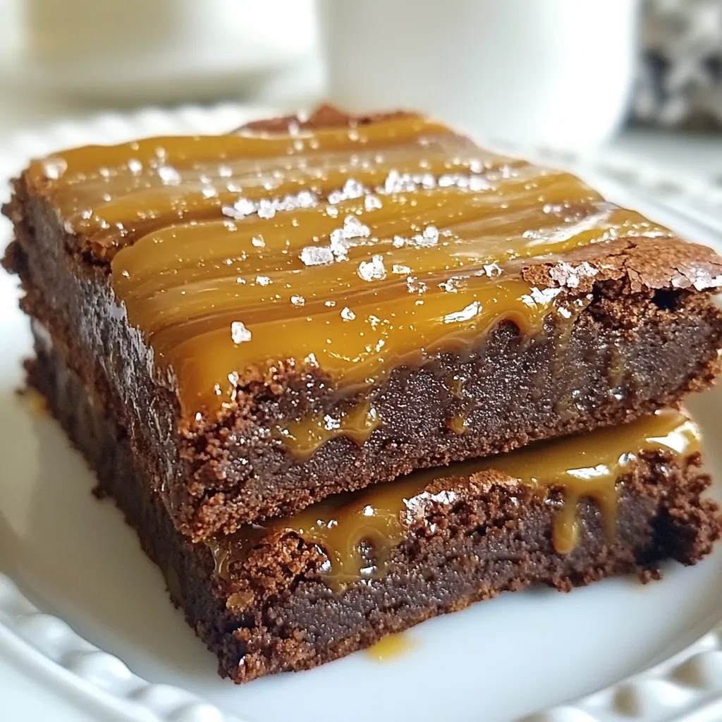 When making Coffee Caramel Brownies, you'll need to gather a few key ingredients. Each one adds to the rich flavor and texture of the brownies. Here's what you need: - 1 cup unsalted butter (2 sticks) - 2 cups granulated sugar - 4 large eggs - 1 teaspoon vanilla extract - 1 cup all-purpose flour - 1/2 cup unsweetened cocoa powder - 1/2 teaspoon baking powder - 1/4 teaspoon salt - 1 tablespoon instant coffee granules - 1 cup chocolate chips - 1 cup caramel sauce (store-bought or homemade) - Sea salt flakes for topping (optional) These ingredients work together to create a brownie that is soft, chewy, and full of flavor. The instant coffee enhances the chocolate taste. The caramel adds a sweet, gooey layer that makes each bite irresistible. You can use homemade caramel or buy it ready-made. Either way, it brings the whole treat together. Make sure you have good quality chocolate chips. They melt nicely and add a rich taste. If you want a little crunch, consider adding nuts or sea salt flakes on top. Each ingredient plays an important role in making these brownies a decadent treat. {{ingredient_image_1}} 1. Prepping the baking pan Start by preheating your oven to 350°F (175°C). Grease a 9x13 inch baking pan. You can also line it with parchment paper for easy removal. 2. Melting the butter and mixing with sugar In a medium saucepan, melt 1 cup of unsalted butter over low heat. Once it's melted, take it off the heat. Stir in 2 cups of granulated sugar until the mixture looks smooth. 3. Adding eggs and coffee to the mix Let the butter mix cool a bit. Now, whisk in 4 large eggs one at a time. Add 1 teaspoon of vanilla extract and 1 tablespoon of instant coffee granules. Make sure to mix well until combined. 4. Combining dry ingredients In a separate bowl, sift together 1 cup of all-purpose flour, 1/2 cup of unsweetened cocoa powder, 1/2 teaspoon of baking powder, and 1/4 teaspoon of salt. Gradually add this dry mix to the wet ingredients. Stir gently until just combined. Avoid overmixing. 1. Layering the brownie batter Pour half of the brownie batter into the prepared pan. Use a spatula to spread it evenly. 2. Drizzling and swirling caramel sauce Drizzle half of the 1 cup of caramel sauce over the brownie layer. Use a knife to gently swirl it through the batter for a marbled look. 3. Baking the brownies Pour the remaining brownie batter over the caramel. Spread it evenly and drizzle with the rest of the caramel sauce. Swirl again if you'd like. Bake in the oven for 25-30 minutes. A toothpick should come out with a few moist crumbs when done. 1. Cooling the brownies properly Take the brownies out of the oven and let them cool in the pan for about 15-20 minutes. 2. Slicing the brownies for serving Once cooled, slice them into squares. This makes for easy serving. 3. Optional: adding sea salt flakes For an extra flavor boost, sprinkle some sea salt flakes on top before serving. Enjoy your delicious Coffee Caramel Brownies! - Ensuring the right oven temperature: Always preheat your oven to 350°F. This helps your brownies bake evenly. Use an oven thermometer for accuracy. - Checking for doneness: Insert a toothpick in the center. If it comes out with a few moist crumbs, your brownies are ready. If it has wet batter, bake a bit longer. - Using high-quality chocolate: Choose a rich, dark chocolate. The better the chocolate, the deeper the flavor. Look for chocolate that is 60% cocoa or higher. - Variations in caramel sauce: You can use store-bought caramel sauce for quick results. For a twist, try adding a pinch of sea salt to your homemade caramel for extra depth. - Overmixing the batter: Mix just until combined. Overmixing makes the brownies tough. - Not letting the brownies cool before slicing: Let your brownies cool for at least 15-20 minutes. This makes slicing easier and keeps them from falling apart. Pro Tips Use High-Quality Chocolate: Opt for good quality chocolate chips for a richer flavor and better texture in your brownies. Don’t Overmix the Batter: Mixing too much can make your brownies tough. Stir just until the ingredients are combined for a fudgier texture. Cool Before Cutting: Let the brownies cool in the pan before slicing to ensure clean cuts and better structure. Add Extra Caramel: For a more indulgent treat, drizzle additional caramel sauce on top just before serving. {{image_2}} If you want to make dairy-free brownies, use coconut or almond butter. These options keep the rich taste. You can also swap granulated sugar for coconut sugar. It adds a slight caramel flavor and is less processed. Add chopped nuts like walnuts or pecans to your batter. They give a nice crunch and flavor. If you want a warm spice, try adding a pinch of cinnamon or a dash of nutmeg. You can also use dark chocolate or white chocolate chips instead of semi-sweet. Each choice creates a new taste experience. Serve your brownies warm with a scoop of vanilla ice cream on top. The cold ice cream melts into the warm brownies, creating a great mix. You can also pair them with a cup of coffee. The coffee brings out the rich flavors. For parties, cut the brownies into small squares and arrange them on dessert platters. They look great and taste even better! You can store your Coffee Caramel Brownies at room temperature. Place them in an airtight container. This keeps them fresh for about three days. If you prefer, refrigerate them to extend their life. They can last up to a week when chilled. Just remember to cover them well to avoid drying out. Freezing is a great option if you want to save some for later. Cut the brownies into squares before freezing. Wrap each piece tightly in plastic wrap, then place them in a freezer bag. This method prevents freezer burn. To thaw, take them out and leave them at room temperature for about an hour. You can also warm them in the microwave for a few seconds. The shelf life of your brownies depends on how you store them. At room temperature, they last around three days. In the fridge, they can last up to a week. If frozen, they stay good for about three months. Always check for signs of spoilage. If they smell off or have a strange texture, it’s best to toss them. To make brownies from scratch, you need a few key ingredients. Here’s a simple recipe: - 1 cup unsalted butter (2 sticks) - 2 cups granulated sugar - 4 large eggs - 1 teaspoon vanilla extract - 1 cup all-purpose flour - 1/2 cup unsweetened cocoa powder - 1/2 teaspoon baking powder - 1/4 teaspoon salt - 1 tablespoon instant coffee granules - 1 cup chocolate chips - 1 cup caramel sauce - Sea salt flakes for topping (optional) Start by melting the butter and mixing it with sugar. Add eggs and vanilla, then stir in coffee. In another bowl, mix the dry ingredients. Combine both mixtures and fold in chocolate chips. Bake for about 25-30 minutes. Yes, you can use brewed coffee. However, this changes the flavor and texture of the brownies. Brewed coffee adds moisture, which may make the brownies softer. Instant coffee dissolves well, giving a stronger coffee taste without adding extra liquid. To cut brownies neatly, use a sharp knife. First, let them cool completely. If they are still warm, they may crumble. To get clean cuts, run the knife under hot water. Wipe it dry before each cut. This helps keep the edges sharp and clean. Yes, you can make these brownies gluten-free. Use a gluten-free flour blend instead of all-purpose flour. Look for a blend that includes xanthan gum for better texture. Always check that your chocolate chips and caramel sauce are gluten-free as well. You now have all the steps to make delicious brownies. You learned what ingredients to use and how to mix them. Following the tips will help you avoid common mistakes. Don’t forget the fun variations you can try. Store them well to keep them fresh. Whether you enjoy them plain or with ice cream, these brownies are a treat. Get ready to impress friends and family with your baking skills!